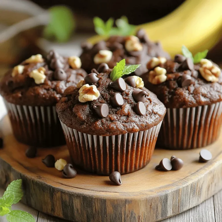 - 2 ripe bananas - 1/2 cup unsweetened applesauce - 1/4 cup honey or maple syrup - 1 teaspoon pure vanilla extract - 1 cup whole wheat flour - 1/2 cup unsweetened cocoa powder - 1 teaspoon baking soda - 1/2 teaspoon baking powder - 1/4 teaspoon fine sea salt - 1/2 cup dark chocolate chips (optional) - 1/4 cup walnuts or pecans (optional) The first step to making healthy chocolate banana muffins is gathering your ingredients. Using ripe bananas gives your muffins a sweet flavor. They also provide potassium and vitamins. The unsweetened applesauce adds moisture without extra fat. You can use honey or maple syrup as a natural sweetener. Whole wheat flour is a great choice here. It has more fiber than white flour, making your muffins more filling. Unsweetened cocoa powder adds a rich chocolate taste without added sugar. Baking soda and baking powder help the muffins rise and stay fluffy. If you want extra flavor, add dark chocolate chips. They make your muffins even more delicious. Chopped walnuts or pecans can add a nice crunch and healthy fats. You can find the full recipe for these muffins to guide you through the cooking process. - Ripe Bananas: Rich in potassium and vitamins - Whole Wheat Flour: Higher fiber content than white flour - Cocoa Powder: Packed with antioxidants Each ingredient plays a role in making these muffins tasty and nutritious. Ripe bananas provide energy and nutrients. Whole wheat flour helps with digestion due to its fiber. Cocoa powder is full of antioxidants, which can protect your body. Together, they create a healthy snack that you can enjoy any time of day. 1. Preheat your oven to 350°F (175°C). This step is key for even baking. 2. Prepare a muffin tin. You can grease it lightly or use muffin liners. This helps with easy removal. 3. In a large mixing bowl, mash the ripe bananas until smooth. 4. Add the unsweetened applesauce, honey or maple syrup, and pure vanilla extract. 5. Mix these wet ingredients thoroughly until you have a uniform consistency. 1. In a separate bowl, sift together the whole wheat flour, unsweetened cocoa powder, baking soda, and fine sea salt. 2. Sifting helps make the flour light and airy. This is important for fluffy muffins. 1. If you want to add extra flavor, fold in dark chocolate chips and chopped nuts. 2. Do this gently to keep the batter fluffy and avoid overmixing. 1. Evenly distribute the batter into each muffin cup. Fill them about three-quarters full. 2. Bake in your preheated oven for 18-20 minutes. 3. Check doneness by inserting a toothpick into the center. It should come out clean or with a few moist crumbs. 4. Let the muffins cool in the tin for about 5 minutes before moving them to a wire rack. For the full recipe, refer to the main section of this article. To make the best muffins, avoid overmixing. This helps keep them fluffy. When you mix too much, the muffins can become dense. Aim to stir just until the ingredients blend together. Using ripe bananas is key. The riper the banana, the sweeter it is. This natural sweetness cuts down on added sugar. Look for bananas with brown spots; they are perfect for baking. You can make these muffins gluten-free. Use gluten-free flour instead of whole wheat flour. This change keeps the texture light and tasty. If you want a vegan option, try a flax egg. Mix one tablespoon of ground flaxseed with three tablespoons of water. Let it sit for five minutes. This mixture works well as an egg substitute. Baking times can vary. Ovens have different temperatures. If your oven runs hot, check muffins a few minutes early. At high altitudes, you may need to bake longer. Keep an eye on them and use the toothpick test to see if they are done. {{image_4}} You can easily make gluten-free chocolate banana muffins. Start by using gluten-free flour instead of whole wheat flour. Almond flour or oat flour works well. You may need to adjust the liquid in the recipe. Gluten-free flours can absorb more moisture. Add a bit more applesauce or banana if the batter seems too thick. This change helps keep the muffins soft and tasty. To make vegan chocolate banana muffins, replace the eggs with a flax egg. Mix 1 tablespoon of ground flaxseed with 2.5 tablespoons of water. Let it sit for about 5 minutes to thicken. Use plant-based milk, like almond or soy, instead of regular milk. This keeps your muffins dairy-free. You can also check for dairy-free chocolate chips for extra sweetness. Want to spice up your muffins? Adding cinnamon can bring warmth and depth. Just 1 teaspoon can make a difference. Nutmeg is another great option. It adds a cozy aroma. You might want to try a pinch of both spices for a delightful twist. These small changes make your muffins unique, fun, and even more enjoyable. For the full recipe, check the link provided! To keep your muffins fresh, use an airtight container. A good option is a glass or plastic container with a tight lid. This helps prevent air from drying them out. You can also place a piece of parchment paper between layers to avoid sticking. Store the muffins at room temperature for up to three days. For longer freshness, put them in the fridge. Freezing muffins is easy and great for later use. First, let the muffins cool completely. Then, wrap each muffin tightly in plastic wrap. You can also use a freezer bag. Squeeze out as much air as you can before sealing. Muffins can be frozen for up to three months. When you are ready to eat them, just thaw at room temperature or microwave for a quick snack. Reheating muffins is simple. You can use the microwave or the oven. For the microwave, heat each muffin for about 15 to 20 seconds. For the oven, preheat it to 350°F. Place the muffins on a baking sheet and heat for about 5 to 10 minutes. This keeps them soft and warm. Enjoy your muffins just like they are fresh from the oven! To check if your muffins are ready, use the toothpick test. Insert a toothpick into the center of a muffin. If it comes out clean or with a few moist crumbs, your muffins are done. This simple test works well every time. Yes, you can use other sweeteners. Agave syrup and coconut sugar are great options. They add sweetness without altering the flavor too much. Just remember to adjust the amount based on sweetness level. If your dough feels too thick, add a splash of milk or more applesauce. These additions help make the batter smoother. Mix gently until you reach your desired texture. Avoid overmixing to keep your muffins light. These muffins last about three days at room temperature. If you store them in the fridge, they can last up to a week. Make sure to keep them in an airtight container to prevent drying out. You can definitely make mini muffins! Just adjust the baking time. Bake them for about 10-12 minutes. Keep an eye on them to avoid overbaking. Mini muffins are perfect for snacks or lunchboxes. For the complete recipe, check out the Healthy Chocolate Banana Muffins [Full Recipe]. For a delicious take on muffins, try my Healthy Chocolate Banana Muffins. They are simple to make and packed with flavor. Here’s the full recipe: - 2 ripe bananas, thoroughly mashed - 1/2 cup unsweetened applesauce - 1/4 cup honey or maple syrup (choose your preference) - 1 teaspoon pure vanilla extract - 1 cup whole wheat flour - 1/2 cup unsweetened cocoa powder - 1 teaspoon baking soda - 1/2 teaspoon baking powder - 1/4 teaspoon fine sea salt - 1/2 cup dark chocolate chips (optional, for extra indulgence) - 1/4 cup walnuts or pecans, finely chopped (optional for added crunch) These ingredients blend to create a moist muffin that you will love. The ripe bananas give natural sweetness. You can also use applesauce to cut down on fat. Whole wheat flour adds fiber, making these muffins a healthier choice. Want more details? Check out the full recipe for instructions. You will find it easy to follow and fun to make! These healthy chocolate banana muffins are easy to make and packed with good stuff. You need ripe bananas, whole wheat flour, and cocoa for flavor and nutrition. Remember to mix your wet and dry ingredients well without overworking the batter to keep your muffins soft. You can tweak the recipe for vegan or gluten-free options too. Enjoy these treats fresh or frozen; they’ll stay tasty for days. Baking these muffins brings joy and health to your kitchen.