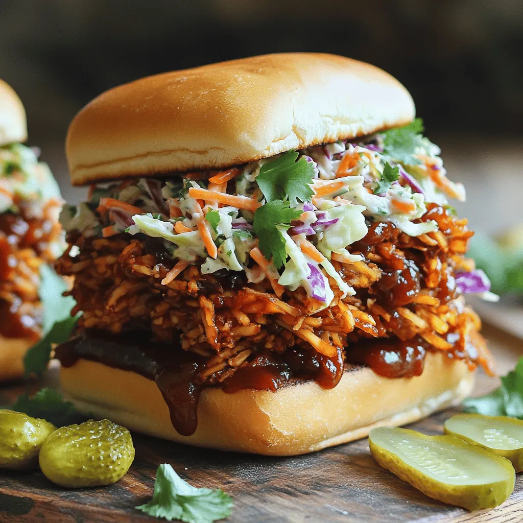 - 2 cans young green jackfruit in water, drained and rinsed - 1 tablespoon olive oil - 1 medium onion, finely chopped - 4 cloves garlic, minced - 1 cup BBQ sauce (store-bought or homemade) - 4 large sandwich rolls or buns - 2 cups coleslaw mix (cabbage and carrot) - 1/2 cup mayonnaise - 2 tablespoons apple cider vinegar - 1 tablespoon sugar - Salt and pepper to taste - Fresh herbs (cilantro or parsley) - Pickles for serving The main players in this dish are jackfruit and BBQ sauce. Jackfruit mimics pulled pork so well that you won't miss the meat. The onion and garlic add a nice depth of flavor. You can use store-bought BBQ sauce or make your own if you prefer. For the coleslaw, I love the creaminess from the mayonnaise and the tang from apple cider vinegar. The sugar balances the flavors perfectly. Don't forget to season with salt and pepper to taste. If you want to add a bit of flair, fresh herbs like cilantro or parsley make great garnishes. Pickles will also add that nice crunch when you serve the sandwiches. This recipe is easy to follow. You can find the full recipe linked above. Prepare these sandwiches for a delicious meal that everyone will love! Start by shredding the jackfruit. Use your hands or a fork. Aim for a texture that looks like pulled pork. Discard any seeds you find. This step helps get the right look and feel for your sandwiches. Next, heat olive oil in a large skillet over medium heat. Once hot, add the chopped onion. Cook for about five minutes until the onions are soft and translucent. This creates a great base flavor for your dish. Then, add the minced garlic and cook for one more minute. Now, mix in the smoked paprika, cumin, and chili powder with the sautéed onions and garlic. Stir everything together. Let the spices cook for about a minute to release their aroma. This will make your pulled jackfruit even tastier. Add the shredded jackfruit into the skillet. Stir it well to coat with the onion and spice mixture. Season with salt and pepper to taste. Then, pour in the BBQ sauce and mix it well. Lower the heat and cover the skillet. Let it simmer for about 20 minutes. Stir occasionally to ensure even cooking. While the jackfruit is simmering, prepare the coleslaw. In a medium bowl, combine the coleslaw mix with mayonnaise, apple cider vinegar, sugar, and a pinch of salt. Toss everything together until well blended. Adjust the seasoning to your taste. After the jackfruit has simmered, take off the lid and cook for another 5 to 10 minutes. This allows it to thicken. Toast the sandwich rolls in the oven or a skillet until golden brown. For assembly, take the bottom half of each toasted roll. Pile on the smoky jackfruit mixture, then add a hearty portion of coleslaw on top. Place the top halves of the rolls on each sandwich. Press down gently to hold everything together. Enjoy your BBQ pulled pork sandwiches with coleslaw! For the complete recipe, check out the Full Recipe. - Choosing quality BBQ sauce: A good BBQ sauce makes a huge difference. Look for sauces with a balanced mix of sweet, tangy, and smoky flavors. Try to pick one that you enjoy tasting. If you have time, making your own BBQ sauce adds a personal touch and can elevate the dish even more. - Adjusting seasonings to taste: Taste as you cook! Adjust the spices to fit your flavor preference. You might like it smokier, or you might want a touch more heat. Don’t be afraid to experiment with spices like cayenne or extra garlic. - Alternative cooking methods: You can use a slow cooker for your pulled jackfruit. Set it on low for 6 hours. The Instant Pot works too. Cook on high pressure for 15 minutes and let it naturally release. Both methods make the jackfruit tender and full of flavor. - Vegan alternatives for coleslaw: You can make a vegan coleslaw by using plant-based mayonnaise. Replace regular mayo with this option. Adding apple slices or raisins can also give your slaw a sweet twist. - Serving techniques for a rustic look: Serve your sandwiches on a wooden board for a homey feel. Layer the sandwiches with extra coleslaw on the side. This adds a nice touch and offers guests more crunch. - Suggested side dishes or accompaniments: Pair your sandwiches with baked sweet potato fries or a fresh fruit salad. Pickles also go great on the side, giving a nice tang that complements the flavors of the BBQ. {{image_4}} You can play with flavors in your BBQ pulled pork sandwiches. Try using spicy BBQ sauce for a kick. This adds heat and depth. You can also swap jackfruit for pulled jackfruit. It gives a sweet and smoky taste. For a fruity twist, add tropical coleslaw. Use pineapple, mango, or apple in your slaw. These fruits give a refreshing contrast to the smoky jackfruit. Feel free to experiment with different bread types for your sandwiches. A crusty baguette or soft brioche can change the experience. You can also make hybrid dishes. Try wraps using tortillas or bowls with rice. These options are fun and easy to eat. They allow you to enjoy the same great flavors in a new way. For those with dietary needs, consider gluten-free options. Use gluten-free rolls or lettuce wraps. This keeps the dish safe for everyone. If you want a lighter meal, you can also make low-calorie alternatives. Reduce the amount of BBQ sauce and use light mayo in the coleslaw. You still get great taste without the extra calories. To store your BBQ pulled pork sandwiches, wrap them tightly in plastic wrap or foil. This keeps the sandwiches fresh. You can also place them in an airtight container. Keep them in the fridge for up to three days. For the coleslaw, store it in a separate container. It stays fresh for about two days. To reheat the jackfruit mixture, use a skillet over low heat. Stir it gently until hot. You can also use a microwave. Heat in short bursts, stirring in between. This helps keep the texture and flavor intact. For the coleslaw, do not reheat. Serve it cold for the best taste. To freeze the jackfruit mixture, let it cool first. Place it in a freezer-safe bag or container. Remove as much air as possible to prevent freezer burn. It can last for about three months. To thaw, place it in the fridge overnight. For the best taste, reheat it slowly. Making BBQ pulled pork sandwiches takes about 50 minutes in total. The prep time is around 20 minutes. You will spend 30 minutes cooking the jackfruit mixture. This quick timeline makes it easy to whip up these tasty sandwiches for any meal. Yes, you can prepare many components the night before. You can cook the jackfruit and store it in the fridge. The coleslaw can also be made ahead of time. Just keep it in an airtight container. This way, all you need to do is assemble the sandwiches the next day. If you can't find jackfruit, you have options. You can use pulled mushrooms or lentils for texture. Both will give a hearty feel to the sandwich. For a meatier option, shredded chicken or pork can also work well. Each choice offers a unique flavor and texture. In summary, we explored how to create delicious BBQ pulled pork sandwiches using jackfruit. We discussed key ingredients, from jackfruit and BBQ sauce to coleslaw and optional garnishes. Steps for preparation included cooking and mixing, along with tips for enhancing flavor and tweaking recipes for variations. Remember, these sandwiches are not just tasty; they also fit various dietary needs. Enjoy the process, and don’t hesitate to make it your own. You are now ready to impress your friends and family with this fun, flavorful meal!