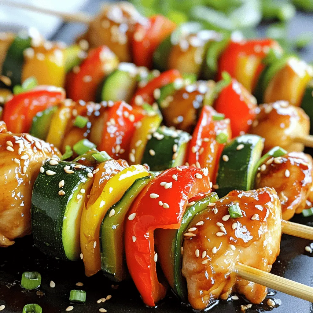To make tasty teriyaki chicken skewers, you need a few key ingredients. Here’s a simple list to guide you: - Chicken and Marinade Ingredients - 1 lb (450g) boneless, skinless chicken thighs, cut into 1-inch pieces - 1/4 cup soy sauce - 1/4 cup honey - 2 tablespoons rice vinegar - 1 tablespoon sesame oil - 2 cloves garlic, minced - 1 teaspoon fresh ginger, grated - 1 tablespoon cornstarch mixed with 2 tablespoons water - Vegetable Ingredients - 1 red bell pepper, cut into 1-inch pieces - 1 green bell pepper, cut into 1-inch pieces - 1 small zucchini, sliced into thick rounds - Bamboo or metal skewers (if using bamboo skewers, soak them in water for 30 minutes prior to grilling) - Garnishing Ingredients - Sesame seeds - Chopped green onions With these ingredients, you can create a fun and flavorful dish. The chicken thighs provide a juicy base, while the veggies add color and crunch. The marinade brings all the flavors together. Check out the Full Recipe for all the cooking steps. Enjoy your grilling! - Mixing the Marinade: Start by mixing the marinade. In a medium bowl, combine soy sauce, honey, rice vinegar, sesame oil, minced garlic, and grated ginger. Whisk until smooth. This mix gives the chicken bold flavors. - Marinating Time Recommendations: Once mixed, divide the marinade in half. Add the chicken to one half and coat it well. Cover and refrigerate for at least 30 minutes. For better taste, let it marinate for up to 2 hours. - Threading Chicken and Vegetables: While the chicken marinates, prepare the vegetables. Cut the red and green bell peppers and zucchini. Thread the chicken and vegetables onto the skewers, alternating them for color. This adds a nice look to your dish. - Tips for a Colorful Presentation: Use a mix of bright colors. This makes the skewers more appealing. Arrange the chicken and vegetables in a fun pattern. Get creative with your combinations! - Preheating the Grill: Heat your grill to medium-high. If you use a grill pan, lightly oil the grates. This helps prevent sticking. - Cooking Times for Perfect Skewers: Place the skewers on the grill. Cook for about 5-7 minutes on each side. The chicken should be fully cooked and have nice grill marks. - Basting for Extra Flavor: In the last few minutes, baste the skewers with the thickened teriyaki sauce. This adds extra flavor and keeps the chicken juicy. Try out this easy teriyaki chicken skewers recipe for a tasty meal! For the full recipe, check the detailed instructions above. - Achieving Optimal Grill Marks: To get great grill marks, preheat your grill. Make sure it's hot before you add the skewers. Place the skewers down and do not move them for a few minutes. This helps create those nice lines. Flip them after about 5-7 minutes. - Checking for Doneness: The chicken should reach an internal temperature of 165°F (75°C). Use a meat thermometer to check. If you don’t have one, cut a piece in the thickest part. The meat should be white, not pink. - Additional Marinade Tips: For a deeper flavor, let your chicken marinate for two hours. You can add more ginger or garlic if you like bold tastes. Try a splash of orange juice for a fruity twist. - Using Fresh Ingredients: Always choose fresh veggies. They add more taste and crunch. Fresh herbs like cilantro can also give your skewers a pop of flavor. - Presentation Ideas for Serving: Arrange the skewers on a big, colorful platter. Add lime wedges and a small bowl of extra teriyaki sauce for dipping. This makes your meal look fun and inviting. - Pairing Recommendations: Serve these skewers with rice or a light salad. A cold drink like iced tea pairs well too. You can even add a side of grilled corn for a summer vibe. {{image_4}} You can change up the protein in this dish. Try shrimp or tofu for a twist. Both options soak up the teriyaki flavor. Shrimp cooks quickly, while tofu adds a nice texture. For veggies, use seasonal choices like asparagus or mushrooms. They add color and nutrition. Experiment with marinades to find your favorite taste. Add orange juice for a citrus kick. You can also mix in some sriracha or chili paste for heat. This gives the skewers a spicy flair. You don't need a grill to enjoy these skewers. You can bake them in your oven. Preheat your oven to 400°F (200°C), and place the skewers on a baking sheet. Bake for 15-20 minutes, turning halfway through. If you have an air fryer, it's a great option too. Place the skewers in the basket and set it to 375°F (190°C). Cook for about 10-12 minutes, flipping halfway. This method keeps them juicy and tender. For the complete flavor guide, check the Full Recipe. Refrigeration Guidelines Once you finish your meal, let the skewers cool. Store them in an airtight container. They can stay fresh in the fridge for about 3 to 4 days. Make sure to keep any extra teriyaki sauce in a separate container. Freezing Options for Skewers If you have more skewers than you can eat, freezing is a great choice. Wrap them tightly in plastic wrap and place them in a freezer-safe bag. You can freeze them for up to 2 months. When you’re ready to eat, just thaw them in the fridge overnight. Best Methods for Quality Retention For the best taste, reheat the skewers in the oven. Preheat your oven to 350°F (175°C). Place the skewers on a baking sheet and cover them loosely with foil. This keeps them moist. You can also use a microwave, but the oven gives better results. Duration for Reheating Reheat the skewers in the oven for about 10-15 minutes. If using a microwave, heat for 1-2 minutes at a time until warm. Check to make sure they are heated evenly. Enjoy your tasty leftovers! I recommend marinating the chicken for at least 30 minutes. This gives the chicken time to soak up the teriyaki sauce. For even better flavor, marinate it for up to 2 hours. This longer time allows the spices and sauce to really shine through. Yes, you can! Feel free to try other sauces like barbecue or soy sauce. Each will give the skewers a unique taste. Just keep in mind that flavors might change. Test a small amount before committing to a new sauce. Soak bamboo skewers in water for at least 30 minutes before grilling. This helps prevent them from burning on the grill. Just fill a bowl with water and place the skewers inside. Simple and effective! Absolutely! You can use gluten-free soy sauce or tamari in the marinade. This way, you keep the great flavor while making it friendly for gluten-free diets. Always check labels to ensure your other ingredients are also gluten-free. - Prep Time: 10 min - Cook Time: 30 min - Servings: 4 I love making teriyaki chicken skewers. They are easy, fun, and full of flavor. This dish lets you enjoy a taste of Japan right from your grill. You can make these skewers for a family dinner or a summer cookout. First, gather your ingredients. You need: - 1 lb (450g) boneless, skinless chicken thighs, cut into 1-inch pieces - 1/4 cup soy sauce - 1/4 cup honey - 2 tablespoons rice vinegar - 1 tablespoon sesame oil - 2 cloves garlic, minced - 1 teaspoon fresh ginger, grated - 1 tablespoon cornstarch mixed with 2 tablespoons water - 1 red bell pepper, cut into 1-inch pieces - 1 green bell pepper, cut into 1-inch pieces - 1 small zucchini, sliced into thick rounds - Bamboo or metal skewers - Sesame seeds and chopped green onions for garnish To start, mix your marinade. In a bowl, combine soy sauce, honey, rice vinegar, sesame oil, garlic, and ginger. Whisk them together until smooth. This tasty blend will soak into the chicken. Next, divide the marinade in half. Add chicken pieces to one half. Coat them well, then cover the bowl. Place this in the fridge for at least 30 minutes. For even better taste, try to marinate for up to 2 hours. While the chicken marinates, prepare your veggies. Take the bell peppers and zucchini. Thread them onto the skewers. Make the colors and shapes pop for a pretty look. After marinating, it’s time for the chicken. Take it out of the fridge. Alternate the chicken pieces and veggies on the skewers. This adds color and makes them look great. Now, let’s thicken the sauce. Heat the remaining marinade in a small saucepan over medium heat. Stir in the cornstarch-water mix. This will make a nice, thick sauce. Cook for 1-2 minutes until it thickens, then take it off the heat. Preheat your grill to medium-high. If you want, lightly oil the grates to prevent sticking. Once it’s hot, carefully place your skewers on the grill. Cook for about 5-7 minutes on each side. The chicken should be fully cooked and have nice grill marks. In the last few minutes, baste the skewers with the thickened teriyaki sauce. When done, let the skewers rest for a few minutes. This helps the juices stay inside the chicken. Drizzle any leftover sauce over the skewers. Finish with sesame seeds and chopped green onions for a fresh touch. You can serve these skewers on a platter with lime wedges. Extra teriyaki sauce on the side is great for dipping. Enjoy this vibrant and tasty meal! In this blog post, we explored the fun of making teriyaki chicken skewers. You learned how to marinate, prepare, and grill the skewers for full flavor. I shared tips for achieving tasty results, like checking for doneness and adding unique flavors. Remember, you can switch ingredients for new tastes or try different cooking methods. Using fresh ingredients and great presentation will impress anyone at your table. Enjoy your cooking, and don’t forget to share your delicious skewers with friends!