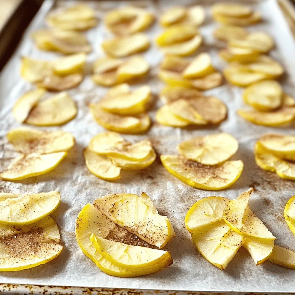 - 3 medium apples (recommended: Fuji or Honeycrisp) - 1 teaspoon ground cinnamon - 1 tablespoon coconut sugar (optional) - A pinch of sea salt To make these healthy baked apple chips, you need just a few simple ingredients. I always choose Fuji or Honeycrisp apples. They have a nice balance of sweetness and tartness. The ground cinnamon adds warmth and flavor, while coconut sugar can sweeten the chips if you like. A small pinch of sea salt enhances the taste. - Calories: About 100 per serving - Fat: 0g - Carbohydrates: 27g - Sugar: 19g Apples are full of fiber, which is great for digestion. They also provide vitamins A and C. These nutrients help your body stay strong. You get a satisfying snack without the guilt. Healthy baked apple chips are a crunchy, nutritious choice! 1. Start by washing the apples. Rinse them under cold water. This removes dirt and wax. 2. Next, core the apples. Use an apple corer or a knife. This makes slicing easier. 3. Slice the apples into thin rounds. Aim for 1/8 inch thick. This helps them get crispy. 1. Now, make the cinnamon-sugar mixture. In a small bowl, mix together: - 1 teaspoon ground cinnamon - 1 tablespoon coconut sugar (optional) - A pinch of sea salt 2. Lay the apple slices on lined baking sheets. Arrange them in a single layer. Avoid overlapping for even baking. 1. Preheat your oven to 225°F (110°C). The low heat helps dry the apples slowly. 2. Bake the apple slices for 1 to 1.5 hours. Flip them halfway through. This ensures they crisp up evenly. 3. Keep an eye on them near the end. You want them golden-brown and crisp. Remove them when they reach this perfect state. Allow the chips to cool completely on the sheets. They will continue to crisp up as they cool. You can find the full recipe above for more details. To make sure your apple chips are crispy, slice the apples thin. Aim for about 1/8 inch thick. Thin slices bake better and dry out faster. If your slices are too thick, they may not crisp up well. The right baking temperature is key too. Bake at 225°F (110°C). This low heat helps the moisture escape without burning the apples. You can add fun flavors to your apple chips. Try sprinkling nutmeg for a warm taste. You can also use other spices like ginger or clove. If you like sweeter chips, add coconut sugar or honey. Just a little goes a long way. You can even skip sugar altogether if you prefer a tart flavor. When it’s time to serve, make it look nice! Use a rustic bowl or a wooden platter. This adds charm to your snack. You can also sprinkle extra cinnamon on top for a pop of flavor. For a fun twist, pair the chips with nut butter for dipping. This adds protein and makes the snack more filling. Enjoy your healthy baked apple chips! For more details, check the Full Recipe. {{image_4}} You can use many types of apples for baked apple chips. Each variety has its unique flavor and texture. Here are some great options: - Fuji: Sweet and crisp, perfect for snacking. - Honeycrisp: Juicy and sweet, they add a nice crunch. - Granny Smith: Tart and firm, they give a tangy bite. - Gala: Mildly sweet, ideal for those who prefer less tartness. Choosing apples for sweetness and crispness makes a big difference. For the best results, select apples that are fresh and firm. You can spice up your apple chips with extra flavor. Here are some fun ideas: - Vanilla: Add a dash of vanilla extract for a warm taste. - Clove: A pinch of ground clove gives a cozy aroma. - Ginger: A bit of ginger adds a zingy flavor. - Citrus Zest: Use lemon or orange zest to brighten the taste. Mix these flavorings with the cinnamon for a tasty twist on your chips. Using a dehydrator can offer a different approach. Here’s how to do it: 1. Prepare the apples as you would for baking. 2. Lay the slices on the dehydrator trays in one layer. 3. Set the temperature to 135°F (57°C). 4. Dry for 6-8 hours, checking for crispness. Pros of Using a Dehydrator: - It uses less energy than an oven. - You can make larger batches. Cons: - It takes longer than baking. - You need a dehydrator. Both methods work well, so choose what fits your needs! If you're interested, check out the Full Recipe for more detailed steps. To keep your baked apple chips fresh, use airtight containers. Glass jars or plastic bags work well. Make sure they are sealed tightly. This keeps air out and helps maintain crispiness. Store your apple chips at room temperature. They stay fresh for about one week. If your chips lose their crunch, you can bring them back. Preheat your oven to 200°F (93°C). Spread the stale chips on a baking sheet. Bake them for about 10 minutes. This helps restore their crispiness. You can also use stale chips in other recipes. Crumble them over yogurt or oatmeal for a tasty topping. You could even mix them into a trail mix. They add a nice crunch and flavor. Healthy baked apple chips can last up to a week when stored properly. To keep them fresh, place them in an airtight container. This will protect them from moisture, which can make them soft. If you notice any moisture inside the container, it’s best to eat them quickly. Yes, you can make healthy baked apple chips without sugar. Using just apples and cinnamon gives you a tasty snack. If you want a little sweetness, try using honey or maple syrup. Just remember, going without sugar can change the taste. The chips may taste less sweet, but the apple flavor shines through. Yes, apple chips are often better than regular potato chips. Apple chips are lower in calories and contain no fat, while potato chips have more calories and fat. Apples are rich in fiber and vitamins, making them a healthier choice. - Nutritional Facts Comparison: - Apple chips: Fewer calories, no fat, high in fiber. - Potato chips: Higher calories, contains fat, low in fiber. You learned how to make healthy baked apple chips from start to finish. We covered the best ingredients, step-by-step instructions, and tips for perfect crispness. You now know about different apple types and flavor options. Storing your chips properly keeps them fresh longer. This snack is easy and fun to make. It’s a great option that is both tasty and healthy. Enjoy your apple chips and share them with friends!