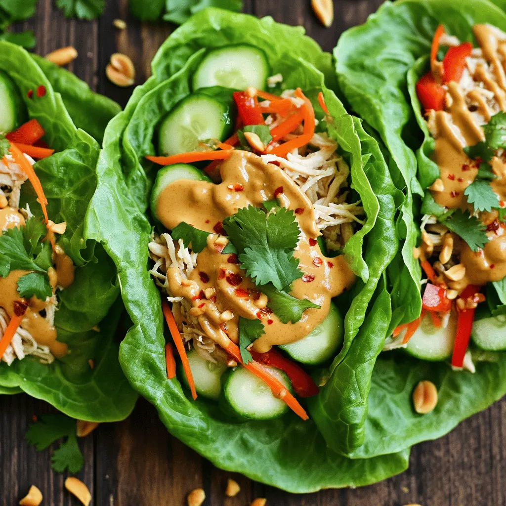 To make these tasty wraps, you need a few simple ingredients. Here’s what to gather: - 2 cups cooked chicken, shredded - 1/2 cup peanut butter - 2 tablespoons soy sauce - 1 tablespoon fresh lime juice - 1 tablespoon honey or maple syrup - 1 teaspoon minced garlic - 1 teaspoon grated fresh ginger - 1 cup shredded carrots - 1 cup cucumber, cut into matchsticks - 1 red bell pepper, thinly sliced - 1/4 cup fresh cilantro, chopped - 4 large lettuce leaves - 1/4 cup chopped peanuts - Red pepper flakes (optional) You can change up the wraps to fit your taste. Here are some fun options: - Avocado slices for creaminess - Sliced scallions for a fresh bite - Cooked shrimp or tofu for a protein twist - Other veggies like bell peppers or radishes for crunch Now, let’s look at what makes these wraps good for you. Each wrap gives you: - Protein from the chicken and peanut butter - Healthy fats from peanut butter and nuts - Vitamins from fresh veggies like carrots and cucumbers - A balance of carbs from honey and veggies These wraps are not just delicious; they also pack a nutritious punch. Enjoy them for lunch or dinner, and feel good about what you eat! For more details, check the Full Recipe. First, gather your ingredients. You need peanut butter, soy sauce, lime juice, honey, minced garlic, and grated ginger. In a bowl, mix the peanut butter, soy sauce, lime juice, honey, garlic, and ginger. Whisk until smooth. Taste it. If you want it sweeter, add more honey. This sauce packs a lot of flavor and is the heart of your wraps. Next, take your cooked chicken. I recommend using grilled or rotisserie chicken for the best taste. In a clean bowl, drizzle half of your peanut sauce over the chicken. Toss it well to coat every piece. This step adds depth to your filling. Set the rest of the sauce aside for later use. Now it's time to wrap! Take a large lettuce leaf and lay it flat. Spoon the peanut sauce-coated chicken into the center. On top of the chicken, add shredded carrots, cucumber slices, and red bell pepper strips. Sprinkle some fresh cilantro for a burst of flavor. If you like spice, add red pepper flakes. Carefully fold the sides of the lettuce around the filling. Secure it with a toothpick if needed. Repeat with the rest of your ingredients. Serve with the leftover peanut sauce on top or as a dip. Enjoy your tasty and easy meal! For the full recipe, check out the detailed guide. To get the best texture in your wraps, use fresh lettuce. Romaine or Butterhead works well. These types hold the filling nicely without tearing. Make sure the chicken is shredded finely. This helps it mix well with the other ingredients. If you want a crunch, add chopped peanuts on top. You can boost the flavor in many ways. Try adding more lime juice for extra zing. If you like it spicy, toss in red pepper flakes. Want a sweeter taste? Add more honey or maple syrup to your sauce. You can also swap the peanut butter for almond butter. This gives a nice twist to the dish. Feel free to mix in other veggies like bell peppers or green onions for added crunch and flavor. One mistake is not tasting the sauce. Always check if it's sweet or salty enough for your liking. Another mistake is overfilling the wraps. If you pack them too tight, they may break. Lastly, don’t skip the resting time. Let the wraps sit for a few minutes before serving. This helps the flavors blend well. For the full recipe, check out the main article. {{image_4}} You can make these wraps vegetarian or vegan with a few simple swaps. Instead of chicken, use cooked tofu or tempeh. Both options soak up flavors well and give you a protein boost. For the peanut sauce, ensure you use maple syrup instead of honey. This keeps things plant-based. You can also add more veggies like bell peppers, zucchini, or even avocado for creaminess. If you need gluten-free wraps, make sure to use tamari instead of soy sauce. Tamari is a great gluten-free alternative that keeps the taste intact. You can also look for gluten-free wraps or lettuce leaves as your base. These wraps are naturally gluten-free, making it easy to enjoy without worry. Feel free to get creative with your fillings. Try shredded cabbage for crunch or add sliced radishes for a peppery kick. You could also include fresh herbs like mint or basil for a flavor boost. Other proteins like shrimp or duck can add a new twist. If you want it spicy, add some jalapeños or sriracha to the chicken mixture. The options are endless! For the complete recipe, check out the Full Recipe. To store leftover wraps, place them in an airtight container. This keeps them fresh. You can keep them in the fridge for up to three days. If you want to keep them longer, consider freezing them. When freezing wraps, wrap each one in plastic wrap tightly. Then, place the wrapped wraps in a freezer-safe bag. This helps prevent freezer burn. You can freeze them for up to one month. Thaw them in the fridge overnight when you are ready to eat. To reheat the wraps, use a microwave or an oven. If using a microwave, heat for 30 seconds, then check. If using an oven, heat at 350°F for about 10 minutes. This warms them without making them soggy. If you want to keep the crunch, consider reheating without the sauce. You can drizzle the sauce on right before eating. Enjoy your Thai Peanut Chicken Wraps, even on day two! Check out the Full Recipe to make them fresh again. Yes, you can use other nut butters. Almond butter works great. Cashew butter is another tasty option. Each nut butter gives a unique flavor. Try them to find your favorite. Just keep the peanut butter's creamy texture in mind. You want your sauce smooth and easy to mix. To keep your wraps crisp, use fresh lettuce. Romaine or Butterhead is best. Avoid wet fillings. Pat veggies dry with a paper towel. You can also layer a slice of cucumber between the filling and leaf. This acts as a barrier. Serve the wraps right after making them for the best crunch. Many side dishes work well with these wraps. Here are some great options: - Fresh fruit salad - Thai cucumber salad - Crunchy veggie sticks - Jasmine rice or coconut rice - Edamame beans These sides add color and flavor to your meal. They also help balance the rich peanut sauce. For the full recipe and more tips, check out the [Full Recipe]. Thai Peanut Chicken Wraps are tasty and simple to make. We discussed key ingredients, including chicken and peanut sauce. You learned how to prepare the filling and assemble the wraps. I shared tips for texture and flavor customization. You can explore vegan and gluten-free options too. Remember to store leftovers properly for later meals. Avoid common mistakes for the best results. Enjoy making these wraps and feel free to change them to suit your taste!