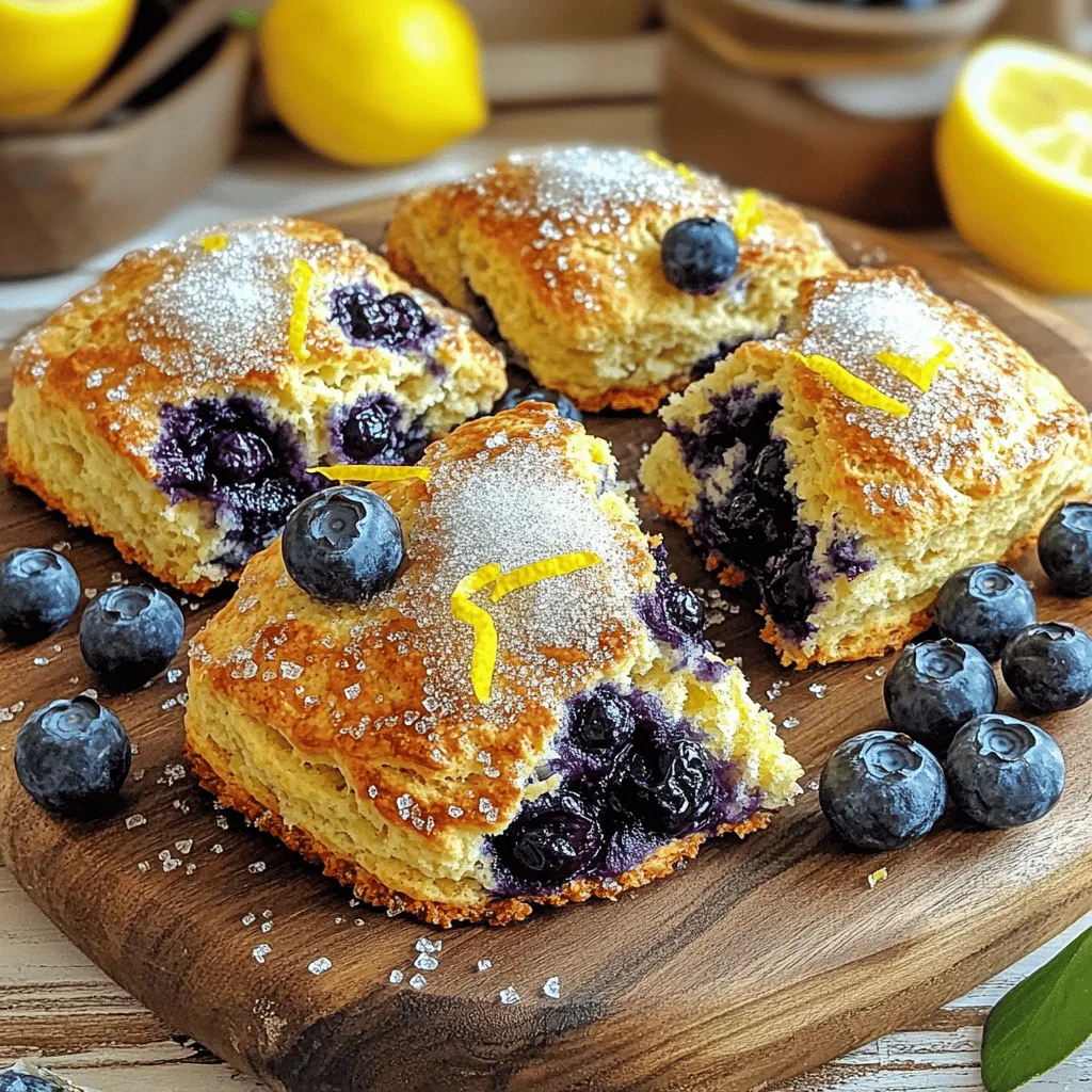- 2 cups all-purpose flour - 1/2 cup granulated sugar - 2 teaspoons baking powder - 1/2 teaspoon baking soda - 1/4 teaspoon salt - 1/2 cup cold unsalted butter - 1/2 cup fresh blueberries - Zest and juice of 1 lemon - 1/2 cup buttermilk - 1 large egg - 1 teaspoon vanilla extract - 1 tablespoon coarse sugar When I make lemon blueberry scones, I focus on using fresh, quality ingredients. The all-purpose flour provides the base, while the sugar adds sweetness. Baking powder and soda help the scones rise, giving them a light texture. A touch of salt balances the flavors perfectly. The special ingredients make these scones shine. Cold unsalted butter is crucial for a flaky texture. I love using fresh blueberries for their burst of flavor. The zest and juice of one lemon brighten the scones and add a refreshing taste. Buttermilk keeps the scones tender, while a large egg binds everything together. A dash of vanilla extract enhances the overall flavor. For the topping, I sprinkle coarse sugar on top. This adds a delightful crunch and a bit of sweetness. You can find the Full Recipe for the scones above. - Preheat your oven to 400°F (200°C). - Line a baking sheet with parchment paper. - Combine 2 cups of flour, 1/2 cup of sugar, 2 teaspoons of baking powder, 1/2 teaspoon of baking soda, and 1/4 teaspoon of salt in a bowl. - Whisk until the mixture is airy and well-mixed. - Add 1/2 cup of cold, cubed butter into the flour mixture. Use your fingers or a pastry cutter to mix until it looks crumbly. - Gently fold in 1/2 cup of fresh blueberries and the zest of 1 lemon. - In a separate bowl, whisk together 1/2 cup of buttermilk, 2 tablespoons of lemon juice, 1 large egg, and 1 teaspoon of vanilla extract. - Pour the wet mixture into the dry ingredients. Mix until just combined. The dough should be slightly sticky. - Lightly flour your work surface and turn the dough out onto it. - Shape the dough into a 1-inch thick disc. Cut it into 8 wedges. - Place the scone wedges on the prepared baking sheet, leaving space between each. - Sprinkle with 1 tablespoon of coarse sugar on top. - Bake for 15-20 minutes until golden brown. For the Full Recipe with detailed measurements and tips, check the ingredient section. To get the best texture in your scones, start with cold butter. Cold butter helps create those flaky layers we love. Cut the butter into small cubes, then mix it into the flour until it looks like crumbs. This step is key! Next, be careful not to overmix the dough. Mix just until the ingredients come together. This keeps your scones light and fluffy. If you mix too much, the scones can become tough. Want a stronger lemon flavor? Add more lemon zest. The zest packs a bright punch that really shines through. You can also experiment with spices. A dash of cinnamon adds a warm touch that pairs well with blueberries. These scones taste best when warm. Pair them with honey or clotted cream for a sweet touch. For a lovely presentation, garnish your plate with extra lemon zest and fresh blueberries. This not only looks pretty but hints at the flavors within. {{image_4}} If you want gluten-free scones, use a gluten-free flour blend. This substitute works well in most recipes. You may need to adjust the baking time. Start checking for doneness around 15 minutes. To make vegan scones, replace the butter with coconut oil. This swap gives the scones a nice flavor. For buttermilk, use plant-based milk mixed with vinegar. This combination mimics the acidity of buttermilk. Get creative with your scones! You can add nuts like walnuts or pecans for a crunchy twist. You can also experiment with other fruits. Try raspberries or strawberries to change the flavor profile. Each option adds its own unique touch to the scones. For the Full Recipe, check the ingredients section. To keep your scones fresh, store them in an airtight container at room temperature. They taste best within 2-3 days. After that, they may start to lose their lovely texture. You can freeze the scones for up to 3 months. Freezing keeps them tasty for later. When you want to enjoy them, reheat in the oven. This helps restore their soft and flaky texture. Thaw the scones overnight in the refrigerator before reheating. This ensures they warm up evenly. Reheat them in the toaster or oven for the best results. You'll enjoy that fresh-baked taste again! - Yes, prepare the dough, cut into wedges, and refrigerate until ready to bake. This makes it easy to enjoy fresh scones in the morning. - Use a mixture of milk and vinegar or yogurt for a similar effect. This keeps your scones moist and flavorful without needing buttermilk. - Look for a golden brown color on the edges, and a toothpick should come out clean. This is a simple way to check if they are baked just right. - Yes, but do not thaw them to avoid a soggy texture. Frozen blueberries can still add that burst of flavor and color to your scones. - Store them in an airtight container at room temperature for short-term, or freeze for long-term. This keeps them fresh and tasty for days. - The Full Recipe for these delicious scones can be found in the ingredient section. Lemon blueberry scones are easy to make with simple ingredients. You learned the steps to prepare, bake, and store them. I shared tips for great texture and flavor. You can also try gluten-free or vegan versions for variety. Enjoy these scones fresh or warm, paired with honey or cream. They are a tasty treat for any time of day.