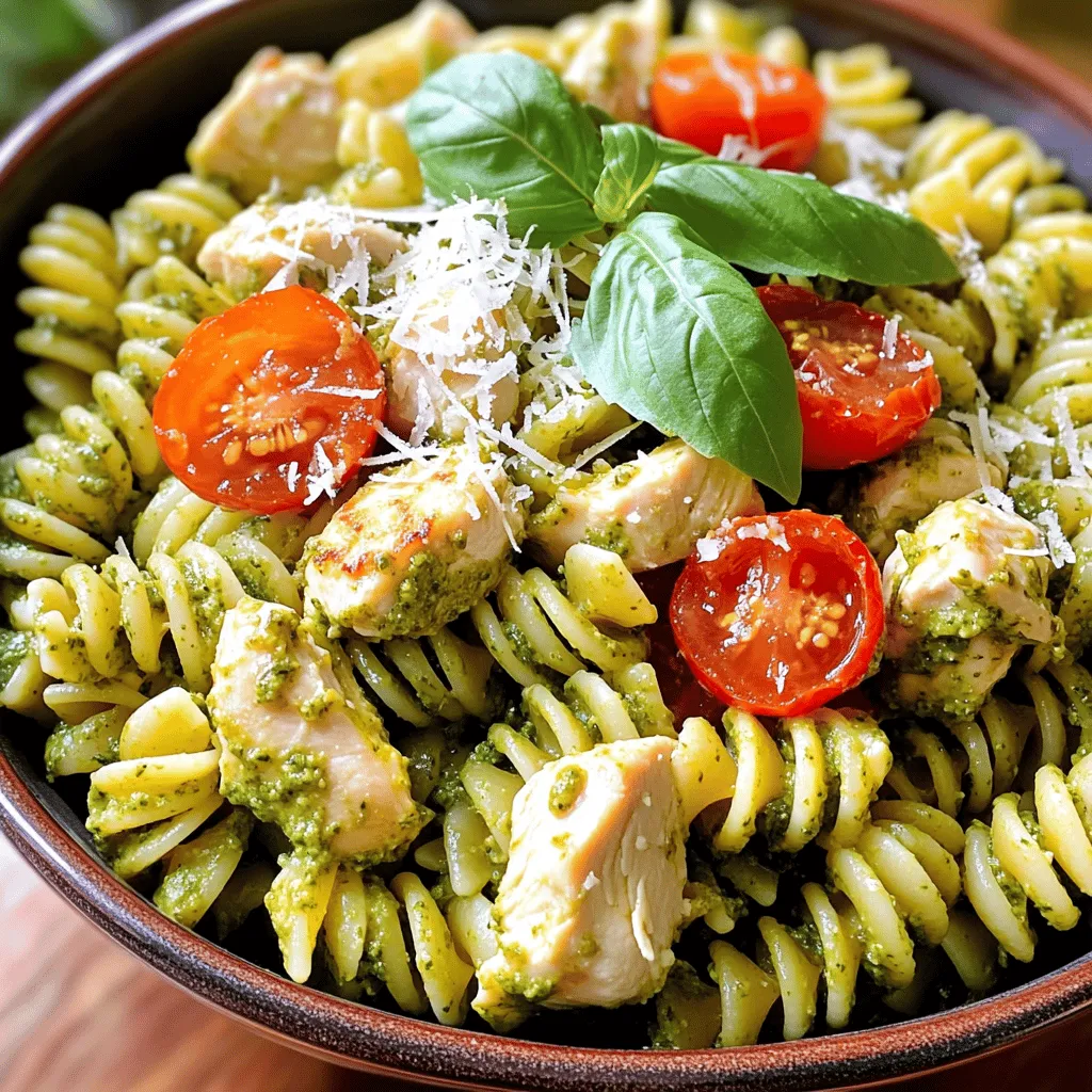 To make this easy chicken pesto pasta, you need a few simple ingredients. Each one adds flavor and texture to your dish. Here is the list of ingredients you'll need: - 2 cups rotini pasta - 2 tablespoons extra virgin olive oil - 2 boneless, skinless chicken breasts, diced into bite-sized pieces - Salt and freshly cracked black pepper to taste - 1 cup basil pesto (store-bought or homemade) - 1 cup cherry tomatoes, halved - ½ cup freshly grated Parmesan cheese - A handful of fresh basil leaves for garnish These ingredients come together to create a quick and delightful meal. The rotini pasta holds the sauce well, while the chicken adds protein. The basil pesto gives the dish its rich flavor, and the cherry tomatoes add a nice pop of color and freshness. Parmesan cheese melts beautifully over the warm pasta, making every bite delicious. Fresh basil leaves on top not only look good, but they also enhance the taste. For the full recipe, check out the detailed instructions included above. Bringing Water to a Boil Start by filling a large pot with water. Add a good amount of salt. Bring the water to a full boil. This step helps flavor the pasta. Cooking Time for Rotini Once boiling, add 2 cups of rotini pasta. Cook it for 8 to 10 minutes. You want it to be al dente, which means firm but not hard. After cooking, drain the pasta. Save a cup of the pasta water for later. How to Cook Chicken Perfectly In a large skillet, pour in 2 tablespoons of olive oil. Heat it over medium heat. Add the diced chicken breasts. Cook for 7 to 10 minutes. Make sure to stir often. The chicken should be golden brown and fully cooked. Seasoning Tips While cooking, season the chicken with salt and freshly cracked black pepper. This simple seasoning brings out the chicken's flavor. Tossing Pasta with Pesto Once the chicken is done, add the cooked rotini to the skillet. Pour in 1 cup of basil pesto. Use tongs or a spatula to toss everything together. Make sure the pasta is well coated. Adjusting Texture with Pasta Water If the dish seems dry, add a splash of the reserved pasta water. This will give the dish a creamier texture and help the pesto stick better. Adding Tomatoes and Cheese Gently fold in 1 cup of halved cherry tomatoes. Add ½ cup of freshly grated Parmesan cheese. Mix until everything is well combined. The heat will help the cheese melt a bit. Plating and Garnishing Serve the creamy chicken pesto rotini on plates. Garnish with fresh basil leaves. You can add more grated Parmesan cheese if you like. Enjoy your meal warm! For the full recipe, check out the details above. To make juicy chicken breasts, start with good quality meat. Cut chicken into even pieces. This helps them cook uniformly. Season the chicken well with salt and pepper. Heat your skillet over medium heat before adding the chicken. This keeps the meat from steaming. Cook until it turns golden brown, about 7-10 minutes. Use a meat thermometer if you want to check the internal temp. It should reach 165°F (75°C) for safety. Overcooking can dry out your chicken. To avoid this, keep an eye on the time. If the edges look brown but the center is still pink, remove it from the heat. Let it rest for a few minutes before mixing it with the pasta. This helps the juices settle in. Want to add more flavor? Try adding veggies like spinach or bell peppers. You can also toss in olives or artichokes for a twist. Mix in some roasted garlic for a richer taste. Fresh herbs like thyme or oregano can brighten the dish. For extra seasoning, consider adding red pepper flakes for some heat. A squeeze of lemon juice can also brighten the flavor. Keep tasting as you go to find the balance that you like best. Presentation makes a dish more appealing. Start by using a large bowl or a nice plate. Twirl the pasta into a nest shape for a fun look. Place the chicken pieces on top, so they are visible. Scatter the cherry tomatoes around for color. Garnish with fresh basil leaves and a sprinkle of grated Parmesan. This adds a nice touch and some extra flavor. A drizzle of olive oil over the top can make it shine. Enjoy making your meal look as good as it tastes! {{image_4}} You can switch the chicken for shrimp or tofu. If you use shrimp, cook them in the skillet until they turn pink. This takes about 3-4 minutes. For tofu, press it first to remove water. Cut it into cubes and sauté until golden. Both options add new flavors and textures to the dish. If you need a gluten-free meal, choose gluten-free pasta. Many brands offer great alternatives made from rice or chickpeas. Cook it just like regular pasta. Follow the package instructions for the best results. This keeps your meal tasty without the gluten. To make a meatless dish, simply skip the chicken. Add more veggies instead. Try bell peppers, zucchini, or spinach. You can also add chickpeas for protein. This variation keeps the dish filling while being kind to your diet. Each option adds color and flavor, making your pasta fun and healthy. For the full recipe, check out the detailed steps and ingredients! Store any leftover chicken pesto pasta in an airtight container. Make sure to put it in the fridge right after it cools. It stays good for about three to four days. Keep it away from strong-smelling foods to prevent it from absorbing odors. When reheating, use low heat to keep the pasta moist. Add a little splash of water or olive oil to help it warm up evenly. Stir often to avoid burning. This will help keep the flavors fresh and vibrant. To freeze chicken pesto pasta, place it in a freezer-safe container. Make sure to leave some space at the top, as the pasta will expand. You can freeze it for up to three months. When ready to eat, thaw it in the fridge overnight and reheat as mentioned above. Enjoy your meal later with ease! For the full recipe, check out the details above. Yes, you can use store-bought pesto. It saves time and is easy to find. Some brands taste great and make cooking faster. However, homemade pesto can add a fresh touch. Making your own allows you to control flavors, like adding garlic or nuts. If you have the time, I suggest trying both to see what you like best. Chicken pesto pasta lasts about three to four days in the fridge. Store it in an airtight container to keep it fresh. When you want to eat it again, just reheat it gently. You can add a splash of water or oil to keep it moist. This dish is perfect for meal prep, making it easy to enjoy later. You can serve chicken pesto pasta with many sides. A simple green salad pairs well. Garlic bread is also a favorite choice. You can add roasted vegetables for a colorful plate. These sides balance the meal and add more flavors. Feel free to mix and match to find your perfect combo. Yes, you can make this dish in advance. Prepare it a day or two ahead for easy meals. Just cook everything and let it cool before storing. Keep it in the fridge until you're ready to eat. Reheat it on the stove or in the microwave. This makes meal prep simple and helps you save time during busy weeks. For the full recipe, check out the full recipe section. In this article, we explored how to make a delicious chicken pesto pasta with rotini. You learned about essential ingredients, from chicken breasts to fragrant basil. I shared step-by-step cooking instructions and tips for juicy chicken and vibrant presentation. Plus, you discovered variations for different diets and smart storage methods. By following these steps, you'll create a dish that looks great and tastes even better. Enjoy your cooking journey and share your tasty pasta experience!