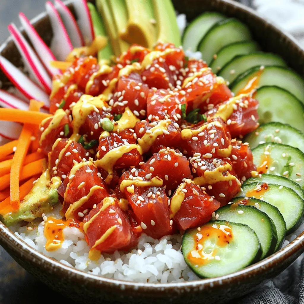 To make spicy tuna sushi bowls, you need fresh and quality ingredients. Here’s what you will need: - 1 cup sushi rice - 1 1/2 cups water - 1 tablespoon rice vinegar - 1 teaspoon granulated sugar - 1/2 teaspoon fine sea salt - 8 oz sushi-grade tuna, diced into small cubes - 2 tablespoons mayonnaise (Kewpie for authentic flavor is recommended) - 1 tablespoon sriracha (adjust according to your spice preference) - 1 ripe avocado, sliced into wedges - 1/2 cucumber, julienned - 1 small carrot, julienned - 1 radish, thinly sliced into rounds - 2 green onions, sliced diagonally - Sesame seeds, for garnish - Nori sheets, cut into strips (optional for added crunch) - Soy sauce or tamari, for drizzling on top When choosing tuna, freshness is key. Look for sushi-grade tuna that is bright red and smooth. It should have no strong fishy smell. Your fishmonger can help you select the best piece. Always ask for sushi-grade tuna to ensure safety and quality. You don’t need much for this recipe, but a few tools make it easier. Here’s what you will need: - Medium saucepan for cooking rice - Fine-mesh sieve for rinsing rice - Mixing bowls for ingredients - Sharp knife for cutting vegetables and tuna - Serving bowls for assembling the sushi bowls - Measuring cups and spoons for accuracy Make sure you have these items ready before you start. This will help you create a tasty and well-organized meal. For the complete recipe, check the [Full Recipe]. Rinsing the rice is the first step. Place one cup of sushi rice in a fine-mesh sieve. Rinse it under cold water. Keep rinsing until the water runs clear. This step helps remove excess starch. It makes your rice light and fluffy. Next, cook the rice. In a medium saucepan, combine the rinsed rice with 1 1/2 cups of water. Bring it to a boil over medium-high heat. Once boiling, reduce the heat to low. Cover it and let it simmer for about 18 minutes. You want all the water to absorb. After cooking, let the rice sit for 10 minutes. This step helps it finish cooking. While it rests, mix rice vinegar, sugar, and salt in a small bowl. Whisk until they dissolve. Once the rice has rested, transfer it to a large bowl. Gently fold in the vinegar mixture. Allow the rice to cool slightly. While the rice cools, make the spicy tuna. In a separate bowl, combine 8 oz of diced sushi-grade tuna, 2 tablespoons of mayonnaise, and 1 tablespoon of sriracha. Mix well until everything is combined. Taste it and add more sriracha if you want more heat. Set this aside for later. Now, it’s time to assemble your bowls. Start by taking a generous scoop of the seasoned sushi rice. Place it at the bottom of each serving bowl. Next, add a portion of the spicy tuna mixture on top. Now, it's time to add your vegetables. Arrange the sliced avocado, julienned cucumber, julienned carrot, radish, and green onions on top of the tuna. This step makes your bowl colorful and fresh. For the final touches, sprinkle sesame seeds over the top. If you like, add some nori strips for extra crunch. Drizzle soy sauce or tamari for added flavor. Enjoy your spicy tuna sushi bowls as a quick and tasty meal idea! For the complete recipe, refer to the Full Recipe section. To make fluffy sushi rice, start by rinsing it well. Use cold water and a fine-mesh sieve. Keep rinsing until the water runs clear. This step removes extra starch and helps the rice stay light. After rinsing, cook the rice with water in a pot. Bring it to a boil, then lower the heat and cover. Let it simmer until all the water absorbs. This usually takes about 18 minutes. After cooking, let it rest for 10 minutes, still covered. This helps the rice finish cooking in its steam. Finally, mix in a seasoned vinegar blend for flavor. You can customize the spice in your spicy tuna sushi bowls. Start with one tablespoon of sriracha. This gives a nice kick. If you like more heat, add a bit more sriracha. Taste the mixture as you go. This way, you can find the right level for you. You can also substitute sriracha with other hot sauces if you prefer. Just remember, a little goes a long way! Make your sushi bowls look great with a few simple tricks. Use deep bowls or plates to hold everything nicely. When adding toppings, arrange them in a colorful way. Arrange the avocado, cucumber, and other veggies neatly. This makes each bowl eye-catching. Don’t forget to sprinkle sesame seeds on top for added texture. You can also add nori strips for a nice crunch. Finally, place chopsticks beside each bowl. This adds to the whole sushi experience. For a full recipe, check out the detailed instructions in the earlier sections. {{image_4}} You can easily change the spicy tuna sushi bowl to suit your taste. Here are a few substitutions: - Rice: Swap sushi rice for brown rice or quinoa for a healthier option. - Sauce: Use spicy mayo or wasabi instead of sriracha for a different kick. - Vinegar: Try apple cider vinegar instead of rice vinegar for a fruity twist. These changes still keep the bowl delicious while adding new flavors. If you want to skip the tuna, there are great alternatives: - Salmon: Use sushi-grade salmon for a rich, buttery flavor. - Tofu: Firm tofu works well for a plant-based option. Marinate it before adding. - Shrimp: Cooked shrimp can add a sweet and satisfying taste. These proteins let everyone enjoy a tasty bowl, even without tuna. Toppings make your sushi bowl fun and unique. Here are some ideas: - Mango: Add diced mango for a sweet and juicy contrast. - Pickled Ginger: This adds a zesty kick that complements the bowl. - Sesame Oil: Drizzle some for a nutty flavor boost. - Spicy Cabbage Slaw: This adds crunch and extra spice. Feel free to mix and match these toppings. Creating your own version can be a fun way to explore flavors. If you want the full recipe, check it out for more ideas! To store your leftover sushi bowls, first, separate the rice from the toppings. Place the sushi rice in an airtight container. Store the toppings, like spicy tuna and vegetables, in separate containers. This keeps everything fresh and tasty. Make sure to eat the leftovers within two days for the best quality. When reheating sushi rice, add a splash of water. This will help the rice regain its moisture. Use a microwave-safe bowl and cover it with a damp paper towel. Heat in short intervals, stirring in between. The rice should be warm but not dry. To keep your ingredients fresh, store them properly. For tuna, wrap it tightly in plastic wrap and place it in the coldest part of your fridge. For vegetables like avocado and cucumber, keep them in a sealed container. Use lemon juice on avocado to prevent browning. This way, your ingredients will stay crisp and ready to enjoy. For full details on making these delicious bowls, check out the Full Recipe. The best type of tuna for sushi bowls is sushi-grade tuna. This means it is safe to eat raw. Look for yellowfin or bluefin tuna. These types are rich in flavor and have a nice texture. Always buy from a trusted fishmonger or market. They can assure you that the tuna is fresh and high-quality. Yes, you can make spicy tuna sushi bowls ahead of time. You can prepare the rice and spicy tuna mixture in advance. Store them separately in the fridge. This keeps them fresh and delicious. When you are ready to eat, just assemble the bowls. Add your fresh toppings like avocado and cucumber right before serving for the best taste. Spicy tuna sushi bowls offer many health benefits. They are high in protein, which helps build muscles. Tuna is also rich in omega-3 fatty acids. These fats are good for your heart and brain. The vegetables add fiber, vitamins, and minerals. This meal is light yet satisfying, making it a great choice for a healthy diet. For the full recipe, check out the Spicy Tuna Sushi Bowls section above. In this article, we explored the key ingredients and steps for making spicy tuna sushi bowls. We discussed how to prepare sushi rice and make the tuna mixture. I shared tips for fluffy rice and adjusting spice levels. Remember, you can switch up ingredients or add toppings to fit your taste. Store leftovers correctly to enjoy later. With this knowledge, you can create a delicious, healthy meal. Dive in and impress yourself or others with your sushi skills!