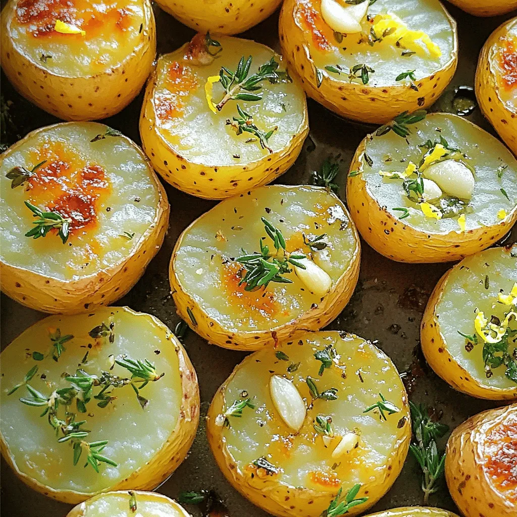 - 2 pounds baby potatoes, halved - 4 cloves garlic, finely minced - 3 tablespoons extra virgin olive oil - 1 tablespoon fresh rosemary, finely chopped - 1 tablespoon fresh thyme, finely chopped - 1 tablespoon fresh parsley, finely chopped - 1 teaspoon sea salt, or to taste - 1/2 teaspoon freshly ground black pepper - Zest of 1 lemon - Juice of 1/2 lemon, freshly squeezed You can change herbs based on your taste. Try dill or oregano for variety. For potatoes, use red or Yukon gold instead of baby potatoes. If you want a lighter dish, you can use avocado oil instead of olive oil. - Baking sheet or pan - Mixing bowl - Measuring spoons Garlic herb roasted potatoes are easy and fun to make. You will love how they come out! For the full recipe, check out the details above. 1. Preheat your oven to 425°F (220°C). This step is key for crisp potatoes. 2. Line a baking sheet with parchment paper. This helps prevent sticking and makes cleanup easy. 3. In a large mixing bowl, add the halved baby potatoes. 4. Finely mince the garlic and add it to the bowl with the potatoes. 5. Pour in three tablespoons of olive oil. 6. Chop the rosemary, thyme, and parsley. Add them to the bowl too. 7. Sprinkle in sea salt and black pepper. 8. Zest one lemon and squeeze the juice from half of it into the mix. 9. Stir everything together well. Make sure the potatoes are coated evenly. 1. Transfer the coated potatoes to the prepared baking sheet. Spread them out in a single layer. 2. Place the baking sheet in the oven. Roast the potatoes for 30 to 35 minutes. 3. Halfway through roasting, carefully flip the potatoes using a spatula. This helps them brown evenly. 1. Once done, take the potatoes out and let them cool for a few minutes. 2. If you want, toss them with more fresh parsley for color and flavor. 3. Serve the potatoes warm in a bowl or on a platter. Adding lemon wedges can brighten the dish. For the complete recipe, check out the Full Recipe section. To get crisp potatoes, spacing is key. Spread the potatoes in a single layer. This allows hot air to circulate around each piece. If they are too close, they will steam instead of roast. Next, check your cooking times and temperatures. Roasting at 425°F (220°C) works well. Cook for about 30 to 35 minutes. Flip the potatoes halfway through for even browning. To boost flavor, try adding extra spices or herbs. Some great options include smoked paprika or dried oregano. You can also try fresh basil for a different twist. Incorporating cheese can add richness. Sprinkle grated Parmesan on top before roasting. It melts beautifully and adds a savory touch. If your potatoes are undercooked, increase the roasting time. Just keep an eye on them. Check for tenderness with a fork. To avoid soggy results, ensure you use enough oil. Too much moisture can lead to a mushy texture. Proper spacing also helps keep them crisp. For more flavor and cooking tips, check out the Full Recipe. {{image_4}} You can switch up the flavor of garlic herb roasted potatoes in fun ways. For a kick, try spicy garlic herb roasted potatoes. Add 1-2 teaspoons of red pepper flakes or cayenne pepper to the mix. This brings heat and excitement to your meal. You can also make lemon garlic parmesan roasted potatoes. Just add 1/4 cup of grated parmesan cheese before roasting. The cheese adds a rich, savory touch that pairs well with lemon. If you need a vegan option, simply skip the cheese and focus on herbs. You still get great flavor with garlic and lemon. For those with gluten issues, rest easy! This recipe is naturally gluten-free. All the ingredients are safe for a gluten-free diet, so you can enjoy without worry. You can make this dish with seasonal vegetables. In the fall, add cubed butternut squash or carrots. In the summer, toss in zucchini or bell peppers. This gives you more color and flavor. You might also adapt flavors for holiday themes. For Thanksgiving, try adding sage and nutmeg for a festive twist. For Christmas, rosemary and orange zest create a warm, cozy flavor. This way, your garlic herb roasted potatoes can match any season or celebration! To keep your garlic herb roasted potatoes fresh, store them in an airtight container. This method prevents moisture from making them soggy. You should refrigerate the potatoes if you have leftovers. They can last up to three days in the fridge. Use glass or plastic containers that seal well. This way, they stay flavorful and ready to eat. When reheating, aim to restore the crispiness. The best method is to use the oven. Preheat your oven to 350°F (175°C). Spread the potatoes on a baking sheet. Heat them for about 10-15 minutes. This way, they regain their texture. You can also use a microwave for a quick option. Just heat them for 30 seconds at a time. Check until they are warm. You can freeze roasted potatoes, but they might change texture. To freeze, let them cool first. Then, place them in a freezer-safe bag. Remove as much air as possible to avoid freezer burn. They can last up to three months in the freezer. When it's time to eat, thaw the potatoes in the fridge overnight. Reheat them in the oven for the best results. This keeps them tasty and enjoyable. For the full recipe, check out the earlier section. For roasting, I recommend using baby potatoes, Yukon Golds, or red potatoes. These types cook evenly and get crispy on the outside. Baby potatoes are small and tender, which makes them perfect for quick cooking. Yukon Golds have a creamy texture, and red potatoes hold their shape well. All these potatoes absorb flavors beautifully, making them ideal for garlic herb roasted potatoes. Roasting time depends on the potato size. Generally, baby potatoes take about 30 to 35 minutes at 425°F (220°C). If you cut larger potatoes into smaller pieces, they will cook faster. Always check for doneness by poking with a fork. The potatoes should be soft inside and crispy outside. Yes, you can prepare garlic herb roasted potatoes ahead of time. You can season them and keep them in the fridge for up to 24 hours. When you're ready to roast, just pop them in the oven. If you have leftovers, store them in an airtight container. Reheat them in the oven at 375°F (190°C) until warm. Garlic herb roasted potatoes can be a healthy choice. Potatoes are rich in vitamins, minerals, and fiber. Using olive oil adds healthy fats, while garlic provides antioxidants. Just be mindful of portion sizes, especially if you're watching your carb intake. Enjoy these flavorful potatoes as part of a balanced meal. In this post, we explored how to make delicious garlic herb roasted potatoes. We covered ingredients, useful substitutions, and essential cooking tools. I shared tips for achieving the perfect texture and flavor. With easy variations, this dish suits any meal. Remember, storing and reheating properly keeps leftovers tasty. Enjoy experimenting with flavors and herbs. Trust me, these potatoes will impress your family or guests.