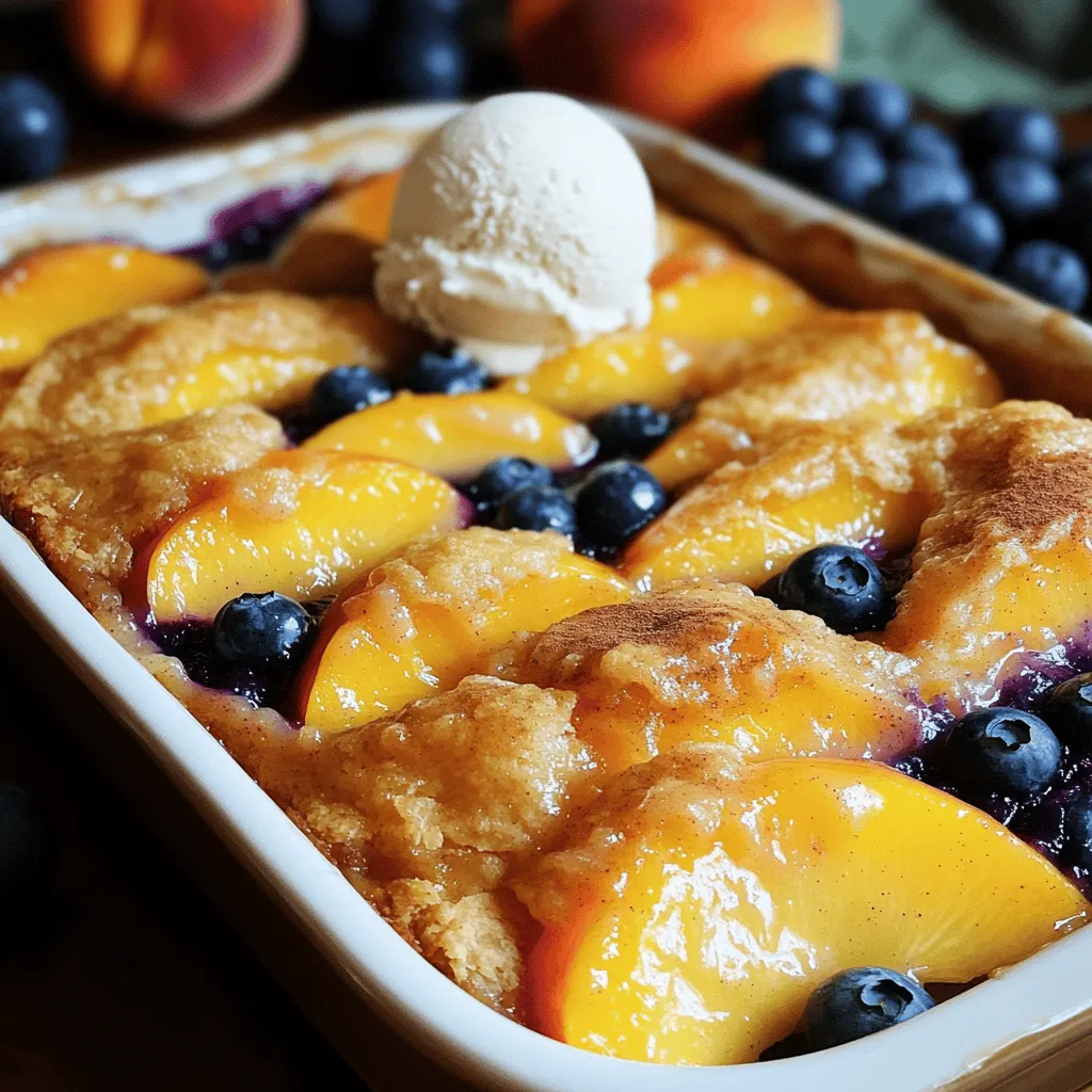 - 4 ripe peaches, peeled and sliced into thin wedges - 2 cups fresh blueberries, rinsed - 1/2 cup granulated sugar, divided - 1 teaspoon ground cinnamon - 1 teaspoon pure vanilla extract - 1 tablespoon fresh lemon juice - 1 cup all-purpose flour - 1/2 cup packed brown sugar - 1 tablespoon baking powder - 1/2 teaspoon salt - 1/2 cup unsalted butter, melted and slightly cooled - 1 cup milk (whole or 2% for creaminess) You can swap ingredients if needed. Here are some options: - Use nectarines instead of peaches for a twist. - Try maple syrup instead of granulated sugar for a rich flavor. - Almond milk can replace regular milk for a dairy-free version. - Coconut oil works well in place of unsalted butter. Fresh fruit gives the best flavor and texture. It is ripe and sweet, which makes your cobbler shine. However, frozen fruit is a great option. It is easy to use and often picked at peak ripeness. If you use frozen fruit, thaw and drain it first. This keeps your cobbler from being too watery. Both types of fruit can create a tasty dessert, so feel free to use what you have. Start by washing your fruit. Peel the peaches and slice them into thin wedges. You want about four ripe peaches for this recipe. Rinse two cups of fresh blueberries under cool water. In a large bowl, mix the sliced peaches and blueberries. Add 1/4 cup of granulated sugar to the fruit. Sprinkle in a teaspoon of ground cinnamon, a teaspoon of pure vanilla extract, and a tablespoon of fresh lemon juice. Toss everything gently, so the fruit is well coated. Pour the fruit mixture into a greased 9x13 inch baking dish, spreading it evenly. In a separate bowl, gather your dry ingredients. Whisk together the remaining 1/4 cup of granulated sugar, one cup of all-purpose flour, 1/2 cup of packed brown sugar, one tablespoon of baking powder, and 1/2 teaspoon of salt. Make sure there are no lumps in the mixture for a smooth batter later. This blend of dry ingredients will help give your cobbler a nice, fluffy texture. Now, pour 1/2 cup of melted butter and one cup of milk into the dry mix. Stir gently until the batter is just combined. Don’t worry if it’s a little lumpy; that’s okay! Spoon the batter over the fruit mixture in the baking dish. Try to cover most of the fruit, but let some peek through. This adds to the cobbler's charm. Place the dish in your preheated oven at 375°F (190°C) for 30-35 minutes. Look for a golden brown top and bubbling fruit at the edges. Once baked, remove it from the oven and let it cool for about 10 minutes. This cooling time helps the flavors blend nicely. For a full recipe, check the details above. To get the best texture, use fresh fruit. Fresh peaches and blueberries give a juicy feel. Avoid overmixing the batter. A few lumps are okay; they keep the cobbler light. Pour the batter over the fruit gently. This way, the fruit can bubble up while it bakes. For extra flavor, try adding nutmeg or cardamom. These spices add warmth and depth. You can also swap some sugar for brown sugar. This change gives a richer sweetness. A splash of almond extract can add a lovely hint of flavor too. Always taste your fruit mix. If it needs more sweetness, add a bit more sugar. Serve your cobbler warm for the best taste. A scoop of vanilla ice cream on top makes it even better. You can also use whipped cream for a lighter touch. For a fun twist, add chopped mint leaves as a garnish. This adds freshness and color to your dish. Remember, a sprinkle of cinnamon on top makes for a lovely finish. For the full recipe, check back to the earlier section. {{image_4}} You can make a gluten-free version of this cobbler. Just swap the all-purpose flour for a gluten-free flour blend. I recommend using a blend that includes xanthan gum. This helps the cobbler hold together well. Keep all other ingredients the same. You will still enjoy the sweet flavors of peaches and blueberries! To make this dessert vegan, replace the milk with almond or oat milk. Use a plant-based butter instead of regular butter. You can also substitute the eggs by mixing 1 tablespoon of ground flaxseed with 2.5 tablespoons of water per egg. This will keep the cobbler moist. The taste will still be rich and delightful! Get creative with flavors! Add zest from a lemon or orange to the fruit mixture. This brightens the taste and adds a nice twist. You can also try adding a pinch of nutmeg or ginger to the batter. These spices give a warm, cozy flavor. Feel free to mix and match these ideas to find your favorite combo. For the full recipe, check out the detailed instructions above! To keep your cobbler fresh, let it cool first. Once cooled, cover it tightly. You can use plastic wrap or a lid. Store it in the fridge for up to three days. This helps keep the flavors and texture nice. When you are ready to eat the leftover cobbler, preheat your oven to 350°F (175°C). Place the cobbler in an oven-safe dish. Cover it with foil to prevent it from drying out. Heat it for about 15-20 minutes. If you prefer, you can also reheat it in the microwave. Heat it in 30-second bursts until warm. If you want to freeze the cobbler, cool it completely first. Cut it into servings and wrap each piece in plastic wrap. Then, place the wrapped pieces in a freezer-safe bag. It can last for up to three months in the freezer. To thaw, move it to the fridge overnight. Reheat as mentioned above for a warm treat. This way, you can enjoy your peach blueberry cobbler anytime! If you need the full recipe, check out the [Full Recipe]. Yes, you can use canned peaches. Drain them well to avoid extra juice. Fresh peaches give a better taste, but canned peaches work in a pinch. They save time and still create a tasty cobbler. Peach blueberry cobbler pairs well with many treats. Here are some ideas: - Vanilla ice cream: A scoop melts perfectly on warm cobbler. - Whipped cream: Add a fluffy dollop for a light touch. - Yogurt: A tart yogurt adds a nice contrast to the sweet cobbler. - Fresh mint: A sprinkle of mint leaves brightens the dish. The cobbler is done when it is golden brown on top. You will see bubbling fruit around the edges. Insert a toothpick into the batter; it should come out clean. Let it cool for about 10 minutes before serving. This waiting time helps set the flavors and makes it easier to serve. For more details, check out the Full Recipe for step-by-step guidance. Peach blueberry cobbler is a delightful treat. We covered the ingredients, from fresh fruits to substitutes. I shared easy steps for prepping, mixing, and baking your cobbler. With tips to get the perfect texture and flavor, your dish will shine. You can try gluten-free or vegan options to fit your diet. Store leftovers properly to enjoy later. Overall, this recipe is simple and versatile, perfect for any occasion. Enjoy your baking journey!