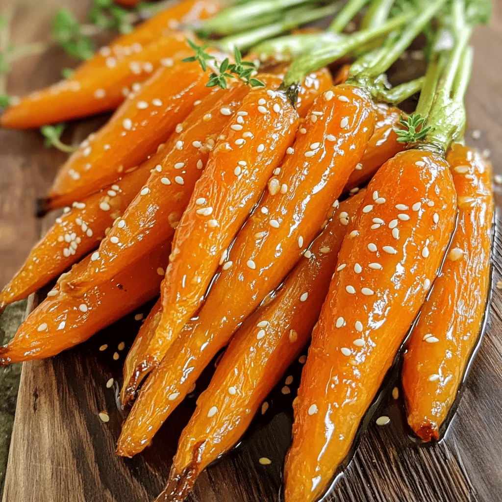 - 1 lb (450g) baby carrots, peeled and trimmed - 3 tablespoons honey - 3 tablespoons olive oil - 4 garlic cloves, finely minced - 1 teaspoon fresh thyme leaves (or 1/2 teaspoon dried thyme) - Salt and freshly ground black pepper to taste - Sesame seeds for garnish (optional) Using fresh ingredients makes a big difference. Fresh carrots have a sweet crunch that frozen ones lack. For honey and oil, use a liquid measuring cup. Pour the honey first, then the oil. This way, honey slides out easily. Carrots are full of vitamins. They help improve vision and boost your immune system. Garlic is great for heart health and can lower blood pressure. Honey adds natural sweetness and has antioxidants. Together, they make this dish not just tasty but also healthy. 1. Preheat the oven to the correct temperature. Start by setting your oven to 400°F (200°C). This temperature helps the carrots roast evenly and become tender. 2. Prepare the honey garlic mixture. In a large bowl, mix together 3 tablespoons of honey, 3 tablespoons of olive oil, and 4 finely minced garlic cloves. Add 1 teaspoon of fresh thyme leaves, salt, and pepper. Whisk until smooth. 1. Coat the carrots effectively. Take 1 lb of peeled and trimmed baby carrots and add them to your honey garlic mixture. Gently toss them using a spatula or your hands. Make sure every carrot gets a nice coat of the mixture. 2. Importance of spacing on the baking sheet. Line a baking sheet with parchment paper for easy cleanup. Spread the carrots out in a single layer. Leave space between them. This helps them roast evenly and get that perfect caramelization. 1. How to know when carrots are perfectly roasted. Roast the carrots for 25-30 minutes. Halfway through, flip them for even cooking. They should be tender and slightly caramelized when done. 2. Cooling and flavor settling techniques. Once roasted, remove the baking sheet from the oven. Let the carrots cool for a few minutes. This allows the flavors to settle. For extra flair, sprinkle sesame seeds on top before serving. For a detailed guide, check out the Full Recipe. To get great caramelization, space the carrots well on the baking sheet. If they touch, they steam instead of roast. Cook at 400°F (200°C) for a nice, golden finish. For even better results, flip them halfway. This helps them roast evenly. Avoid soggy carrots by using fresh, firm ones. Older carrots may release too much liquid. Try adding other herbs like rosemary or parsley. They can bring a fresh taste to your dish. If you like it spicy, add a pinch of red pepper flakes to the honey mixture. This small change packs a big flavor punch. Use a sturdy baking sheet to handle high heat. Non-stick sheets work well, but I prefer ones with a bit of heft. They help with even cooking. Always line the baking sheet with parchment paper. This makes cleanup easy and prevents sticking. It’s a simple step that saves time. For the full recipe, check the recipe section above. {{image_4}} You can swap baby carrots for other vegetables like parsnips or sweet potatoes. Each will give a unique taste. Try using rainbow carrots for a colorful dish. If you want a different sweetener, maple syrup works well. It has a nice flavor that pairs nicely with garlic. For a twist, add soy sauce to the honey garlic mix. This gives the dish an Asian flair. You can also add sesame oil for more depth. If you want a Mediterranean touch, mix in olives and feta cheese. These ingredients add a salty, rich flavor that complements the carrots. To make this dish vegan, replace honey with agave nectar. This keeps the sweetness without using animal products. For gluten-free eaters, this recipe is already safe as is. Just ensure all your ingredients are gluten-free. You can enjoy this dish without worry. To keep your honey garlic roasted carrots fresh, place them in an airtight container. This helps lock in moisture and flavor. Store them in the fridge for up to five days. After that, they may lose their taste and texture. When you want to enjoy leftovers, avoid the microwave if possible. Instead, heat them in a skillet over medium heat. Add a splash of water or oil to keep them moist. You can also toss them in a salad or add them to a grain bowl for a tasty twist. If you want to save your carrots for later, freezing works well. Allow them to cool completely. Spread them out on a tray to freeze individually. Then, transfer them to a freezer-safe bag. They will keep for up to three months. When ready to eat, thaw them overnight in the fridge. Reheat in a skillet or oven to restore their charm. How do I make honey garlic roasted carrots crispy? To make your carrots crispy, space them well on the baking sheet. This allows hot air to circulate. You can also roast them at a higher temperature for a shorter time. Ensure they are not overcrowded, so they caramelize instead of steaming. Can I use pre-cut carrots for this recipe? Yes, you can use pre-cut carrots. They save time and still taste great. Just make sure they are fresh and of similar size for even cooking. What can I serve with honey garlic roasted carrots? These carrots pair well with roasted meats like chicken or pork. They also work nicely in grain bowls or as part of a veggie platter. Their sweet and savory taste adds depth to any meal. Can I add other vegetables to the roast? Absolutely! You can add vegetables like bell peppers, zucchini, or red onions. Just cut them to a similar size as the carrots. This ensures even cooking and a colorful dish. How to adjust the sweetness level? To make the dish less sweet, reduce the honey. You can also add a splash of lemon juice. This will balance the flavors with a bit of acidity. Can honey garlic roasted carrots be made ahead of time? Yes, you can make these carrots ahead of time. Just store them in an airtight container in the fridge. They can last up to four days. What's the best way to reheat them without drying out? To reheat without drying out, use the oven. Set it to 350°F (175°C) and warm them for about 10 minutes. You can add a little water to keep them moist. This method helps maintain their flavor and texture. This blog post shared a simple recipe for honey garlic roasted carrots. You learn how to select fresh ingredients and perfect your cooking technique. We covered tips for measuring, roasting, and storing these tasty carrots, plus ways to customize the recipe. In conclusion, these carrots can be a fun and healthy side dish. With a few simple tweaks, you can make it your own. Enjoy experimenting with flavors and share your results!