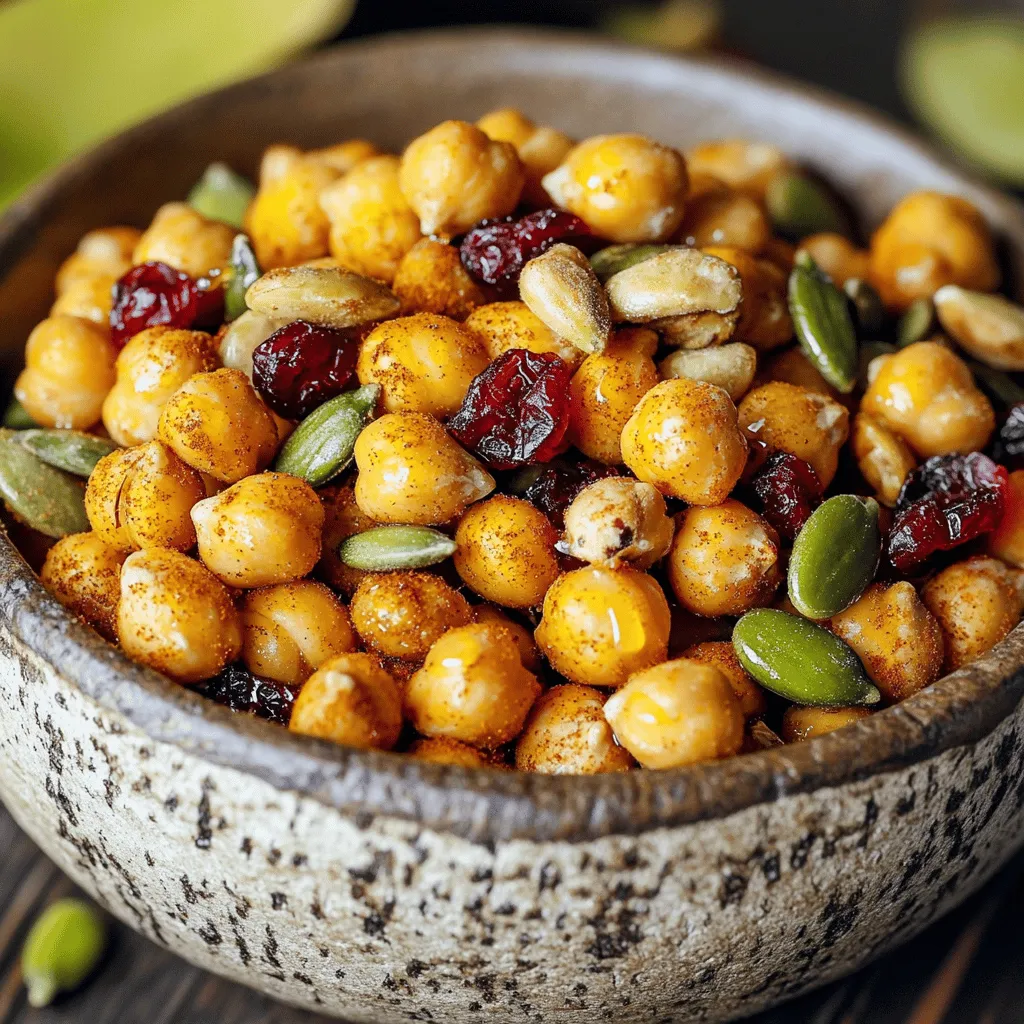 - 1 can (15 oz) chickpeas, drained and thoroughly rinsed - 2 tablespoons extra virgin olive oil - 1 teaspoon garlic powder - 1 teaspoon smoked paprika - 1/2 teaspoon ground cumin - 1/2 teaspoon sea salt - 1/2 teaspoon freshly ground black pepper - 1 cup mixed nuts (almonds, cashews, walnuts) - 1/2 cup dried cranberries or raisins - 1/4 cup pumpkin seeds - 1 teaspoon honey or maple syrup (optional) The chickpeas form the base of this snack mix. They provide protein and fiber. Rinsing them well helps achieve that crispy texture. The olive oil coats the chickpeas and helps the spices stick. Spices like garlic powder, smoked paprika, and cumin add depth and warmth. You can add other spices to customize your mix. Consider cayenne for heat or turmeric for a golden hue. You might also include fresh herbs like rosemary or thyme for a fragrant touch. For a sweet twist, try adding a pinch of cinnamon. Chickpeas are rich in protein, fiber, and nutrients. They help keep you full and satisfied. Nuts bring healthy fats and crunch. Dried cranberries or raisins provide natural sweetness and antioxidants. Pumpkin seeds add magnesium and zinc, enhancing health benefits. This mix offers a great balance of nutrients, making it a smart snack choice. For the full recipe, check out the complete guide to making this delicious snack! First, preheat your oven to 400°F (200°C). This hot temperature helps the chickpeas get crispy. While the oven heats, drain and rinse the chickpeas. Use a clean towel or paper towels to dry them well. This step is key because moisture will make them soggy instead of crispy. In a large bowl, mix the dried chickpeas with olive oil and spices. Add garlic powder, smoked paprika, ground cumin, sea salt, and black pepper. Toss everything until the chickpeas are coated evenly. Next, spread them on a baking sheet in a single layer. Roast for 20-25 minutes until they turn golden and crunchy. Remember to shake the pan halfway through for even roasting. While the chickpeas roast, prepare the nut mixture. In a separate bowl, combine mixed nuts, dried cranberries, pumpkin seeds, and honey or maple syrup if you want some sweetness. Stir until everything is mixed well. After the chickpeas cool for about 5 minutes, add them to the nut mixture. Toss gently to combine all the ingredients. Let the snack mix cool completely to keep it crispy. For the full recipe, check the earlier section. To get the best crunch from your chickpeas, start with drying them well. After rinsing, lay them out on a towel. This step removes moisture, which helps them crisp up nicely. You can roast them at 400°F for about 20-25 minutes. Shake the pan halfway through for even cooking. This ensures all sides become golden and crunchy. The real fun lies in seasoning! My go-to mix includes garlic powder, smoked paprika, and ground cumin. This blend gives a smoky flavor with a hint of warmth. Feel free to experiment! You can add chili powder for heat or even cinnamon for a sweet twist. The key is to toss the chickpeas until they are well coated to maximize flavor. This snack mix is great for sharing! Serve it in a big bowl for parties or fill small bags for on-the-go snacks. You can also sprinkle it on salads for a crunchy topping. It pairs nicely with soups too. Just remember, the cooler the mix, the crispier it stays! Try the full recipe for a delicious treat. {{image_4}} You can change the flavor of your crispy chickpea snack mix easily. For a spicy kick, add cayenne pepper or chili powder. If you prefer a sweet twist, try cinnamon or nutmeg. You can even mix in some ranch seasoning for a tangy taste. Experiment with these flavors to find your favorite! If you have allergies, swap out ingredients to suit your needs. Use sunflower seeds instead of nuts for a nut-free option. For a gluten-free snack, ensure your spices are certified gluten-free. You can replace dried cranberries with chopped dates or apricots if you need a different fruit. Making your snack mix at home is fun and simple. You control the ingredients and flavors. Store-bought mixes can be convenient, but they often have added sugars or preservatives. By choosing homemade, you enjoy fresh ingredients. Plus, you can adjust the spice levels to your taste. If you want an easy snack, the full recipe makes it quick to prepare. To keep your crispy chickpea snack mix fresh, store it in an airtight container. Glass jars or plastic containers with tight lids work best. Make sure to let the mix cool completely before sealing. This keeps moisture out and helps maintain crunch. You can also use resealable bags. Just squeeze out any air before sealing. For extra freshness, add a small packet of silica gel inside. When stored properly, your snack mix can last for about one week. It keeps best at room temperature, away from sunlight and heat. If you want it to last longer, you can freeze it. Just make sure to use freezer-safe bags. It will stay good for up to three months in the freezer. When you’re ready to eat it, simply let it thaw at room temperature. If your snack mix loses its crunch, don’t worry! You can easily bring back that crispy texture. Preheat your oven to 350°F (175°C). Spread the mix on a baking sheet in a single layer. Bake for about 10 minutes. Check it often to avoid burning. Once it cools, it should be crispy again. Enjoy your snack mix as if it was just made! Chickpeas are packed with protein and fiber. They help keep you full longer. This can aid in weight loss. They also support heart health by lowering cholesterol. Chickpeas contain vitamins and minerals like folate and iron. These nutrients help with energy levels and overall health. Regularly eating chickpeas can help stabilize blood sugar levels. They are great for digestion too due to their high fiber content. Yes, you can easily skip the nuts in this recipe. You can replace them with seeds or dried fruit. Pumpkin seeds work well as a nut substitute. You might also consider adding more chickpeas or crunching up some whole grain crackers. This way, you still get a tasty and crunchy snack mix. To make it spicy, add cayenne pepper or chili powder to your chickpeas. Start with a small amount and adjust to your taste. You can also toss in some hot sauce or sriracha for a kick. Mixing in spicy nuts can add extra heat too. This spicy twist will give your snack mix an exciting flavor. For the full recipe, be sure to check out the detailed instructions above! This blog post outlines how to make a tasty crispy chickpea snack mix. We covered key ingredients, step-by-step instructions, and useful tips. You learned how to achieve the best crunch and explore different flavors. Remember to store your mix properly to keep it fresh. Enjoy creating your own snack mix with these easy recipes and variations. It’s a fun way to eat healthy while satisfying your cravings. Keep experimenting with flavors and enjoy your crunchy treat!