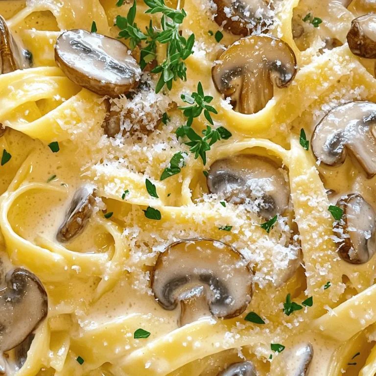 - 250g spaghetti or fettuccine pasta - 300g mushrooms (cremini or button), sliced - 1 cup heavy cream - 1 teaspoon dried thyme - Fresh parsley, finely chopped - Olive oil, garlic, salt, and pepper - 1 cup vegetable broth (low-sodium preferred) Gathering these ingredients is simple, but they make a big difference. The pasta acts as the base, while the mushrooms bring rich flavor. Heavy cream adds creaminess, making the sauce smooth and tasty. Dried thyme gives a hint of earthiness, and fresh parsley brightens each bite. For cooking essentials, use good olive oil for sautéing. Garlic adds a wonderful aroma and flavor. Salt and pepper enhance everything, so don’t be shy with them! Low-sodium vegetable broth helps keep the dish balanced. This recipe is flexible. Feel free to swap the pasta type or mushroom kind. You can mix ingredients based on what you have. That's the beauty of cooking! For the complete method, check the Full Recipe. Start by filling a large pot with salted water. Bring it to a boil. Once boiling, add your spaghetti or fettuccine. Cook for about 8 to 10 minutes until it is al dente. This means it should be firm but not hard. After cooking, drain the pasta in a colander. Be sure to save about ½ cup of the pasta water. Set the pasta aside for later. Next, take a large, deep skillet. Heat 2 tablespoons of olive oil over medium heat. Once it’s warm, add 3 cloves of minced garlic. Sauté this for about 1 minute. You want the garlic to smell great and turn slightly golden. Then, add 300 grams of sliced mushrooms. Spread them out in the skillet. Cook these for about 5 to 7 minutes. Stir them occasionally until they are tender and golden brown. Now it’s time to make the cream sauce. Pour in 1 cup of vegetable broth and bring it to a gentle simmer. Once it starts to bubble, slowly stir in 1 cup of heavy cream. Add in 1 teaspoon of dried thyme. Let the sauce simmer for 3 to 4 minutes. Stir it occasionally until it thickens to your liking. This creamy mix is where all the flavors come together perfectly. For the full recipe details, check out the [Full Recipe]. To bring out the best taste in your creamy garlic mushroom pasta, consider these tips: - Adding fresh herbs and spices: Fresh herbs like basil or thyme add a bright flavor. Try adding a pinch of nutmeg for warmth. - Tips for perfect seasoning: Always taste your sauce as you cook. Adjust salt and pepper to get the balance just right. A squeeze of lemon juice can also lift the flavors. The texture is key for a great pasta dish. Here are some ways to get it just right: - Adjusting sauce consistency with pasta water: If your sauce is too thick, add a bit of the reserved pasta water. It helps make the sauce creamy without losing flavor. - Recommended cheese varieties for melting: Parmesan is a classic choice, but you can also try mozzarella or fontina. They melt beautifully and add extra creaminess. A lovely dish is all about how it looks. Here are some ideas for a beautiful presentation: - Serving dish recommendations: Use a shallow bowl to show off the pasta. A white dish makes the colors pop. - Garnishing tips for visual appeal: Sprinkle fresh parsley on top for color. A light drizzle of olive oil adds shine. For an extra touch, grate more Parmesan over the top before serving. This creamy garlic mushroom pasta is not just tasty; it's a feast for the eyes too! For the complete guide, check out the Full Recipe. {{image_4}} You can easily make creamy garlic mushroom pasta vegetarian. Start by adding more veggies to the dish. Try spinach, zucchini, or bell peppers. These vegetables add color and flavor. You can also use plant-based cream instead of heavy cream. Options like coconut cream or cashew cream work well. They will give you a tasty and creamy sauce without dairy. Want to add some protein? Chicken, shrimp, or bacon are great choices. For chicken, cook bite-sized pieces in the skillet until golden brown. If you like shrimp, add them when the mushrooms are almost done. They only need a few minutes to cook. For bacon, chop it up and fry it first. Then, cook the garlic and mushrooms in the bacon fat for extra flavor. Don’t be afraid to mix up the herbs and spices. Fresh basil, parsley, or oregano can change the flavor. You can also add a splash of lemon juice or white wine. This adds a bright taste to the creamy sauce. Just a little can make a big difference. Feel free to experiment and find what you love! How long does creamy garlic mushroom pasta last? It lasts about three to four days in the fridge. Store it in an airtight container to keep it fresh. What are proper container recommendations? Use glass or plastic containers with tight lids. This helps prevent odors from getting in and keeps your pasta tasty. What are the best practices for freezing pasta? Let the pasta cool completely before freezing. Portion it into smaller containers. This way, you can thaw just what you need. What are the thawing and reheating instructions? To thaw, place it in the fridge overnight. You can reheat it in a skillet over low heat, adding a little broth or water to keep it creamy. What are creative ways to use remaining pasta? You can make a pasta bake by adding cheese and baking it until bubbly. Or, toss it with fresh veggies for a light salad. What recipes can incorporate leftovers? Try adding it to a frittata for breakfast or mix it into a soup for a hearty meal. You can check the Full Recipe for more ideas! You can use several things to replace heavy cream. Here are some great alternatives: - Whole milk and butter: Mix 3/4 cup of whole milk with 1/4 cup of melted butter. This mix gives a creamy texture. - Coconut milk: Use full-fat coconut milk for a rich flavor. It adds a nice twist to the dish. - Greek yogurt: Blend Greek yogurt with a bit of milk. This option gives a creamy feel with less fat. - Silken tofu: Blend silken tofu until smooth. This option is great for a vegan choice. These options work well and keep your dish creamy. Yes, you can easily make this dish dairy-free. Here are some ideas: - Use plant-based cream: Brands offer cashew or almond cream that works well in sauces. - Coconut cream: It gives a rich texture and flavor, perfect for a dairy-free choice. - Nutritional yeast: Add this for a cheesy flavor without dairy. It’s full of nutrients too. These swaps help you enjoy creamy garlic mushroom pasta while keeping it dairy-free. If you want some heat in your pasta, try these ideas: - Red pepper flakes: Sprinkle them in while cooking the garlic for a good kick. - Hot sauce: Add a splash to the sauce for a spicy boost. - Jalapeños: Sauté sliced jalapeños with the garlic and mushrooms for fresh heat. - Cayenne pepper: Stir in a pinch to the sauce for an extra spicy touch. Feel free to adjust the heat to match your taste! Access the Full Recipe for detailed instructions and more! This creamy garlic mushroom pasta uses simple ingredients and steps. You can cook pasta, sauté garlic and mushrooms, and make a rich sauce. I shared tips on flavor, texture, and presentation to elevate your dish. You can switch up ingredients for different tastes, too. Store leftovers properly or use them in new recipes. Try this dish, and enjoy the creamy goodness!