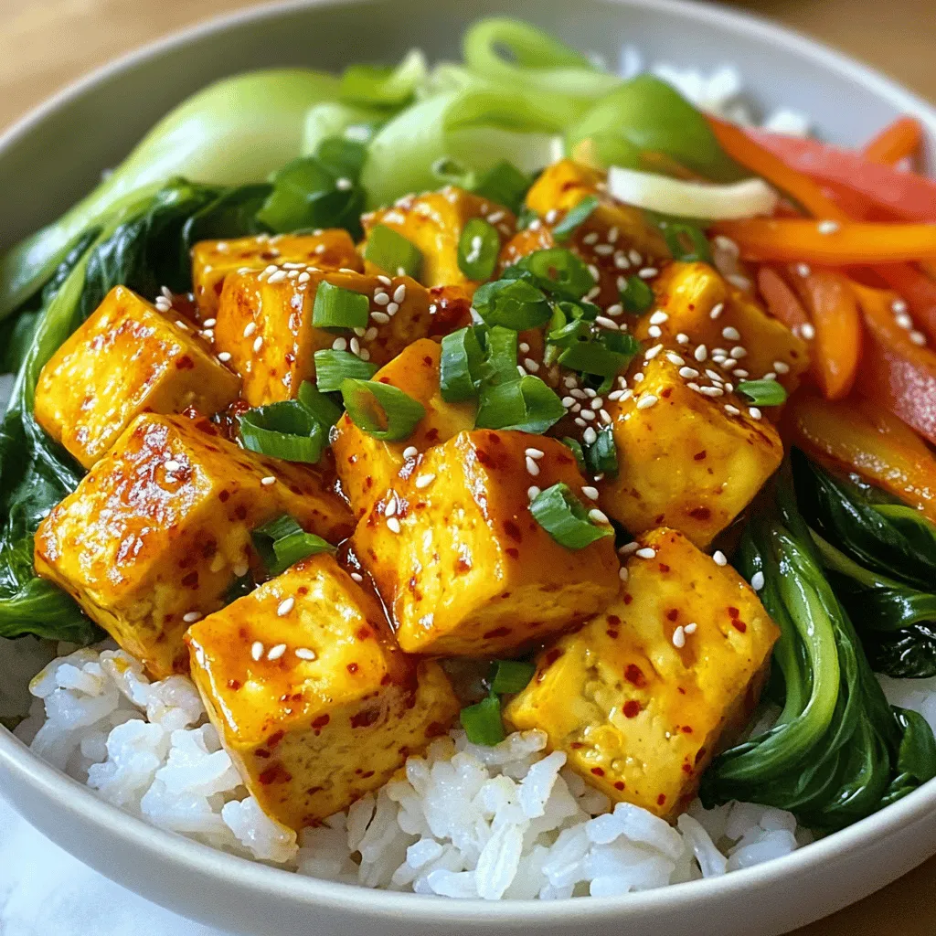 - 1 block (14 oz) firm tofu, pressed and cubed - 2 tablespoons gochujang (Korean red chili paste) - 1 tablespoon soy sauce - 1 tablespoon sesame oil - 1 tablespoon honey or maple syrup - 1 tablespoon rice vinegar - 1 cup bok choy, chopped - 1 carrot, julienned - 1 bell pepper, sliced - Green onions and sesame seeds for garnish The main ingredients of this dish create a strong flavor base. The tofu absorbs the gochujang and soy sauce well. You’ll want to press the tofu to remove extra moisture. This step helps the tofu soak up the marinade better. The additional ingredients add sweetness and acidity. The sesame oil gives a nice nutty flavor. Honey or maple syrup balances the heat from the gochujang. Rice vinegar brightens the dish. For the vegetables, bok choy brings a slight crunch. Carrots add color and sweetness. Bell peppers offer freshness. You can also garnish with green onions and sesame seeds for a nice finish. This recipe uses fresh, simple ingredients. You can find many of them at any grocery store. For the full recipe, check the complete instructions. Enjoy making your bowls! - Preheat oven and prepare tofu: Start by preheating your oven to 400°F (200°C). You want crispy tofu. To prep the tofu, press it to remove water. Place it between two plates and put a weight on top. This helps get rid of excess moisture. After pressing, cut the tofu into 1-inch cubes. - Marinate tofu and let sit: In a bowl, mix gochujang, soy sauce, sesame oil, honey (or maple syrup), and rice vinegar. Stir until smooth. Add your tofu cubes and gently mix until they are coated in the marinade. Cover the bowl and let it sit for 15-20 minutes. This allows the flavors to soak in. - Cook jasmine rice: While the tofu marinates, rinse jasmine rice under cold water. Use a fine mesh strainer until the water runs clear. In a medium pot, combine the rinsed rice with vegetable broth or water. Bring it to a boil, then lower the heat. Cover and simmer for 15 minutes. The rice should be tender when done. - Bake the marinated tofu: Spread the marinated tofu cubes on a baking sheet lined with parchment paper. Bake for 25-30 minutes. Flip the tofu halfway through so it cooks evenly. It should turn golden brown and crispy. - Sauté vegetables: In a large skillet, heat a splash of sesame oil over medium heat. Add chopped bok choy, julienned carrot, and sliced bell pepper. Cook for about 5-7 minutes, stirring often. You want the veggies to be tender but still bright and crisp. - Assemble the bowls with the rice, tofu, and vegetables: To serve, scoop fluffy jasmine rice into each bowl. Top the rice with baked tofu and your sautéed vegetables. - Garnish and enhance the dish: For extra flavor, sprinkle chopped green onions and sesame seeds on top of each bowl. You can also add a drizzle of sesame oil or a dollop of gochujang on the side for those who like it spicy. You can find the Full Recipe for detailed steps and measurements. - Best duration for marination: Marinate the tofu for 15-20 minutes. This time allows the flavors to soak in well. If you have more time, you can marinate it longer for deeper flavor. - Alternative marinades: If you want to mix it up, try using teriyaki sauce or a mix of soy sauce and chili garlic sauce. Each adds a unique twist to your dish. - Ensuring crispy tofu: Press your tofu well before cooking. This step removes excess moisture and helps it crisp up nicely in the oven. Bake at 400°F (200°C) for 25-30 minutes, flipping halfway through. - Perfecting restaurant-quality rice: Rinse your jasmine rice under cold water until the water runs clear. Cook it in vegetable broth for extra flavor. Simmer until all the liquid is absorbed, which usually takes about 15 minutes. - Presentation ideas: Use colorful bowls to serve your dish. Layer the rice, tofu, and veggies neatly. Top with green onions and sesame seeds for a pop of color. - Enhancing flavors per individual preference: Offer extra gochujang and sesame oil on the side. This way, everyone can adjust the heat and richness to their taste. For more detailed steps, check out the Full Recipe for Spicy Korean Tofu Bowls. {{image_4}} You can easily customize your spicy Korean tofu bowls. If you want to swap proteins, try tempeh or seitan instead of tofu. Both options work well with the spicy marinade. You can also use chicken or beef if you prefer meat. For vegetables, feel free to mix things up. Broccoli, snap peas, or zucchini can add nice textures. Just remember to cut them into small pieces for even cooking. You can make this dish your own by using what you have at home! Spice levels can vary a lot. If you want more heat, add extra gochujang or sprinkle in some red pepper flakes. For less heat, reduce the gochujang or mix in some extra honey. Adding garnishes can also boost flavor. Sliced cucumbers or avocado can cool the dish. A squeeze of lime juice can brighten up the taste, too. Experiment until you find your perfect heat! For vegan and gluten-free options, use tamari instead of regular soy sauce. This keeps the dish safe for those with gluten allergies. You can also swap honey for maple syrup to keep it fully vegan. If you’re watching carbs, serve the dish over cauliflower rice instead of jasmine rice. You can also skip the rice altogether and load up on veggies. These changes can help you stick to your dietary needs while enjoying a tasty meal. For the complete recipe, check out the Full Recipe. To keep your Spicy Korean Tofu Bowls fresh, store leftovers in an airtight container. Place the tofu and veggies in separate containers if possible. This helps keep everything crisp. Refrigerate the bowls for up to three days. If you want to store them longer, consider freezing. For freezing, let the tofu cool completely. Place it in a freezer-safe bag. Try to remove as much air as you can before sealing. You can freeze the tofu for up to three months. Just remember that freezing may change the texture a bit. When it's time to eat your leftovers, reheat them properly. The best way to reheat tofu is in the oven. Preheat your oven to 350°F (175°C). Spread the tofu and veggies on a baking sheet. Heat for about 10-15 minutes, until warm. You can also use a microwave for a quick option. Place the tofu and veggies in a microwave-safe bowl. Heat in 30-second intervals until warmed through. If you use the microwave, the tofu might lose some texture. Add a splash of water to keep it moist. Your Spicy Korean Tofu Bowls stay fresh for about three days in the fridge. Always check for signs of spoilage before eating. If the tofu smells sour or feels slimy, it's time to toss it. Cooked vegetables can also spoil quickly. If they look or smell off, don't eat them. If you freeze the tofu, it can last for about three months. To check if frozen tofu is still good, look for ice crystals or freezer burn. These signs mean it’s time to throw it away. Enjoy your Spicy Korean Tofu Bowls fresh for the best taste! To make Spicy Korean Tofu Bowls, follow these steps: 1. Prepare the tofu: Press and cube the tofu. 2. Marinate: Mix gochujang, soy sauce, sesame oil, honey, and rice vinegar. Coat the tofu and let it sit. 3. Cook rice: Rinse jasmine rice, then cook it using vegetable broth or water. 4. Bake tofu: Spread marinated tofu on a baking sheet and bake until golden. 5. Sauté veggies: Cook bok choy, carrot, and bell pepper in a hot skillet. 6. Assemble: Add rice, tofu, and veggies to a bowl. 7. Garnish: Top with green onions and sesame seeds. This method creates a tasty and colorful meal. You can find the Full Recipe for detailed steps. If you don't have gochujang, you can use these substitutes: - Sriracha: It adds heat but lacks the sweet depth. - Chili paste: This gives similar spice but should be adjusted for sweetness. - Red pepper flakes: Use with a bit of honey for sweetness. - Homemade blend: Mix miso paste with hot sauce and a touch of sugar. These options can keep your dish flavorful while making it your own. Yes, Spicy Korean Tofu Bowls are great for meal prep: - Tofu: Bake a larger batch to save time. - Rice: Cook extra rice to use throughout the week. - Veggies: Chop and store vegetables in the fridge for quick access. You can store the components separately. This way, you keep everything fresh and avoid sogginess. You can use frozen tofu, but there are some tips: - Thaw first: Let it sit in the fridge overnight or use a quick method in warm water. - Press again: Frozen tofu releases more water, so press it after thawing. - Texture change: Frozen tofu becomes chewier, which some people enjoy. Using frozen tofu can add a new texture to your dish while being budget-friendly. In this post, we explored how to make Spicy Korean Tofu Bowls. We covered the main and additional ingredients, along with step-by-step instructions. Tips on marinating, cooking, and serving help you perfect the dish. We also discussed variations and storage practices to keep the meal fresh. Enjoy the chance to customize your bowls. Use the tips to make it your own. With these simple steps, you can create a tasty meal that everyone will love. Happy cooking!