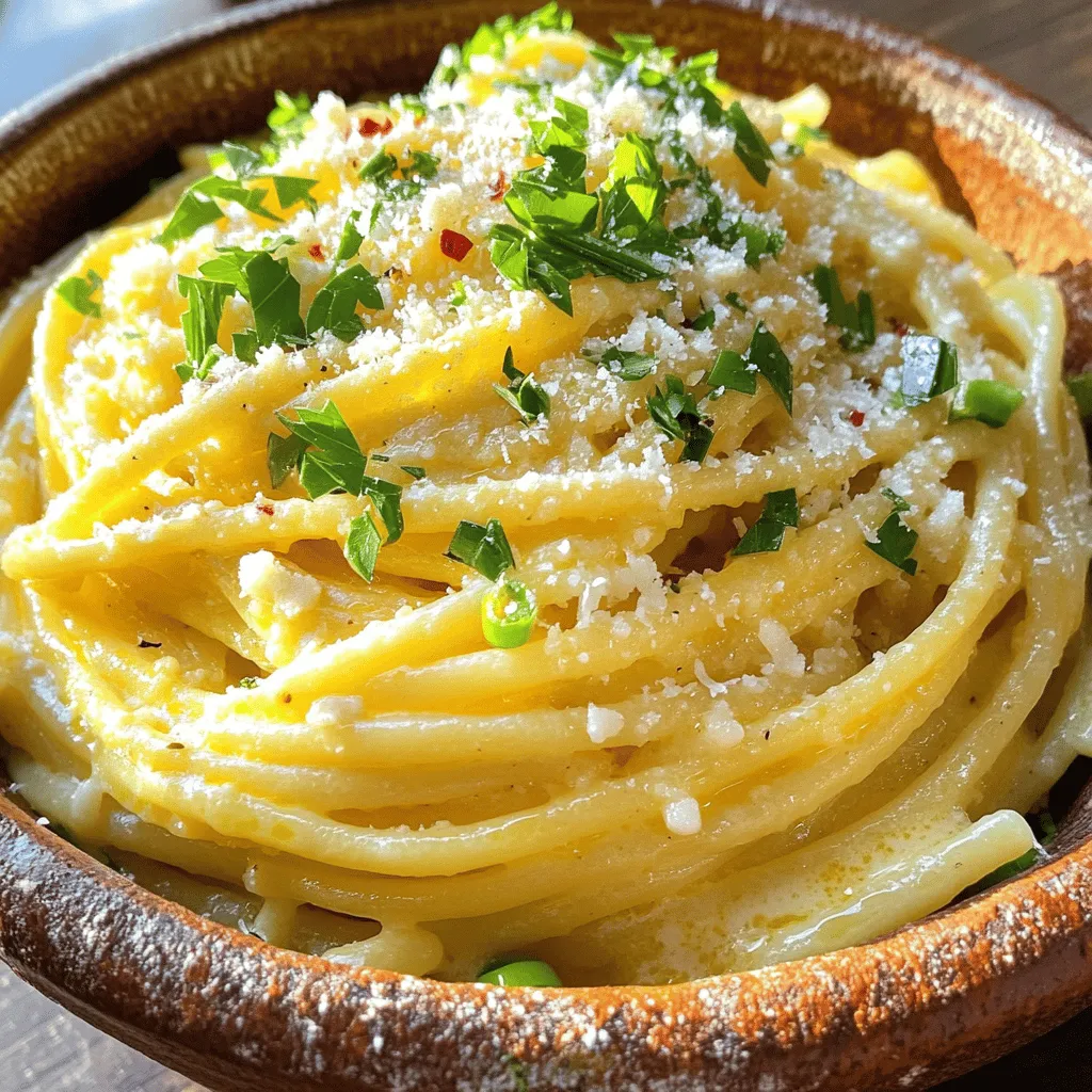 - 8 oz linguine or spaghetti - 4 tablespoons unsalted butter - 4 cloves garlic, minced To create the perfect buttery garlic noodles, start with the right pasta. I prefer linguine or spaghetti for their ability to hold the sauce well. Both types of pasta cook quickly and have a great texture. The unsalted butter is key here. It adds richness and allows the garlic to shine. Fresh, minced garlic brings bold flavor that no powder can match. - 1/4 teaspoon red pepper flakes (optional for heat) - 2 tablespoons soy sauce - 1 tablespoon sesame oil For a kick, I add red pepper flakes. They give a nice heat without overpowering the dish. Soy sauce adds depth and a hint of umami, making the noodles savory. Sesame oil brings a nutty flavor that rounds out the taste. Together, they create a delicious balance that elevates this simple dish. - 2 green onions, finely chopped - Fresh parsley, chopped - 1/4 cup freshly grated Parmesan cheese Garnishes play a big role in presentation and taste. I love using green onions for a fresh crunch. Fresh parsley brightens the dish and adds color. Lastly, grated Parmesan cheese gives a creamy finish. It melts beautifully and enhances the overall flavor. You can find the full recipe to make these buttery garlic noodles above. - Boil water and add salt. This helps the pasta taste great. - Cook pasta until al dente, about 8-10 minutes. You want it firm, not mushy. - Reserve pasta water. Set aside half a cup for later. This water adds creaminess to your dish. - Melt butter in a skillet over medium heat. Watch it closely so it doesn’t burn. - Sauté minced garlic until fragrant, around 1-2 minutes. Stir often to keep it from browning. - Add the drained noodles to the skillet with the sauce. Toss well to coat the noodles. - Mix in Parmesan cheese until it melts and coats the noodles evenly. - Garnish with green onions and fresh parsley. This adds color and flavor to your dish. For the full recipe, check out the details I shared above! Enjoy your buttery garlic noodles! - Use fresh garlic for better taste. Fresh garlic gives a bold and bright flavor. - Adjust red pepper flakes to preference. More flakes add heat, less keeps it mild. - Reserve pasta water for creaminess. The starchy water makes the dish silky. - Don't overcook the pasta. Al dente noodles hold up better in sauce. - Top with extra Parmesan. A sprinkle adds richness and depth to the dish. - Serve with a side salad. A fresh salad complements the buttery noodles. These tips will help you create the best buttery garlic noodles. For a complete guide, check out the Full Recipe. {{image_4}} You can add fresh veggies to your buttery garlic noodles. Here are two great options: - Sautéed spinach: This adds a nice green touch and boosts nutrition. - Broccoli or asparagus: Both provide crunch and flavor. Just cook them until tender before mixing in. Want to make your dish heartier? Consider adding protein: - Grilled chicken: Slice it thin and toss it in for a filling meal. - Shrimp: Cooked shrimp brings a sweet taste that pairs well with garlic. If you enjoy heat, there are easy ways to spice things up: - Add chili oil: Drizzle it in for a rich, spicy kick. - Increase red pepper flakes: Adjust the amount to your taste for more warmth. These variations keep your dish exciting. You can try different combos each time you cook! For more details, check the Full Recipe. Store your leftover buttery garlic noodles in an airtight container. This keeps them fresh and tasty. Use them within 3-4 days for the best flavor. The noodles may lose some texture, but they will still be good to eat. If you want to save the noodles for later, freeze them in a freezer-safe container. Make sure to cool them first before freezing. When you're ready to eat, thaw the noodles in the fridge overnight. This helps keep their flavor and texture. To reheat, you can use a skillet or microwave. If using a skillet, add a splash of water to keep them moist. For the microwave, cover the dish to trap steam. This keeps your buttery garlic noodles from drying out. Enjoy them warm and tasty, just like when you first made them! To add spice, use red pepper flakes. Start with a pinch. Taste and add more if you want more heat. You can also add chili oil for an extra kick. This gives the dish a nice, warm touch. Yes, you can! Look for gluten-free linguine or spaghetti. Many brands make great options. They work well in this recipe. Just follow the package instructions for cooking times. If you want a dairy-free option, try nutritional yeast. It gives a cheesy flavor without dairy. You can also use vegan Parmesan cheese. Both options add a nice taste to the noodles. You can make this dish in just 20 minutes. It takes about 10 minutes to prep and another 10 minutes to cook. This makes it a quick and tasty meal for any night. For the full recipe, check out the details above. You now have a simple guide to making buttery garlic noodles. Start with basic ingredients like linguine and garlic. Use flavor enhancers, like soy sauce and sesame oil, for a tasty kick. Don't forget to garnish your dish for that perfect finish! You can customize the recipe with veggies or proteins. Proper storage helps you enjoy leftovers later. With these tips, you’ll create a delicious meal fast. Enjoy experimenting and making the dish your own!