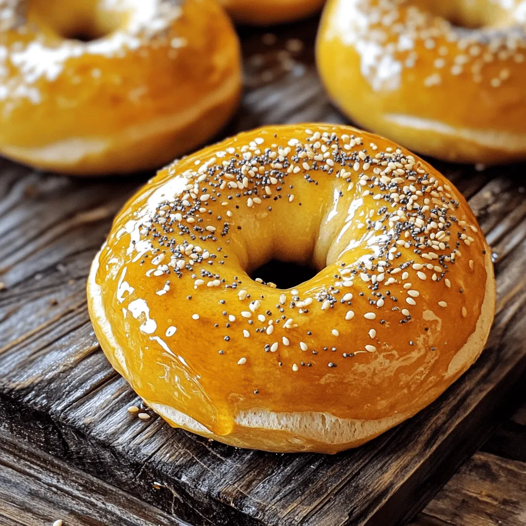 To make your bagels, gather these key ingredients: - 4 cups all-purpose flour - 1 tablespoon granulated sugar - 1 tablespoon sea salt - 1 tablespoon instant yeast - 1 ½ cups warm water These ingredients are the building blocks of a great bagel. The flour gives the bagel structure. The sugar feeds the yeast, which helps the dough rise. Sea salt adds flavor, while instant yeast makes the dough rise quickly. Warm water helps activate the yeast, making it ready to work. You can add a few more items for a special touch: - 2 tablespoons honey (for boiling) - Optional toppings: sesame seeds, poppy seeds, or everything bagel seasoning The honey in the boiling water adds a nice sweetness and helps create a shiny crust. You can pick your favorite toppings to make your bagels unique. Using the right measuring techniques is key to bagel success. Accurate measurements lead to consistent results. I recommend using a kitchen scale for precision. Weighing your flour ensures you use the right amount. Too much flour can make your bagels dense. By following these tips and using the Full Recipe, you can make bagels that are both easy and tasty. Enjoy your homemade bagels! To start, combine 1 ½ cups of warm water with 1 tablespoon of sugar and 1 tablespoon of instant yeast in a large mixing bowl. Stir gently, then let it sit for about 5 minutes. You will notice bubbles forming on the surface. This shows the yeast is active and ready to work. This step is crucial because it helps your bagels rise. Next, gradually add 4 cups of all-purpose flour and 1 tablespoon of sea salt to the yeast mixture. Use a wooden spoon to combine the ingredients until a shaggy dough forms. Turn the dough onto a lightly floured surface. Knead it for about 8-10 minutes. You want the dough to be smooth and elastic, not sticky. This step develops the gluten, which gives bagels their chewy texture. Now it’s time to let the dough rise. Place it in a greased bowl and turn it to coat all sides. Cover it with a damp cloth and set it in a warm spot. Let it rise for about 1 hour or until it doubles in size. A warm environment helps the yeast work better. If your kitchen is cool, you can preheat your oven to 200°F, then turn it off. Place the bowl inside to create a warm space. Once the dough has risen, gently punch it down to remove air bubbles. Divide the dough into 8 equal portions. Shape each piece into a smooth ball. Use your thumb to create a hole in the center of each ball. Make sure the hole is about 1-2 inches wide. This helps in cooking evenly and gives the bagel a classic look. Boiling is an important step in bagel making. In a large pot, bring 10 cups of water to a rolling boil. Add 2 tablespoons of honey to the water. Carefully drop the bagels in, one at a time. Boil each bagel for 1 minute on each side. This helps develop a chewy crust and enhances flavor. Preheat your oven to 425°F. Line a baking sheet with parchment paper for easy cleanup. After boiling, use a slotted spoon to remove the bagels. Place them on the baking sheet. While they are still wet, add your favorite toppings, like sesame or poppy seeds. Bake the bagels for 20-25 minutes. They should turn a rich golden brown and smell delightful. To check for doneness, tap the bottom of a bagel. If it sounds hollow, it's ready! Now you can enjoy your homemade bagels! For the full recipe, refer back to the beginning. To make great bagels, kneading is key. Knead the dough for about 8-10 minutes. This builds elasticity. A smooth, elastic dough is what you want. If the dough feels sticky, keep kneading. This helps create that perfect bagel bite. The boiling step is also crucial. Boil each bagel for 1 minute on each side. This gives the bagel its chewy crust. Don’t skip this step! It is the secret to a good bagel. You can add fun flavors to your bagels. Try sprinkling sesame seeds or poppy seeds on top. You can also use everything bagel seasoning for a tasty twist. These toppings add crunch and flavor. Want to make the dough special? Add herbs or spices right into it. Garlic powder or dried onion works great. Just mix them into the flour for a tasty surprise. Sometimes, bagels can turn out too dense. If this happens, check your yeast. Make sure it is fresh. Also, don’t skip the kneading step. This can make your bagels light and airy. If your bagels have uneven textures, you may need to shape them better. Make sure each piece of dough is the same size. This helps them bake evenly. If they are too thick, they may not cook through. Always aim for a consistent shape for best results. For the full recipe, refer to the provided instructions. Enjoy your bagel-making journey! {{image_4}} You can add fun flavors to your bagels! Try garlic bagels for a savory kick. Just mix minced garlic into your dough. The aroma is mouthwatering. Cinnamon and raisin bagels are another great choice. Toss in cinnamon and plump raisins while mixing the dough. It gives a sweet twist to your breakfast! If you need gluten-free bagels, look for flour blends that work well. Some good choices are almond flour or a blend of rice flour and tapioca flour. When adapting the recipe, use equal parts of the gluten-free mix. Sometimes, adding a bit of xanthan gum helps with texture. For vegan bagels, skip the honey in boiling water. Use maple syrup or agave nectar instead. This keeps your bagels sweet and plant-based. You can also choose dairy-free toppings like seeds or herbs. This way, you can enjoy tasty bagels without any animal products. Experiment with these variations to find your favorites! You’ll love the results. For the full recipe, check out the detailed sections above. To keep your homemade bagels fresh, store them properly. Place them in an airtight container. This helps prevent them from drying out. You can also use freezer bags for extra protection. If you plan to eat them later, freeze them. Just make sure to remove as much air as possible. When it's time to enjoy your bagels again, you want them warm and fresh. The best way to reheat them is in a toaster or oven. If using a toaster, set it to a medium setting. For the oven, preheat it to 350°F. Place the bagels directly on the rack for about 5 to 7 minutes. This method keeps them soft inside and crispy outside. Homemade bagels stay fresh for about 2 to 3 days at room temperature. After that, they may start to lose their taste and texture. Watch out for signs that they have gone bad. If they feel hard or have mold, it’s time to toss them. For longer storage, freeze them right after baking. This way, you can enjoy them whenever you want! You can skip boiling, but the bagels will change. Boiling gives bagels a nice, chewy crust. It also helps create that classic bagel shape. If you don’t boil, bake them longer to get a firmer texture. Some recipes suggest using steam in the oven as a substitute. However, boiling remains the best way to achieve the true bagel experience. Homemade bagels can last for about 3 days at room temperature. Store them in an airtight container to keep them fresh. If you want them to last longer, put them in the fridge for up to a week. Always check for any signs of mold or staleness before eating. For the best taste, enjoy them fresh within the first few days. You can serve bagels with many tasty spreads. Cream cheese is a classic choice. Try flavored cream cheeses like chive or strawberry for something special. Smoked salmon pairs great with bagels too. You can also use butter, peanut butter, or jam. For a savory twist, add avocado or hummus. The options are endless! Yes, you can freeze homemade bagels! Wrap them tightly in plastic wrap and then put them in a freezer bag. They can last for up to 3 months in the freezer. To enjoy them, take a bagel out and let it thaw at room temperature. You can also toast them straight from the freezer for a crispy result. The secret to chewy bagels lies in a few key ingredients and steps. First, use high-protein flour, like bread flour. This flour gives the bagels structure and texture. Kneading the dough well also helps develop gluten, which adds chewiness. Finally, boiling the bagels before baking is essential. It creates that perfect crust and chewy bite. You now have all you need to make homemade bagels. We covered the essential ingredients, step-by-step instructions, and even tips for perfect texture. Don't forget the fun of experimenting with flavors and variations. You can also store and reheat your bagels to enjoy them later. Making bagels can be easy and rewarding, while you impress family and friends. So, gather your ingredients and start your bagel-making journey today!