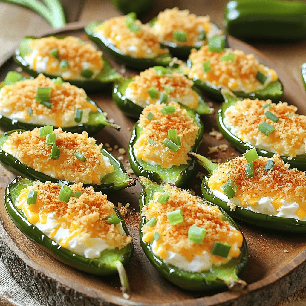 - 12 fresh jalapeños - 8 oz cream cheese, softened - 1 cup shredded sharp cheddar cheese - 1/2 cup breadcrumbs - 1/4 cup green onions, finely chopped - 2 cloves garlic, minced - 1 teaspoon smoked paprika - 1/2 teaspoon ground cumin - Salt and black pepper to taste - Olive oil, for drizzling To make the best baked jalapeño poppers, you need fresh ingredients. Start with 12 jalapeños that are firm and bright. The cream cheese should be soft to mix well with shredded cheddar. I like to use sharp cheddar for its strong taste. You can add breadcrumbs for a crunchy top. Green onions give a nice bite. Garlic brings a savory flavor. Smoked paprika and cumin add depth. Don't forget salt and pepper to enhance all the tastes. A drizzle of olive oil helps crisp the poppers as they bake. - Baking sheet - Mixing bowls - Parchment paper - Measuring cups and spoons - Spoon for scooping seeds Using the right tools makes cooking easier. A baking sheet is essential for even cooking. Mixing bowls help combine your ingredients well. Parchment paper keeps your sheet clean and prevents sticking. Measuring cups and spoons ensure precise amounts. A small spoon is handy for scooping out jalapeño seeds. With these tools, you'll create tasty poppers without any fuss. For the full recipe, check out the last section in this article. - Preheat your oven to 375°F (190°C). - Slice the jalapeños in half lengthwise. Use a small spoon to remove the seeds. Preparing the jalapeños is simple but key to the flavor. The heat comes from the seeds, so removing them helps make the dish more enjoyable. If you find the heat too strong, you can also scrape the white membrane inside. This part holds a lot of heat. - Blend the cream cheese with the shredded cheddar cheese. - Add the green onions, garlic, smoked paprika, cumin, salt, and black pepper. Making the filling is where the magic happens. The cream cheese gives a rich base. The cheddar adds sharpness. Mixing in green onions and garlic adds freshness. The spices bring warmth and depth, making every bite a delight. - Fill each jalapeño half with the cheese mixture. - Combine the breadcrumbs with olive oil, then sprinkle on top. - Bake for 20-25 minutes. Now comes the fun part—stuffing the jalapeños! Make sure they are filled generously. The breadcrumb topping adds a nice crunch. Baking them transforms everything. You want them to be tender and golden, with the cheese bubbling slightly. This step is crucial for a perfect snack. For the full recipe, check out the recipe details. Enjoy the process and savor the results! - Wear gloves when handling jalapeños. The oils can irritate your skin. - Ensure an even mix of ingredients for filling. This gives each bite a balanced taste. - Monitor baking time for a crispy top. Start checking around 20 minutes. - Allow cooling time for easier handling when serving. This helps the filling set. - Arrange on a platter. Create a beautiful display for guests. - Garnish with chopped green onions and sour cream. This adds color and flavor. These tips can make your baked jalapeño poppers a hit at any gathering. For the full recipe, check the link provided. Enjoy your cooking! {{image_4}} You can easily change the cheese in your poppers. Instead of cheddar, try using pepper jack. It adds a nice kick. Mozzarella is another tasty choice. It gives a rich, creamy texture. Mixing different cheeses can also boost flavor and fun. Want to make your poppers heartier? Add cooked bacon or sausage to the cheese mix. This adds a savory punch. You can also bring in fresh herbs like cilantro or dill. They give a bright taste that makes each bite special. Experimenting with fillings opens a world of flavors. If you prefer less heat, go for milder peppers. Poblano peppers work well for this. They add flavor without too much spice. For those who love heat, try adding hot sauce to the cheese filling. This way, you can customize your poppers just the way you like them. Store leftovers in an airtight container for up to 3 days. The poppers taste best when fresh, but they can still be enjoyed later. Make sure the container is sealed tight to keep them from drying out. Reheat in the oven for the best texture. Set the oven to 350°F (175°C) and bake for about 10 minutes. This helps restore their crunch. You can use the microwave as an alternative, but this might soften the poppers. If you're in a hurry, the microwave will work, but the crispiness may not be the same. You can freeze poppers before baking for up to 2 months. This is a great way to prepare snacks ahead of time. Just make sure to place them in a freezer-safe bag or container. Thaw in the fridge before baking for the freshest taste. This will help them cook evenly and maintain their flavor. If you want to try making these tasty bites, check out the Full Recipe for step-by-step guidance! Yes, you can prep and store them before baking. This saves time and makes serving easy. Just keep them in the fridge until you are ready to bake. Yes, use gluten-free breadcrumbs or crushed nuts. Both options work great and keep the flavor. Just make sure you mix them well with olive oil for crunch. Choose milder jalapeños or remove all seeds for less heat. This way, you control how spicy your poppers are. A little adjustment can change the whole snack. Consider ranch dressing, sweet chili sauce, or guacamole. These sauces balance the heat and add extra flavor. You can even mix and match for more fun. Bake for 20-25 minutes, until they are golden brown and crispy. Keep an eye on them to avoid burning. The right bake gives you the perfect crunch. Access the full recipe details including ingredients, steps, and tips. You now have all the steps to make tasty baked jalapeño poppers. From the fresh ingredients to the baking time, each part is important. Remember to keep the heat where you like it. Try different cheeses and fillings for fun options. If you have leftovers, cool them down and store them right. You can even prep ahead for an easy snack later. Enjoy serving these poppers at your next gathering or as a treat for yourself!