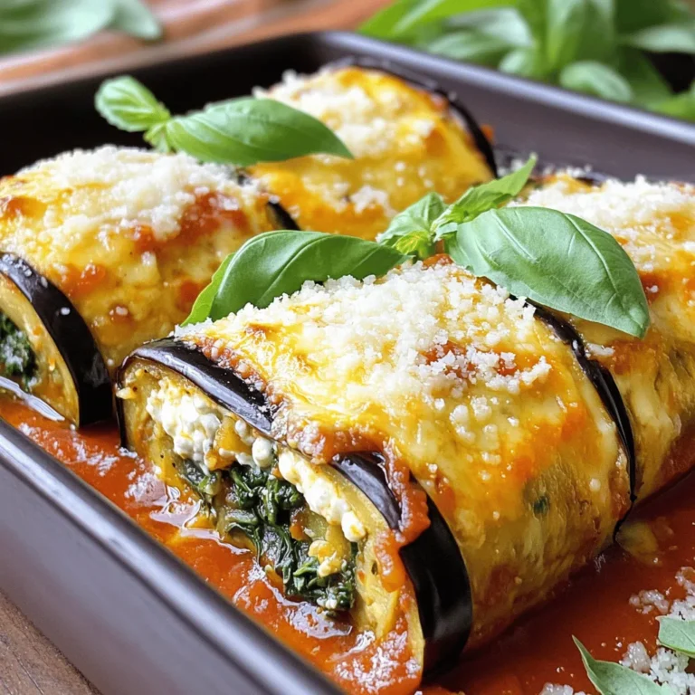 - Eggplant and Cheese Components - 2 large eggplants, sliced lengthwise into 1/4-inch thick strips - 1 cup ricotta cheese - 1 cup shredded mozzarella cheese, divided - 1/2 cup grated Parmesan cheese Eggplant gives this dish its base. I love how it adds a nice texture. The cheeses create a creamy filling that makes each bite satisfying. - Seasonings and Additional Ingredients - 1 cup fresh spinach, finely chopped - 1 teaspoon garlic powder - 1 teaspoon dried basil - Salt and black pepper to taste - Olive oil for brushing Fresh spinach adds a pop of color and nutrients. Garlic powder and basil bring in great flavor. Salt and pepper enhance everything, while olive oil helps the eggplant cook nicely. - Marinara Sauce Options - 2 cups marinara sauce (homemade or your favorite store-bought brand) You can use homemade marinara or any brand you love. The sauce ties all the flavors together, making it a key part of the dish. Don't forget to check out the Full Recipe for details on how to put it all together! Baking Eggplant Strips First, preheat your oven to 375°F (190°C). Slice the eggplants lengthwise into 1/4-inch thick strips. Lay them on a baking sheet lined with parchment paper. Brush both sides with olive oil. Sprinkle salt and pepper on each strip. Bake for 15-20 minutes. Flip the slices halfway through. This makes them soft and easy to roll. Making the Cheese Mixture In a bowl, mix 1 cup of ricotta cheese, half of the shredded mozzarella, and 1/2 cup of grated Parmesan cheese. Add 1 cup of finely chopped spinach. Stir in 1 teaspoon of garlic powder and 1 teaspoon of dried basil. Season with a pinch of salt and pepper. Combine until it’s smooth and creamy. Rolling the Eggplant Once the eggplant strips are baked, take one strip. Spread about 2 tablespoons of the cheese mixture along its length. Roll it tightly from one end to the other. Place the roll seam-side down in a greased baking dish. Repeat this for all the strips. Arranging in Baking Dish After you roll all the eggplant strips, pour 2 cups of marinara sauce over them. Make sure each roll is well coated. Sprinkle the remaining mozzarella cheese on top. This adds a delicious, cheesy layer. Covering and Cooking Time Cover the baking dish with aluminum foil. Bake in the oven for 25 minutes. This helps cook the rolls evenly and keeps them moist. Final Touches After 25 minutes, remove the foil. Bake for another 10-15 minutes. This step makes the cheese bubbly and golden. Let the dish cool for about 5 minutes before serving. Enjoy your eggplant lasagna roll-ups! For the full recipe, check out the earlier section. Avoiding Soggy Eggplant To keep your eggplant firm, bake the strips first. This helps remove excess moisture. Brush each slice lightly with olive oil and season well. Bake at 375°F for 15-20 minutes. Flip them halfway for even cooking. Let them cool slightly before rolling. This keeps them from getting soggy. Tips for Even Cooking Make sure all strips are the same thickness. This ensures they cook evenly. Use a sharp knife for clean cuts. If some strips break, don’t worry! You can still use them. Just layer them in the dish. They will still taste great. Best Pairings Serve your eggplant roll-ups with a fresh side salad. A light mixed green salad adds crunch. Garlic bread also pairs well, adding a nice touch. For a drink, try a glass of chilled white wine. It complements the flavors beautifully. Presentation Ideas Garnish your dish with fresh basil leaves. A sprinkle of additional Parmesan cheese adds flair. Arrange the roll-ups neatly in the baking dish. This makes them look inviting. Serve them warm for the best flavor. Enjoy the colorful presentation! {{image_4}} For your eggplant lasagna roll-ups, you can switch up the cheese. If you want a vegan option, use cashew cheese or almond ricotta. These alternatives give a creamy texture without dairy. You can also try a blend of vegan mozzarella and nutritional yeast for a cheesy flavor. If you're not vegan, consider mixing different cheeses. Try goat cheese for a tangy twist. A blend of fontina and mozzarella can create a rich taste. Just remember, each cheese brings its own flavor, so feel free to get creative! You can also enhance your roll-ups by adding more veggies. Spinach is great, but try roasted red peppers or zucchini for extra flavor. Sautéed mushrooms can add a nice earthiness. Just chop them small so they fit well in the roll. For a flavor boost, add fresh herbs like basil or oregano. A pinch of red pepper flakes can bring a kick if you like heat. You can also mix in some black olives for a briny touch. These additions make your dish more colorful and tasty. For more tips and the full recipe, check out the [Full Recipe]. Refrigeration Guidelines After enjoying your eggplant lasagna roll ups, let them cool. Transfer the leftovers to an airtight container. This keeps them fresh for up to 4 days in the fridge. Make sure to layer parchment paper between the rolls. This helps prevent sticking. Freezing Instructions For longer storage, freeze the roll ups. Arrange them in a single layer on a baking sheet. Once they are frozen solid, transfer them to a freezer-safe container. They can last up to 3 months. When you are ready to eat, simply thaw in the fridge overnight before reheating. Best Methods for Reheating To reheat, use an oven for the best results. Preheat it to 350°F (175°C). Place the roll ups in a baking dish and cover with foil. Heat for about 20 minutes. You can also use a microwave, but this may change the texture. Maintaining Texture and Flavor If you use the oven, the cheese will get bubbly and golden. This keeps the roll ups soft inside. For microwave reheating, add a splash of water before covering. This helps retain moisture and prevents them from drying out. Enjoy every bite! Can I make Eggplant Lasagna Roll Ups ahead of time? Yes, you can! Prepare the roll-ups and place them in a baking dish. Cover them tightly and store in the fridge for up to 24 hours. When you're ready to eat, just bake them as directed. This saves time on busy days. What can I substitute for ricotta cheese? If you need a substitute for ricotta, try cottage cheese or a vegan cream cheese. Both can provide a similar texture. Just blend them for a smoother finish. How do I choose the best eggplant? Look for eggplants that are firm and shiny. Their skin should be smooth. Choose smaller ones for better flavor. Avoid any that are bruised or have soft spots. Can I use store-bought marinara sauce? Yes, using store-bought marinara sauce is a great option. It saves time and adds flavor. Just pick a brand you enjoy. You can also jazz it up with herbs or spices if you like. Is this recipe gluten-free? Yes, eggplant lasagna roll-ups are naturally gluten-free. Just make sure your marinara sauce does not contain gluten. It's a great option for those with gluten sensitivities. How do I make it low-carb? To make this dish low-carb, focus on the eggplant and cheese. Skip any added pasta or bread. You can also use a low-carb marinara sauce to reduce carbs further. Enjoy the flavors without worry! In this post, we covered the ingredients for eggplant lasagna roll-ups, including cheese and sauce options. I explained how to prep the eggplant, make the cheese mixture, and bake the roll-ups. We also shared tips on perfecting the dish and serving it nicely. Lastly, I highlighted variations, storage info, and answered common questions. Now you have all you need to make this tasty dish. Enjoy cooking and impressing your family with your skills!