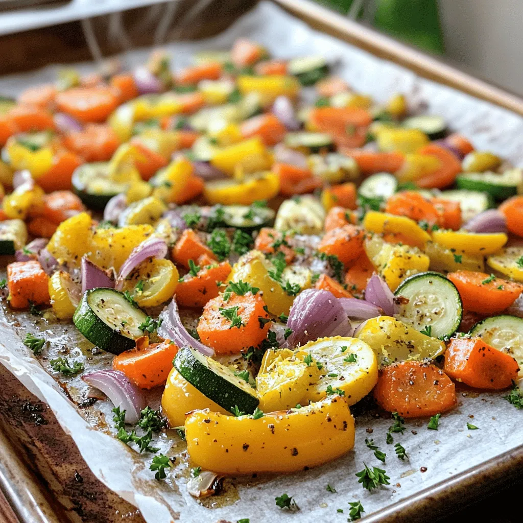 To make Lemon Herb Roasted Veggies, you need these key items: - 2 cups assorted vegetables (bell peppers, zucchini, carrots, red onions) - 3 tablespoons extra virgin olive oil - 1 teaspoon dried Italian herbs (or thyme, oregano, and basil mix) - Zest of 1 large lemon - Juice of 1 large lemon - 2 cloves of garlic, finely minced - Salt and freshly ground black pepper, to taste - Fresh parsley, finely chopped (for garnish) You can boost the flavor with these extras: - A pinch of red pepper flakes for heat - Balsamic vinegar for a sweet touch - Parmesan cheese for a savory finish - Lemon slices for added zest If you have allergies or dietary needs, try these substitutes: - Olive oil can be replaced with avocado oil for a different taste. - Garlic can be omitted if you're allergic; try onion powder instead. - Use gluten-free grains, like quinoa, if you serve the veggies over grains. For the complete cooking process, check the Full Recipe. First, preheat your oven to 400°F (200°C). This step helps the veggies roast nicely. Next, chop your assorted vegetables. Use bell peppers, zucchini, carrots, and red onions. Cut them all into bite-sized pieces. This will help them cook evenly. In a bowl, mix the olive oil, dried herbs, lemon zest, lemon juice, minced garlic, salt, and pepper. Whisk them together until they blend well. This mix will give your veggies a burst of flavor. Pour this mixture over the chopped vegetables. Toss them gently with your hands or a spatula. Make sure every piece gets coated. Now, spread the seasoned veggies on a baking sheet lined with parchment paper. Keep them in a single layer. This helps them roast evenly. Place the baking sheet in the preheated oven. Roast for 20-25 minutes. Don’t forget to stir the veggies halfway through. This step promotes even cooking and caramelization. Once your veggies turn golden brown and tender, take them out of the oven. Let them cool slightly; this enhances their flavor. Just before you serve, sprinkle freshly chopped parsley on top. This adds a pop of color and freshness. Enjoy your delicious Lemon Herb Roasted Veggies, perfect as a side dish or a hearty main! For more details, check the Full Recipe. To get the best roasted veggies, cut them into uniform sizes. This helps them cook at the same rate. I recommend keeping pieces around one inch wide. Spread them out on the baking sheet. Avoid crowding them, as this leads to steaming instead of roasting. Stir them halfway through cooking. This ensures they brown on all sides. Some veggies need more time than others. For example, carrots take longer than bell peppers. You can start with harder vegetables first. Then, add softer ones like zucchini later. This way, all your veggies will be perfectly tender. If using root vegetables, try parboiling them for a few minutes. This jump-starts cooking and keeps them from getting too dry. Fresh herbs add a bright touch to your roasted veggies. Some great options include thyme, rosemary, and basil. You can mix dried herbs, too, like oregano and parsley. Feel free to play with flavors! Try adding a pinch of chili flakes for heat. Or, use lemon thyme for a zesty twist. Your choice of herbs can change the whole dish. Don’t be afraid to experiment! For the full recipe, check out the Lemon Herb Roasted Veggies section. {{image_4}} You can mix and match veggies based on the season. In spring, use asparagus and peas. In summer, try corn and eggplant. Fall brings sweet potatoes and Brussels sprouts. Winter is perfect for root veggies like carrots and parsnips. Each season gives unique flavors and textures. Experiment with what you find at your local market. To make Lemon Herb Roasted Veggies a full meal, add proteins. Chicken, shrimp, or tofu work well. Cube your protein and toss it with the veggies. Just make sure to adjust cooking time. Proteins should cook through and reach the right temperature. This addition makes your meal hearty and satisfying. You can change the flavor too! For a spicy twist, add red pepper flakes or chili powder. If you prefer sweet, try a drizzle of honey or maple syrup. You can also add balsamic vinegar for a tangy taste. These changes create new flavors while keeping the core recipe. Feel free to be creative and find what suits your taste! For the full recipe, check out the detailed instructions and ingredient list above. To keep your leftover Lemon Herb Roasted Veggies fresh, let them cool. Place them in an airtight container. Store them in the fridge. They will stay good for about three to four days. If you want to enjoy them later, follow the freezing tips below. Reheating your roasted veggies can be simple. I suggest using the oven for the best taste. Preheat your oven to 350°F (175°C). Spread the veggies on a baking sheet. Heat them for about 10-15 minutes. This way, they will warm up nicely and regain some crispiness. You can also use a microwave; just heat in short intervals to avoid sogginess. If you want to store your roasted veggies for a long time, freezing is the way to go. First, let the veggies cool completely. Then, place them in a single layer on a baking sheet. Freeze them for about one hour. This method helps keep them from sticking together. After they are frozen, transfer them to a freezer bag. Remove as much air as possible before sealing. They can stay fresh for up to three months. When you are ready to eat, you can roast them directly from the freezer or thaw them overnight in the fridge. Enjoy your delicious Lemon Herb Roasted Veggies any time! The best vegetables for roasting are those that caramelize well. I love using bell peppers, zucchini, carrots, and red onions. These veggies add color and flavor to your dish. You can also try broccoli, cauliflower, or sweet potatoes. Just chop them into bite-sized pieces for even cooking. Yes, you can make Lemon Herb Roasted Veggies in advance. You can roast them a day before your meal. Just store them in an airtight container in the fridge. When you’re ready, reheat them in the oven for about 10 minutes. This keeps them warm and tasty. Roasted vegetables last about 3 to 5 days in the fridge. Make sure to keep them in a sealed container. If you see any signs of spoilage, it’s best to toss them. Enjoy your Lemon Herb Roasted Veggies fresh for the best flavor! Roasting vegetables brings out their best flavors. We covered essential ingredients and options for you. The step-by-step method helps you roast evenly and add tasty garnishes. Remember to use fresh herbs to boost flavor. Variations with different veggies and proteins can keep meals exciting. Store leftovers properly for later enjoyment. Roasted veggies are a versatile part of any meal. Try these tips to make your dishes shine! Enjoy every bite as you explore new flavors.