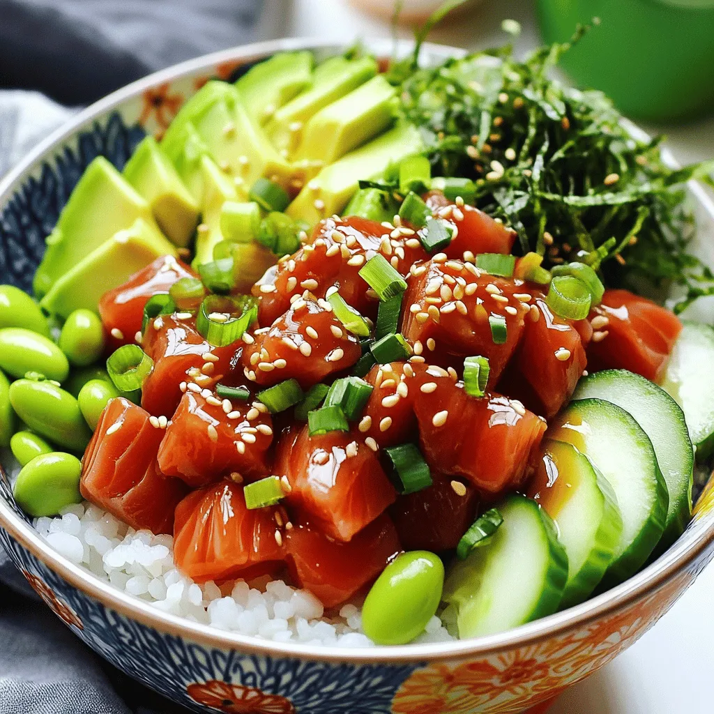 To make a great tuna poke bowl, you need fresh ingredients. Here’s a list of the main items: - 1 pound sushi-grade tuna, diced into bite-sized pieces - 2 cups cooked sushi rice, warm - 1 ripe avocado, diced - 1 small cucumber, thinly sliced into rounds - 1/2 cup edamame, shelled and cooked - 1/4 cup green onions, finely chopped These ingredients create a vibrant and tasty base for your bowl. Fresh sushi-grade tuna is key. Choose bright red, firm pieces for the best taste. Warm sushi rice will give you a nice contrast to the cool toppings. You can customize your poke bowl with extra toppings. Here are some ideas: - Seaweed salad (for garnish) - Sesame seeds (for garnish) - Microgreens or fresh cilantro (for garnish) These toppings add color and crunch. Seaweed salad brings a savory flavor, while sesame seeds give a nutty taste. Microgreens or cilantro add freshness. The sauce makes your poke bowl sing. I recommend this simple yet tasty poke sauce: - 1 tablespoon sesame oil - 2 tablespoons soy sauce - 1 tablespoon fresh lime juice - 1 teaspoon honey - 1 teaspoon sriracha (optional for a spicy kick) Mix these ingredients for a balanced flavor. The sesame oil adds richness, while lime juice brings brightness. Adjust the sriracha for your spice level. Drizzle this sauce over your bowl to tie all the flavors together. You can find the Full Recipe to guide you through the steps. To make the poke sauce, grab a medium bowl. Add soy sauce, sesame oil, lime juice, honey, and sriracha if you like spice. Use a whisk to blend these ingredients until smooth. Set this sauce aside. Letting it sit helps the flavors mix well. In another bowl, place the diced sushi-grade tuna. Pour half of the poke sauce over the tuna. Gently stir to coat the tuna pieces evenly. Cover the bowl and chill it in the fridge for about 15 minutes. This marinating step brings out the best taste in the tuna. If you have not cooked sushi rice yet, follow the package instructions. It is usually a simple process. Once cooked, keep the rice warm to help with the assembly later. Warm rice makes for a pleasant texture. Start with a generous scoop of warm sushi rice in each bowl. This is your base. Next, place the marinated tuna on top. Arrange it nicely to create a mound. Then, add diced avocado, cucumber slices, and cooked edamame around the tuna. This creates a colorful dish. Drizzle any leftover poke sauce over the ingredients. Finally, top with chopped green onions, sesame seeds, seaweed salad, and microgreens or cilantro. This adds color and taste. Enjoy your Tropical Tuna Poke Bowl! For the full recipe, check the details above. Pick sushi-grade tuna for the best taste and safety. Look for bright red color and firm texture. Freshness matters. Ask your fishmonger for the freshest catch. If you can, smell it. Good tuna should have a clean, sea-like scent. Avoid any that smells off or fishy. Start with short-grain rice, as it clumps well. Rinse the rice until the water runs clear. This removes excess starch. Cook the rice with a 1:1 ratio of rice to water. Once it's done, let it steam for a few more minutes. For flavor, mix in a little rice vinegar, sugar, and salt. This gives it a nice, tangy taste. Use a large, shallow bowl for the best look. Begin with a mound of warm sushi rice in the center. Next, gently pile the marinated tuna on top. Add your avocado, cucumber, and edamame around the tuna. Keep colors separate for a stunning display. Finish with a drizzle of poke sauce and your garnishes. Use green onions, sesame seeds, and microgreens for a pop of color. {{image_4}} You can easily make a poke bowl without fish. Try using marinated tofu. It absorbs flavors well. Dice the tofu into bite-sized pieces and marinate it like tuna. Another option is using tempeh. It has a firm texture and nutty taste. For a fresh twist, use mango or watermelon. These fruits add sweetness and color. If you want to switch from tuna, there are many options. Cooked shrimp makes a great substitute. Chopped crab also works well for seafood lovers. For a meat option, try grilled chicken. It gives a nice smoky flavor. You can also use chickpeas for a protein boost. They add a hearty texture to your bowl. The beauty of a poke bowl is its flexibility. You can change the flavor with different sauces. Try a spicy miso or a tangy ponzu. Add fresh herbs like basil or mint for a pop of flavor. You can also play with toppings. Use pickled vegetables for a tangy crunch. Add nuts or seeds for extra texture and nutrition. Each bowl can be unique to your taste! To store your leftovers, put them in airtight containers. This helps keep the tuna fresh. You should refrigerate the poke bowl right away. It tastes best when eaten fresh, but I know life gets busy. If you have extra poke sauce, store it in a separate container. This way, the tuna won’t get soggy. When you are ready to eat, mix everything back together. You can keep the poke bowl ingredients in the fridge for about 1 to 2 days. After that, the freshness may fade. Sushi-grade tuna lasts up to 2 days when stored properly. Cooked sushi rice stays good for about 3 to 5 days. Always check for any signs of spoilage before eating. If you see a change in smell or color, it’s best to throw it away. Meal prepping your poke bowl makes lunch easy. Cook the sushi rice and store it in the fridge. Dice the tuna and keep it in an airtight container. You can also prep the veggies. Slice the avocado right before eating to keep it fresh. Store each ingredient separately. This way, you can mix and match for your meals. Make your poke sauce ahead of time and store it too. It’s a great time-saver! For the full recipe, check the Tropical Tuna Poke Bowl above. A tuna poke bowl is a fresh dish from Hawaii. It features raw tuna, rice, and various toppings. You start with sushi rice, topped with diced tuna. Then, you add items like avocado and cucumber. The dish is drizzled with a tasty sauce, making it flavorful and colorful. Each bowl is a beautiful mix of textures and flavors. You can customize it to your liking, which makes it fun to create. Yes, you can use frozen tuna. Just make sure it is sushi-grade. This means it is safe to eat raw. Thaw the tuna in the fridge overnight before you prepare the bowl. Frozen tuna can still taste great if you handle it well. The texture might differ slightly, but it will still work for your poke bowl. Several sides can enhance your meal. Here are some great options: - Seaweed salad - Pickled ginger - Edamame - Miso soup - Grilled vegetables These sides add extra flavor and balance to the bowl. They also give you a variety of textures to enjoy. To adjust spice levels, you can add or reduce sriracha in the sauce. If you want less heat, start with a small amount. You can always add more later. If you love spice, feel free to add more sriracha. You can also add jalapeños or red pepper flakes for extra heat. Taste as you go to find your perfect spice level. A tuna poke bowl is a fun dish you can make at home. We explored key ingredients, sauces, and tools to prepare it. I shared tips for choosing the best tuna and cooking sushi rice. You can also mix it up with different flavors and ingredients. Don’t forget to store leftovers properly for the best taste. Enjoy making your poke bowl your way! Whether you're a pro or just starting, I hope you feel confident and excited.