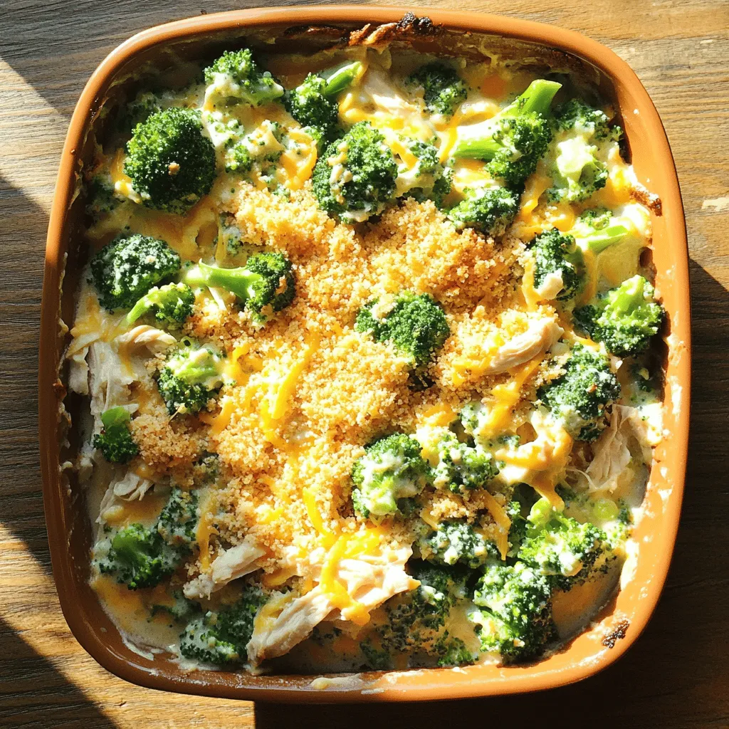 To make this easy Chicken Divan, gather the following ingredients: - 2 cups cooked chicken, shredded into bite-sized pieces - 2 cups fresh broccoli florets, steamed until vibrant green - 1 cup creamy mayonnaise - 1 cup rich sour cream - 1 cup shredded sharp cheddar cheese - 1 tablespoon Dijon mustard for a zesty kick - 1 teaspoon garlic powder, for depth of flavor - 1 teaspoon onion powder, to enhance the savory taste - ½ teaspoon freshly cracked black pepper - 1 cup panko breadcrumbs, for extra crunch - 2 tablespoons olive oil, for toasting the breadcrumbs - ½ teaspoon paprika, for a pop of color garnish You can swap some ingredients for a different taste. Here are a few ideas: - Chicken: Use turkey or rotisserie chicken for ease. - Broccoli: Cauliflower or green beans work well too. - Mayonnaise: Greek yogurt can replace mayonnaise for a lighter option. - Sour Cream: Use plain yogurt for a tangy twist. - Cheddar Cheese: Try mozzarella or pepper jack for a unique flavor. - Panko Breadcrumbs: Regular breadcrumbs can be used if panko is not available. - Olive Oil: Butter or cooking spray are good alternatives for the breadcrumbs. This Chicken Divan is both satisfying and nutritious. Here’s a quick breakdown per serving: - Calories: 350 - Protein: 25g - Fat: 24g - Carbohydrates: 15g - Fiber: 2g - Sugar: 2g This dish offers a nice balance of protein and healthy fats, ensuring a hearty meal. Enjoy this creamy delight while also keeping your nutrition in check. For the full recipe, refer to the details provided above. 1. Preheat your oven: Set your oven to 350°F (175°C). 2. Combine chicken and broccoli: In a large bowl, mix the shredded chicken with the steamed broccoli florets. Make sure they are evenly mixed. 3. Make the creamy blend: In another bowl, whisk together the mayonnaise, sour cream, Dijon mustard, garlic powder, onion powder, and black pepper. Ensure it is smooth and mixed well. 4. Coat the chicken and broccoli: Pour the creamy blend over the chicken and broccoli. Gently fold it in until every piece is coated. 5. Prepare for baking: Transfer this mixture into a greased 9x13-inch baking dish. Spread it out evenly. 6. Toast the breadcrumbs: In a small bowl, mix the panko breadcrumbs with olive oil. Stir until all the breadcrumbs are coated. 7. Top the chicken mixture: Evenly sprinkle the breadcrumb mix over the chicken and broccoli. This will give you a nice crunch. 8. Add cheese: Sprinkle the shredded cheddar cheese over the breadcrumbs. This will melt and create a gooey layer. 9. Enhance with paprika (optional): If you want, add a light sprinkle of paprika on top for extra color and flavor. 10. Bake to perfection: Place the dish in the oven and bake for 25-30 minutes. Look for a golden and bubbly top. 11. Cool and serve: Once baked, take it out and let it cool for about 5 minutes. This helps the flavors settle. Serve warm and garnish with fresh parsley sprigs for a nice touch. This Easy Chicken Divan recipe is not only quick but also full of flavor. You can find the Full Recipe for all the details needed. Enjoy your tasty dinner! When making chicken divan, keep it simple. Use cooked chicken from a store or leftovers. It saves time and adds flavor. Always steam your broccoli just right. You want it bright green but still crisp. If you overcook it, it turns mushy. Mix the creamy sauce well to avoid clumps. A smooth blend coats everything evenly. One common mistake is using raw chicken. Always cook it first for safety. Another mistake is not preheating the oven. A cold oven leads to uneven cooking. Don’t skip the panko breadcrumbs; they add a nice crunch. Lastly, avoid rushing the cooling time. Letting it rest makes serving easier. Want to elevate your dish? Try adding fresh herbs like thyme or parsley. They brighten the flavors. You can also mix in a splash of lemon juice for zing. For a smoky twist, add some cooked bacon bits. If you love heat, a pinch of cayenne pepper works wonders. These small tweaks make a big difference! For the full recipe, check out the details provided. {{image_4}} You can easily make Chicken Divan vegetarian. Swap the chicken for chickpeas or tofu. Both options add protein and texture. Use the same creamy sauce and broccoli. This keeps your dish rich and tasty. To make Chicken Divan gluten-free, choose gluten-free breadcrumbs. You can find these in stores or make them at home. Use almond flour or crushed rice crackers for a unique twist. Ensure your mayonnaise and sour cream are gluten-free too. You can prepare Chicken Divan ahead of time. Assemble the dish, cover it, and store it in the fridge. When you’re ready to bake, just pop it in the oven. For freezing, wrap it tightly in plastic and foil. It can last up to three months. Thaw in the fridge overnight before baking. Enjoy your easy Chicken Divan anytime! To store your Chicken Divan leftovers, first let it cool to room temperature. Then, transfer it to an airtight container. You can also cover the baking dish tightly with plastic wrap or aluminum foil. This prevents moisture loss and keeps the dish fresh. When you're ready to enjoy your Chicken Divan again, preheat your oven to 350°F (175°C). Place the leftovers in a baking dish and cover it with foil. Heat for about 20-25 minutes, or until it's warm all the way through. You can also use the microwave. Just heat it in short bursts, stirring in between, to ensure it warms evenly. If stored properly, Chicken Divan lasts in the fridge for 3-4 days. You can freeze it for longer storage. In the freezer, it can last up to 3 months. When ready to eat, thaw it overnight in the fridge before reheating. Enjoy the creamy goodness again! For the full recipe, check back to create this delightful dish. You can enjoy Chicken Divan with many sides. Try serving it with: - Rice or quinoa for a hearty base. - Garlic bread to soak up the creamy sauce. - A fresh garden salad for a crunchy contrast. - Steamed vegetables to keep it healthy and colorful. These sides balance the rich flavors of Chicken Divan. Yes, using leftover roast chicken is a great idea! It saves time and adds flavor. Just shred it into bite-sized pieces. Mix it with the broccoli as the recipe says. This makes the dish even easier and quicker. Absolutely! Chicken Divan is perfect for meal prep. You can make it ahead and store it in the fridge. Just keep it in an airtight container. It stays good for up to three days. You can also freeze it for later. To reheat, bake it in the oven until hot. Enjoy a tasty meal anytime! For the full recipe, check out the details above. To wrap up, we explored making Chicken Divan from start to finish. We discussed key ingredients and substitutions. You learned tips for preparation, baking, and serving. Common mistakes were highlighted, along with variations like vegetarian and gluten-free options. We covered storage and reheating tips to extend the life of your dish. With these insights, you can create a tasty Chicken Divan that fits your needs. Dive in and enjoy this classic in your own special way!