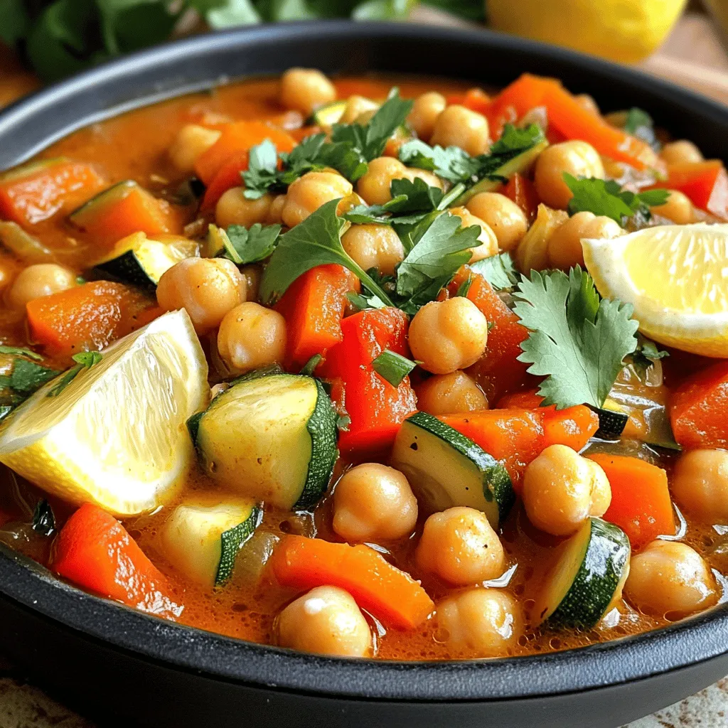 To make this hearty Moroccan chickpea stew, you will need: - 2 cups canned chickpeas, drained and rinsed - 1 medium onion, finely chopped - 3 cloves garlic, minced - 1 medium carrot, diced - 1 red bell pepper, diced - 1 medium zucchini, diced - 1 can (14 oz) diced tomatoes with juices - 4 cups vegetable broth - 2 tablespoons extra virgin olive oil - 1 teaspoon ground cumin - 1 teaspoon ground coriander - 1 teaspoon smoked paprika - 1/2 teaspoon cayenne pepper (adjust based on spice preference) - Salt and freshly ground black pepper to taste - Fresh cilantro leaves for garnish - Lemon wedges for serving Gather these kitchen tools to make your cooking easier: - Large pot - Wooden spoon or spatula - Knife and cutting board - Measuring cups and spoons - Ladle for serving You can add a pop of flavor and color with these garnishes: - Extra cilantro leaves - Greek yogurt for creaminess - Chopped green onions - Crusty bread on the side This list will help you prepare for cooking Moroccan chickpea stew. Enjoy every step of the process! If you want the full recipe, check it out [here]. Start by gathering all your ingredients. You need canned chickpeas, onion, garlic, carrot, red bell pepper, zucchini, diced tomatoes, vegetable broth, olive oil, and spices. Chop the onion finely and mince the garlic. Dice the carrot, red bell pepper, and zucchini into small pieces. This helps them cook evenly. Rinse the chickpeas well. Heat olive oil in a large pot over medium heat. Add the chopped onion and sauté it for about 5 minutes. Wait until the onion is translucent. Next, stir in the minced garlic and cook for 1 more minute. You will smell the great aroma. Then, add the diced carrot and red bell pepper. Cook these for another 5 minutes, stirring often. After that, mix in the diced zucchini and cook for 3 more minutes. Now, it’s time for the spices. Sprinkle in the ground cumin, ground coriander, smoked paprika, cayenne pepper, salt, and black pepper. Stir everything well to coat the veggies in the spices. Pour in the diced tomatoes and vegetable broth. Increase the heat to bring the mixture to a boil. Once boiling, reduce the heat to low and gently stir in the rinsed chickpeas. Cover the pot and let it simmer for 20-25 minutes. After simmering, taste your stew and adjust the seasoning if needed. If you like a thicker stew, remove the lid and let it cook for a few more minutes. Once done, ladle the stew into bowls. Garnish each bowl with fresh cilantro leaves. Serve with lemon wedges on the side for an extra zesty kick. Enjoy your warm and hearty Moroccan chickpea stew! For full details, check out the Full Recipe. To make your Moroccan chickpea stew shine, start with fresh veggies. Chop them finely for even cooking. Use a large pot to give all ingredients room to blend. Sauté the onion until soft. This builds a great base for your flavors. Stir often to prevent sticking. Let the stew simmer gently to meld the flavors. Spices are key in this stew. Use ground cumin for warmth and depth. Ground coriander adds a citrusy note. Smoked paprika brings a nice smokiness. Adjust the cayenne pepper if you like it spicy. Each spice works together to create a rich, inviting taste. Don’t rush this part; let the spices bloom in the oil before adding other ingredients. One common mistake is not tasting your stew as it cooks. Always check the flavor before serving. Another mistake is skipping the sauté step. This step helps develop the stew's base flavor. Avoid overcooking the vegetables; they should be tender but still have a bite. Lastly, don’t forget the garnish! Fresh cilantro and lemon juice will brighten the dish and make it more appealing. For the full recipe, check out the Moroccan Chickpea Stew section. Enjoy cooking! {{image_4}} You can easily change this stew to fit your taste. Try adding spinach or kale for greens. Sweet potatoes work great too! If you want more protein, toss in cooked quinoa or lentils. For a meatier option, add cubed chicken or lamb. If you can’t find canned chickpeas, dry ones are fine. Just soak them overnight and cook longer. This stew is naturally vegan, as all the ingredients are plant-based. Use vegetable broth to keep it vegan-friendly. You can also add tofu or tempeh for extra protein. If you love a creamy texture, stir in some coconut milk near the end of cooking. It adds richness without dairy. Serve this stew in warm bowls for a cozy meal. A sprinkle of fresh cilantro on top makes it pop. Add lemon wedges for a zesty kick. Serve with crusty bread or rice to soak up the stew's juices. For a complete meal, pair it with a side salad or roasted veggies. You can find the full recipe above for more inspiration! After enjoying your Moroccan chickpea stew, store leftovers in a sealed container. Make sure the stew cools down first. Place the container in the fridge. It will stay fresh for about three to four days. Label the container with the date so you can keep track. When you’re ready to eat the stew again, pour it into a pot. Heat it on low to medium heat. Stir it often to prevent sticking. You can also microwave it in a safe bowl. Heat for one to two minutes, checking every 30 seconds. If it seems thick, add a splash of vegetable broth or water to loosen it up. If you want to keep the stew longer, freezing is a great option. Use freezer-safe containers or bags. Leave some space at the top, as it will expand. Label them with the date. You can freeze it for up to three months. When ready to eat, thaw it overnight in the fridge. Reheat it on the stove as mentioned above. For the full recipe, check out the earlier section. Moroccan Chickpea Stew can last in the fridge for about 4 to 5 days. Store it in an airtight container. When you want to eat it, just reheat it on the stove. Yes, you can make Moroccan Chickpea Stew in a slow cooker. Just add all the ingredients and set it on low for 6 to 8 hours. This method allows flavors to blend deeply and create a rich taste. You can serve Moroccan Chickpea Stew with several sides, such as: - Crusty bread - Couscous - Rice - A fresh salad - Yogurt with herbs These sides enhance the meal and provide a nice contrast to the stew's warmth. - Can I add meat to the stew? Yes, you can add chicken or lamb for extra protein. - Is this stew gluten-free? Yes, this recipe is naturally gluten-free. - Can I use dried chickpeas instead? Yes, but soak them overnight and cook them before adding to the stew. For a detailed cooking guide, check the Full Recipe. You now have all the steps to make a great Moroccan Chickpea Stew. We covered ingredients, tools, and the cooking process. You learned helpful tips, common mistakes, and tasty variations. Proper storage and reheating info keeps your leftovers fresh. As you try this dish, remember to get creative. Enjoy every spoonful and share it with others. Good food brings joy, so have fun cooking!