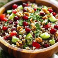 To make this tasty Wild Rice and Cranberry Salad, gather these ingredients: - 1 cup wild rice - 3 cups vegetable broth - 1 cup fresh cranberries (or ½ cup dried cranberries) - 1 cup diced cucumbers - 1 red bell pepper, diced - ½ cup finely chopped red onion - ½ cup chopped walnuts or pecans - ¼ cup fresh parsley, finely chopped - 3 tablespoons extra-virgin olive oil - 2 tablespoons apple cider vinegar - 1 tablespoon pure maple syrup - Salt and freshly ground black pepper to taste This mix creates a salad that bursts with flavor and nutrition. You can change some ingredients based on your taste or what you have at home: - Wild Rice: Quinoa or brown rice works well if you want a quicker option. - Cranberries: Use pomegranate seeds for a sweet twist. - Cucumbers: Zucchini or bell peppers can add crunch. - Nuts: Swap walnuts for almonds or sunflower seeds for a nut-free option. - Parsley: Fresh mint or cilantro can add a unique flavor. Feel free to play around with these swaps to suit your taste. When picking ingredients, choose the best for a great salad: - Wild Rice: Look for whole grains with a rich, dark color. Avoid any that seem dry or damaged. - Cranberries: Fresh cranberries should be firm and bright. If using dried, choose unsweetened for a healthier option. - Vegetables: Select crisp cucumbers and vibrant bell peppers. Freshness matters for taste. - Nuts: Choose raw or lightly toasted nuts for a richer flavor and crunch. - Herbs: Make sure parsley is bright green with no wilting. These tips help you build a salad that looks good and tastes even better. For the full recipe, check the complete instructions. Start by rinsing the wild rice under cold water. Rinsing helps remove extra starch. This will keep the rice from clumping. In a medium saucepan, combine the rinsed rice with three cups of vegetable broth. Bring it to a boil over high heat. Once it boils, reduce the heat to low. Cover the pot and let it simmer for 45-50 minutes. The rice is done when it is tender and the grains have split open. Drain any extra liquid after cooking if needed. If you use fresh cranberries, place them in a small pot of boiling water. Simmer them for about 5-10 minutes. You will know they are ready when they start to burst. Drain the cranberries and let them cool. If you choose dried cranberries, you can skip this step. Dried cranberries are sweet and add a nice chewiness to the salad. In a large mixing bowl, combine the cooked wild rice and cranberries. Add diced cucumbers, diced red bell pepper, finely chopped red onion, and chopped nuts. Use walnuts or pecans for a nice crunch. Stir gently to mix all the ingredients well. In a separate bowl, whisk together olive oil, apple cider vinegar, maple syrup, salt, and pepper. Drizzle this dressing over your salad and toss it gently. Make sure all ingredients are coated evenly. Finally, fold in finely chopped parsley. This adds a fresh touch to the dish. For the best flavor, cover and chill the salad for 30 minutes before serving. Enjoy this wild rice and cranberry salad for its taste and vibrant colors! For the full recipe, check the details above. To boost the flavor of your Wild Rice and Cranberry Salad, focus on your dressing. Use quality olive oil for a rich taste. Combine 3 tablespoons of olive oil with 2 tablespoons of apple cider vinegar. Add 1 tablespoon of pure maple syrup for sweetness. This simple blend brings out the best in the salad. Adjust the salt and pepper to suit your taste. If you want more zing, try adding a squeeze of fresh lemon juice. It brightens the salad and adds a refreshing note. A pinch of garlic powder can also enhance the flavor. Be careful not to overdo it; balance is key. One common mistake is undercooking the wild rice. Make sure it’s tender and the grains have split open. This adds texture and flavor to your salad. Another mistake is not chilling the salad after mixing. Let the salad sit in the fridge for at least 30 minutes. This helps the flavors blend well. Also, don’t skip the herbs. Fresh parsley adds a lovely touch. Avoid using stale nuts or old ingredients. Always check for freshness to ensure the best taste. This salad pairs well with grilled chicken or fish. The flavors complement each other nicely. You can also serve it with roasted vegetables for a complete meal. For a vegetarian option, add chickpeas or feta cheese for extra protein. When serving, use a large bowl to show off the colorful ingredients. Garnish with extra parsley and cranberries for a pretty presentation. Try serving this salad at picnics or potlucks. It’s a crowd-pleaser and easy to transport. For more detailed steps, check the Full Recipe. {{image_4}} You can easily change this wild rice and cranberry salad to fit any diet. Here are some ideas: - Grain Swap: Use quinoa or farro instead of wild rice. Both offer great texture. - Nut Free: Skip the nuts or use seeds like pumpkin or sunflower for crunch. - Vegan Option: This salad is already vegan! But make sure to use maple syrup for sweetness. - Gluten-Free: The ingredients are already gluten-free, so enjoy without worry. Add your spin to the salad with these fun ideas: - Herbs: Try basil or mint for a fresh twist. They will change the flavor profile. - Fruits: Toss in diced apples or pears for sweetness and crunch. - Cheese: Crumbled feta or goat cheese adds creaminess and a tangy flavor. - Spices: Add cinnamon or nutmeg for warmth, especially in fall. You can adapt this salad to match the seasons: - Spring: Add fresh peas or asparagus for a light touch. - Summer: Incorporate cherry tomatoes and corn for sweetness. - Autumn: Use roasted sweet potatoes or butternut squash for a heartier dish. - Winter: Include pomegranate seeds for a burst of color and flavor. These variations keep the wild rice and cranberry salad exciting and fresh. You can find the full recipe to help guide you through these changes. To keep your Wild Rice and Cranberry Salad fresh, use an airtight container. This prevents air from getting in and keeps the salad crisp. Store the salad in your fridge right after serving. If you have leftovers, make sure to cover them tightly. Your salad will stay good for about 3 to 5 days in the fridge. The flavors will continue to blend over time, making it taste even better. If you notice any off smells or changes in texture, it's best to toss it out. To keep the ingredients fresh, store the dressing separately if possible. This will help maintain the crunch of the vegetables and the nuts. You won’t need to heat this salad, as it tastes best cold. If you prefer a warm dish, heat the wild rice separately and mix it with other ingredients before serving. Just be careful not to overheat, as it can make the salad soggy. Enjoy your meal fresh! Yes, you can make this salad ahead of time. In fact, making it early helps the flavors blend well. I recommend making it a day in advance. Just store it in the fridge. This way, you save time on the day of your event. The salad tastes even better after sitting for a while. Ensure you keep the dressing separate until serving. That keeps everything fresh and crisp. I love using walnuts or pecans in this salad. Both add a nice crunch and nutty flavor. Walnuts have a rich taste that pairs well with cranberries. Pecans are sweet and buttery, which balances the tartness. You can also try almonds for a different twist. Just make sure to chop them roughly for texture. Feel free to experiment with your favorites! To turn this salad into a complete meal, add protein. Grilled chicken or chickpeas work great. You can also toss in some feta cheese for extra flavor. Quinoa is another excellent addition. It adds protein and makes the salad heartier. If you want a vegan option, try adding black beans. They are tasty and filling, making your salad a full meal. For the full recipe, check out the complete guide above. You now have a complete guide to making Wild Rice and Cranberry Salad. We covered ingredients, tips, and variations that enhance flavor and appeal. Always choose fresh ingredients for the best taste. Consider dietary needs when making substitutions. Store leftovers properly to ensure quality. By following these steps, you can create a delicious, versatile dish. Enjoy this salad as a side or main meal—it's that easy! Get creative, and make it suit your taste.