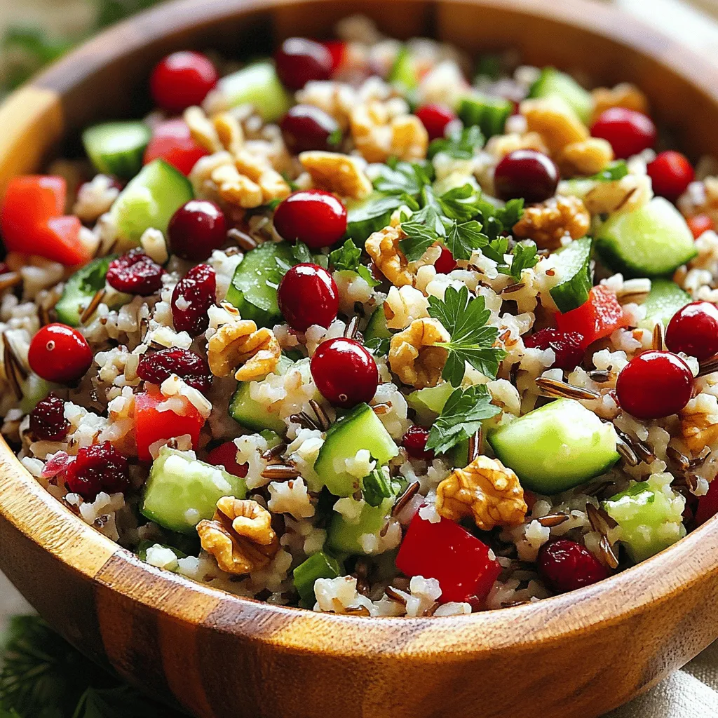 To make this tasty Wild Rice and Cranberry Salad, gather these ingredients: - 1 cup wild rice - 3 cups vegetable broth - 1 cup fresh cranberries (or ½ cup dried cranberries) - 1 cup diced cucumbers - 1 red bell pepper, diced - ½ cup finely chopped red onion - ½ cup chopped walnuts or pecans - ¼ cup fresh parsley, finely chopped - 3 tablespoons extra-virgin olive oil - 2 tablespoons apple cider vinegar - 1 tablespoon pure maple syrup - Salt and freshly ground black pepper to taste This mix creates a salad that bursts with flavor and nutrition. You can change some ingredients based on your taste or what you have at home: - Wild Rice: Quinoa or brown rice works well if you want a quicker option. - Cranberries: Use pomegranate seeds for a sweet twist. - Cucumbers: Zucchini or bell peppers can add crunch. - Nuts: Swap walnuts for almonds or sunflower seeds for a nut-free option. - Parsley: Fresh mint or cilantro can add a unique flavor. Feel free to play around with these swaps to suit your taste. When picking ingredients, choose the best for a great salad: - Wild Rice: Look for whole grains with a rich, dark color. Avoid any that seem dry or damaged. - Cranberries: Fresh cranberries should be firm and bright. If using dried, choose unsweetened for a healthier option. - Vegetables: Select crisp cucumbers and vibrant bell peppers. Freshness matters for taste. - Nuts: Choose raw or lightly toasted nuts for a richer flavor and crunch. - Herbs: Make sure parsley is bright green with no wilting. These tips help you build a salad that looks good and tastes even better. For the full recipe, check the complete instructions. Start by rinsing the wild rice under cold water. Rinsing helps remove extra starch. This will keep the rice from clumping. In a medium saucepan, combine the rinsed rice with three cups of vegetable broth. Bring it to a boil over high heat. Once it boils, reduce the heat to low. Cover the pot and let it simmer for 45-50 minutes. The rice is done when it is tender and the grains have split open. Drain any extra liquid after cooking if needed. If you use fresh cranberries, place them in a small pot of boiling water. Simmer them for about 5-10 minutes. You will know they are ready when they start to burst. Drain the cranberries and let them cool. If you choose dried cranberries, you can skip this step. Dried cranberries are sweet and add a nice chewiness to the salad. In a large mixing bowl, combine the cooked wild rice and cranberries. Add diced cucumbers, diced red bell pepper, finely chopped red onion, and chopped nuts. Use walnuts or pecans for a nice crunch. Stir gently to mix all the ingredients well. In a separate bowl, whisk together olive oil, apple cider vinegar, maple syrup, salt, and pepper. Drizzle this dressing over your salad and toss it gently. Make sure all ingredients are coated evenly. Finally, fold in finely chopped parsley. This adds a fresh touch to the dish. For the best flavor, cover and chill the salad for 30 minutes before serving. Enjoy this wild rice and cranberry salad for its taste and vibrant colors! For the full recipe, check the details above. To boost the flavor of your Wild Rice and Cranberry Salad, focus on your dressing. Use quality olive oil for a rich taste. Combine 3 tablespoons of olive oil with 2 tablespoons of apple cider vinegar. Add 1 tablespoon of pure maple syrup for sweetness. This simple blend brings out the best in the salad. Adjust the salt and pepper to suit your taste. If you want more zing, try adding a squeeze of fresh lemon juice. It brightens the salad and adds a refreshing note. A pinch of garlic powder can also enhance the flavor. Be careful not to overdo it; balance is key. One common mistake is undercooking the wild rice. Make sure it’s tender and the grains have split open. This adds texture and flavor to your salad. Another mistake is not chilling the salad after mixing. Let the salad sit in the fridge for at least 30 minutes. This helps the flavors blend well. Also, don’t skip the herbs. Fresh parsley adds a lovely touch. Avoid using stale nuts or old ingredients. Always check for freshness to ensure the best taste. This salad pairs well with grilled chicken or fish. The flavors complement each other nicely. You can also serve it with roasted vegetables for a complete meal. For a vegetarian option, add chickpeas or feta cheese for extra protein. When serving, use a large bowl to show off the colorful ingredients. Garnish with extra parsley and cranberries for a pretty presentation. Try serving this salad at picnics or potlucks. It’s a crowd-pleaser and easy to transport. For more detailed steps, check the Full Recipe. {{image_4}} You can easily change this wild rice and cranberry salad to fit any diet. Here are some ideas: - Grain Swap: Use quinoa or farro instead of wild rice. Both offer great texture. - Nut Free: Skip the nuts or use seeds like pumpkin or sunflower for crunch. - Vegan Option: This salad is already vegan! But make sure to use maple syrup for sweetness. - Gluten-Free: The ingredients are already gluten-free, so enjoy without worry. Add your spin to the salad with these fun ideas: - Herbs: Try basil or mint for a fresh twist. They will change the flavor profile. - Fruits: Toss in diced apples or pears for sweetness and crunch. - Cheese: Crumbled feta or goat cheese adds creaminess and a tangy flavor. - Spices: Add cinnamon or nutmeg for warmth, especially in fall. You can adapt this salad to match the seasons: - Spring: Add fresh peas or asparagus for a light touch. - Summer: Incorporate cherry tomatoes and corn for sweetness. - Autumn: Use roasted sweet potatoes or butternut squash for a heartier dish. - Winter: Include pomegranate seeds for a burst of color and flavor. These variations keep the wild rice and cranberry salad exciting and fresh. You can find the full recipe to help guide you through these changes. To keep your Wild Rice and Cranberry Salad fresh, use an airtight container. This prevents air from getting in and keeps the salad crisp. Store the salad in your fridge right after serving. If you have leftovers, make sure to cover them tightly. Your salad will stay good for about 3 to 5 days in the fridge. The flavors will continue to blend over time, making it taste even better. If you notice any off smells or changes in texture, it's best to toss it out. To keep the ingredients fresh, store the dressing separately if possible. This will help maintain the crunch of the vegetables and the nuts. You won’t need to heat this salad, as it tastes best cold. If you prefer a warm dish, heat the wild rice separately and mix it with other ingredients before serving. Just be careful not to overheat, as it can make the salad soggy. Enjoy your meal fresh! Yes, you can make this salad ahead of time. In fact, making it early helps the flavors blend well. I recommend making it a day in advance. Just store it in the fridge. This way, you save time on the day of your event. The salad tastes even better after sitting for a while. Ensure you keep the dressing separate until serving. That keeps everything fresh and crisp. I love using walnuts or pecans in this salad. Both add a nice crunch and nutty flavor. Walnuts have a rich taste that pairs well with cranberries. Pecans are sweet and buttery, which balances the tartness. You can also try almonds for a different twist. Just make sure to chop them roughly for texture. Feel free to experiment with your favorites! To turn this salad into a complete meal, add protein. Grilled chicken or chickpeas work great. You can also toss in some feta cheese for extra flavor. Quinoa is another excellent addition. It adds protein and makes the salad heartier. If you want a vegan option, try adding black beans. They are tasty and filling, making your salad a full meal. For the full recipe, check out the complete guide above. You now have a complete guide to making Wild Rice and Cranberry Salad. We covered ingredients, tips, and variations that enhance flavor and appeal. Always choose fresh ingredients for the best taste. Consider dietary needs when making substitutions. Store leftovers properly to ensure quality. By following these steps, you can create a delicious, versatile dish. Enjoy this salad as a side or main meal—it's that easy! Get creative, and make it suit your taste.