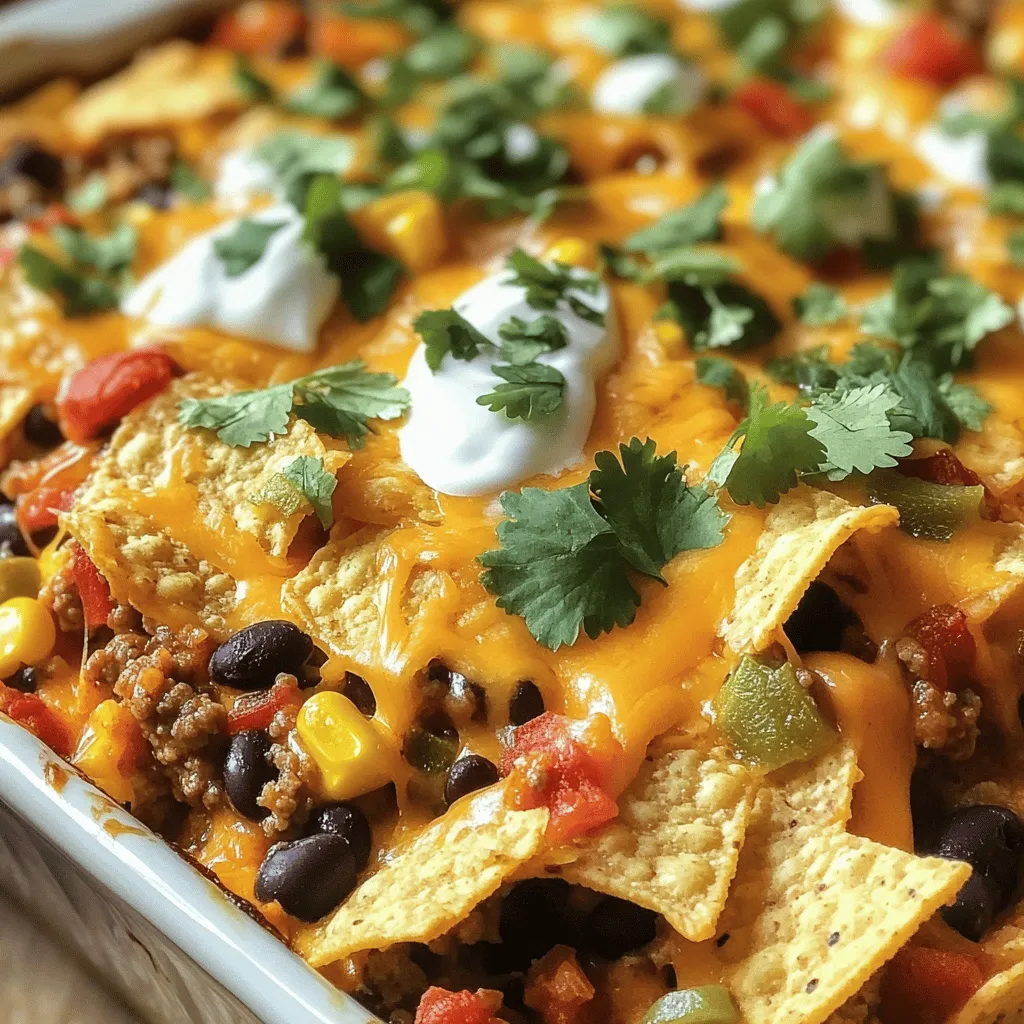 - 1 lb ground beef or turkey - 1 can (15 oz) black beans, drained and rinsed - 1 can (15 oz) corn, drained - 1 can (14.5 oz) diced tomatoes with green chilies - 1 packet (1 oz) taco seasoning - 1 cup salsa The main ingredients create a hearty base for your Easy Taco Casserole. You can choose ground beef or turkey based on your taste. Black beans and corn add fiber and texture. Diced tomatoes bring in a nice flavor. Taco seasoning and salsa are key for that classic taco taste. - 2 cups tortilla chips, slightly crushed - 1 cup shredded cheddar cheese - 1/2 cup sour cream - 1/4 cup fresh cilantro, chopped (for garnish) Cheddar cheese melts beautifully and gives a rich flavor. Sour cream adds creaminess to balance the spices. Fresh cilantro brightens the dish and adds freshness. The crushed tortilla chips give a nice crunch. - Optional toppings: sliced jalapeños, diced avocado, or olives - Ingredient substitutions: Use black-eyed peas instead of black beans for a twist. Swap sour cream with Greek yogurt for a healthier option. These tips help you customize your casserole. Try adding toppings for a fun twist. You can easily adjust ingredients to fit your dietary needs. For more details, check the Full Recipe. - Preheating the oven: Start by preheating your oven to 350°F (175°C). Make sure the rack is in the center. This helps the casserole cook evenly. - Cooking the meat: In a large skillet, add 1 lb of ground beef or turkey over medium heat. Use a spatula to break the meat apart as it cooks. You want to brown it well, which takes about 5-7 minutes. If there's too much fat, drain it off. This keeps your casserole from being greasy. - Layering tortilla chips and meat mixture: Grease a 9x13 inch baking dish. Start with half of the crushed tortilla chips at the bottom. Then, spoon half of the meat mixture over the chips, spreading it evenly. - Adding cheese layers: Sprinkle half of the shredded cheddar cheese over the meat layer. Repeat this process with the remaining tortilla chips, meat, and finish with the last half of the cheese. This creates a tasty, cheesy topping. - Baking time and temperature: Place the baking dish in the preheated oven. Bake for 20-25 minutes. The cheese should be melted, bubbly, and slightly golden. Keep an eye on it to avoid over-browning. - Cooling and serving tips: Once baked, take the casserole out of the oven. Let it cool for a few minutes before serving. Drizzle sour cream on top and garnish with fresh cilantro. This adds a burst of flavor and color. For more detailed steps, refer to the Full Recipe. - Preventing a greasy casserole: To keep your casserole from being greasy, drain any excess fat after cooking the meat. This small step can make a big difference. Use a paper towel to absorb any remaining grease before mixing in the other ingredients. - Ensuring even cooking: Make sure to preheat your oven. This helps the cheese melt nicely and the casserole cook evenly. Position the rack in the center to avoid hot spots. Keep an eye on it while baking, as ovens can vary in temperature. - Presentation ideas for serving: Serve the casserole straight from the baking dish. This gives a cozy, homey touch. For a more polished look, scoop portions onto colorful plates. Top each serving with extra cilantro for a fresh pop of color. - Pairing with sides and drinks: Pair the casserole with a simple side salad for balance. You can also add tortilla chips or a scoop of guacamole. For drinks, consider serving margaritas or a light soda to enhance the fiesta vibe. - Recommended kitchen equipment: Use a large skillet for cooking the meat and a spatula for stirring. A measuring cup is helpful for portioning salsa and cheese. - Suggested bakeware: A 9x13 inch baking dish works well for this recipe. Make sure it’s greased to prevent sticking. An oven mitt is a must when handling hot dishes. These tips will help you create a perfect Easy Taco Casserole that your family will love! For the complete guide, check out the full recipe. {{image_4}} You can easily swap out ground beef for chicken or turkey. This keeps the dish light and tasty. If you want a plant-based option, use lentils or black beans. This makes the casserole healthy and filling. For gluten-free options, choose corn tortilla chips instead of regular ones. You can also use gluten-free taco seasoning. To make it dairy-free, skip the cheese and sour cream. Use avocado instead for creaminess. To spice things up, add jalapeños or bell peppers. These ingredients give the casserole extra crunch and flavor. You can adjust the spice level to your liking. If you want it mild, skip the jalapeños. For a kick, add a sprinkle of cayenne pepper or hot sauce. This makes the dish fun for everyone at the table. Leftovers can be a delight! You can enjoy them in a burrito or taco. Just wrap the casserole mix in a tortilla with some fresh toppings. Another idea is to turn it into a quesadilla. Just spread the leftovers between two tortillas and grill until crispy. This gives you a new dish without much effort. To store your taco casserole, let it cool first. Then, cover it tightly. Use plastic wrap or aluminum foil. This keeps it fresh in the fridge. It’s best to eat it within 3-4 days. If you want to keep it longer, freezing works well. For freezing, cut the casserole into portions. Place each piece in a freezer-safe container. You can also wrap them in foil. This makes it easy to reheat later. When you’re ready, simply thaw it in the fridge overnight. To reheat the casserole, the oven is best. Preheat your oven to 350°F. Place the casserole in an oven-safe dish. Add a splash of salsa or broth to keep it moist. Cover it with foil to prevent drying out. Heat for about 20-25 minutes, or until hot. You can also use the microwave. Place a portion in a microwave-safe bowl. Cover with a damp paper towel to trap steam. Heat in 1-minute increments until warm. In the fridge, taco casserole lasts about 3-4 days. If frozen, it can last for up to 3 months. Always check for signs of spoilage. Look for any strange smells or mold. If it smells off or looks funny, toss it. Enjoy your taco fiesta with confidence! You can swap ground beef or turkey with plant-based proteins. Here are some great options: - Crumbled tempeh - Lentils cooked in taco seasoning - Chopped mushrooms for a meaty texture These swaps keep the flavor while making it meat-free. Yes, you can prepare it ahead. Here’s how: 1. Cook the meat and mix with other ingredients. 2. Layer the casserole in the baking dish. 3. Cover and refrigerate for up to 24 hours. When ready, just bake it straight from the fridge. You may need to add a few extra minutes to the cook time. You can get creative with toppings! Here are some ideas: - Sliced jalapeños for heat - Chopped green onions for freshness - Sliced olives for a briny kick - Avocado or guacamole for creaminess These toppings add fun and flavor. Yes, it is! Here are some tips to make it even more appealing: - Use mild salsa or no salsa for less heat. - Skip spicy toppings like jalapeños. - Serve with a side of sour cream for dipping. Kids love the cheesy goodness and crunchy chips. You can find the full recipe for Taco Fiesta Casserole [here](#). Dive into all the details to make this tasty dish! In this post, we explored how to make a tasty Taco Fiesta Casserole. We looked at the key ingredients like ground meat and beans, with options for cheese and garnishes. We detailed simple steps for preparation and cooking. I shared tips to avoid common mistakes and suggested fun variations to suit your taste. Finally, we discussed how to store leftovers effectively. Cooking should be fun and easy, and with this casserole, you can enjoy a great meal anytime!