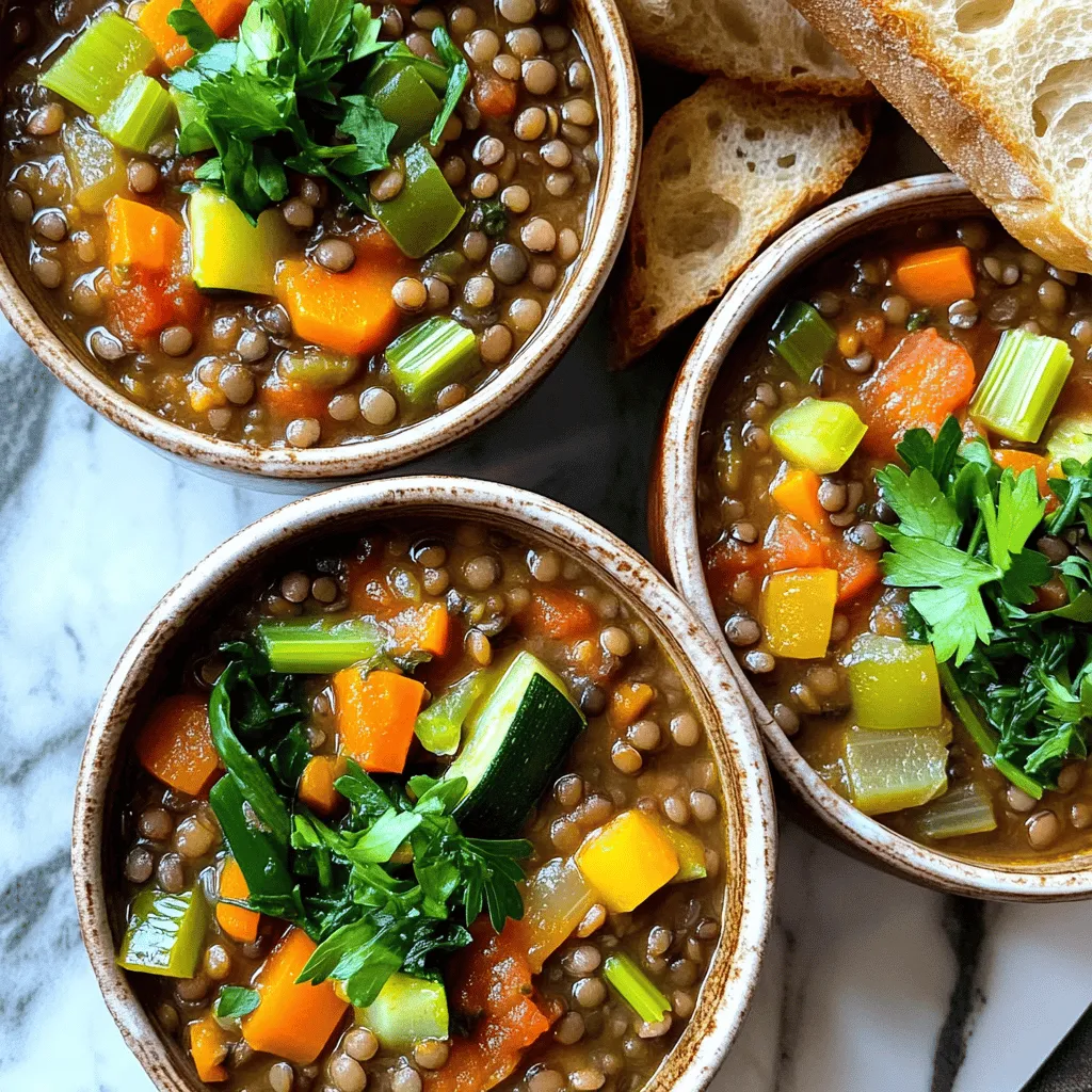 - 1 cup green or brown lentils, thoroughly rinsed - 1 medium onion, finely diced - 2 cloves garlic, minced - 2 carrots, peeled and diced - 2 celery stalks, diced - 1 medium zucchini, diced - 1 bell pepper (choose either red or yellow), diced - 1 can (14 oz) diced tomatoes, including juice - 4 cups vegetable broth - 1 teaspoon ground cumin - 1 teaspoon smoked paprika - 1 bay leaf - Salt and black pepper to taste - 2 tablespoons olive oil - 1 cup fresh spinach, roughly chopped - Fresh parsley, chopped (for garnish) When I make this hearty lentil and vegetable stew, I love choosing fresh, vibrant ingredients. The green or brown lentils are the base of this dish. They are rich in protein and fiber. The fresh vegetables, like onion, garlic, and carrots, add a nice crunch and flavor. I always pick zucchini and bell pepper for their sweetness. The canned diced tomatoes make the stew juicy and rich. Vegetable broth brings it all together, adding depth to the flavor. For seasoning, I use cumin and smoked paprika. They give the stew a warm, inviting taste. A bay leaf adds an extra layer of aroma. I finish with fresh spinach for color and nutrients. Finally, I garnish with parsley for a fresh touch. You can find the full recipe above to guide you through each step. Enjoy this simple and nourishing dish! 1. Initial sautéing of onion and garlic Start by heating olive oil in a large pot over medium heat. Add the finely diced onion and sauté it for about 3-4 minutes. You want the onion to be soft and smell great. Next, stir in the minced garlic for one more minute. Keep an eye on it, so it doesn’t burn. 2. Adding and cooking other vegetables Now, add the diced carrots and celery to the pot. Sauté these for about 5 minutes until they begin to soften. Then, toss in the diced zucchini and bell pepper, along with the rinsed lentils. Mix everything well to combine. 3. Incorporating lentils and liquids Pour the can of diced tomatoes, including the juice, into the pot. Add the vegetable broth next. Sprinkle in the ground cumin, smoked paprika, and drop in the bay leaf. Season with salt and black pepper. Stir everything together and bring it to a boil. 1. Bringing the mixture to a boil Once the stew boils, reduce the heat to a gentle simmer. Cover the pot and let it cook for about 30-35 minutes. This time allows the lentils to become tender and the vegetables to cook through. 2. Cooking duration and heat adjustments Keep an eye on the stew as it cooks. If it appears too thick, you can add a bit more vegetable broth. Stir occasionally to prevent sticking. 3. Incorporating spinach before serving In the last 2-3 minutes of cooking, fold in the fresh spinach. It should wilt quickly and add a nice pop of color. Taste the stew and adjust the seasoning as needed. Don’t forget to remove the bay leaf before you serve. For the full recipe, refer to the earlier section. To make the best stew, start by seasoning it well. I like to add salt and pepper early. This helps the flavors blend. Taste as you go to find the right balance. You can also add spices like thyme or rosemary for extra flavor. Cooking time can change based on the lentil type. Green or brown lentils cook in about 30 to 35 minutes. Red lentils cook faster, usually in 20 minutes. Check your lentils often to avoid overcooking. You can enhance the flavor using other spices too. Try adding a dash of cayenne for heat or a splash of soy sauce for depth. Experiment with your favorites! For cooking stews, choose a heavy pot. A Dutch oven works great. It holds heat well and cooks evenly. If you don’t have one, any large pot will do. Chopping vegetables can take time, but good tools help. A sharp chef’s knife makes cutting easy. A cutting board with measurements can help you cut even pieces. This ensures they cook at the same rate. Check out the Full Recipe to see how all these tips come together! {{image_4}} You can switch up the lentils for a new taste. Red or yellow lentils work well too. They cook faster and add a different flavor. You can also play with the veggies. Sweet potatoes give a nice sweetness, while mushrooms add a hearty texture. Feel free to mix in your favorites. If you need a gluten-free stew, it's quite simple. Just ensure your broth has no gluten. Most vegetable broths are safe. For those who want a vegan stew, it’s already vegan-friendly! You can boost protein by adding chickpeas or tofu. These changes make the stew fit any need. Enjoy your cooking adventure with these fun variations! To keep your hearty lentil and vegetable stew fresh, follow these steps: - Storing leftovers in the refrigerator: Once the stew cools, place it in an airtight container. It will stay good for 3 to 5 days in the fridge. Be sure to let it cool before sealing to prevent condensation. - Freezing the stew for later use: For longer storage, freeze the stew. Use freezer-safe containers or bags. It can last for up to 3 months in the freezer. Label your containers with a date for easy tracking. When you're ready to enjoy your stew again, reheating is key. - Best methods for reheating without losing texture: Heat the stew on the stove over medium heat. Stir often to ensure even warming. You can also use a microwave. Just cover the bowl with a lid or microwave-safe wrap, leaving a small gap for steam. Heat in short bursts, stirring in between. - Portioning for meal prep convenience: If you meal prep, divide the stew into single-serving portions. This makes it easy to grab and go. Store these portions in the fridge or freezer as needed. For the complete recipe, check the Full Recipe section. How long can I store lentil stew in the fridge? You can keep lentil stew in the fridge for up to five days. Make sure to store it in an airtight container. This helps maintain its flavor and freshness. If you want to keep it longer, consider freezing it. Can I prepare this stew in advance? Yes, you can prepare this stew in advance. It tastes even better the next day. Just let it cool, then store it in the fridge. Reheat it gently on the stove when you're ready to enjoy it. What can I serve with lentil stew for a complete meal? Lentil stew pairs well with crusty bread or rice. You can also add a fresh salad for extra crunch. If you want protein, grilled chicken or fish works nicely too. Enjoy the stew with these sides for a hearty meal. You now have everything to make a hearty lentil and vegetable stew. We covered the key ingredients, step-by-step instructions, and helpful tips. Plus, you learned how to adjust the recipe based on your taste and needs. Cooking can be simple and fun. With these guidelines, you can enjoy a warm, healthy dish any time. Try it out, and don't be afraid to make your own twists!