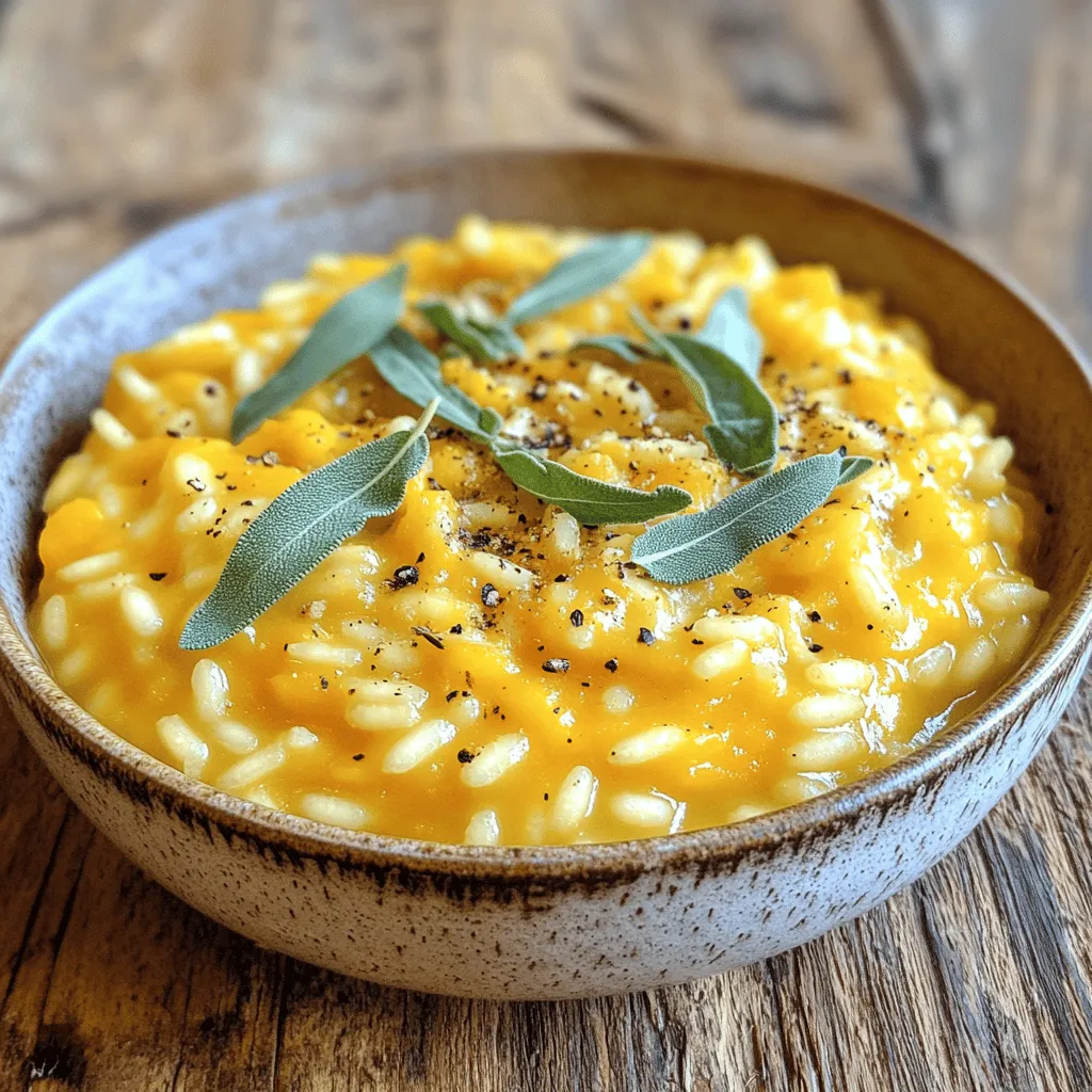 To make pumpkin risotto with sage, you will need the following ingredients: - 1 cup Arborio rice - 2 cups pumpkin puree (canned or homemade) - 4 cups vegetable broth - 1 medium onion, finely chopped - 2 tablespoons olive oil - 1 tablespoon fresh sage, chopped (plus additional for garnish) - 1/2 cup grated Parmesan cheese (optional) - Salt and freshly cracked black pepper to taste - 1 tablespoon unsalted butter - Pumpkin Puree: You can use canned pumpkin puree for ease. If you prefer, make your own by roasting fresh pumpkin and blending it until smooth. - Onion: Chop the onion finely to help it cook quickly and blend into the risotto well. - Sage: Use fresh sage for the best flavor. If it’s not available, dried sage can work, but use less. - Arborio Rice: If you can’t find Arborio rice, you can use Carnaroli or Vialone Nano rice. They will give a similar creamy texture. - Vegetable Broth: You can replace vegetable broth with chicken broth for a different flavor. - Parmesan Cheese: For a dairy-free version, try nutritional yeast or a dairy-free cheese substitute. Start by warming your vegetable broth in a saucepan over low heat. Keeping it warm is key. It helps the risotto cook evenly and keeps the texture nice. While the broth heats, chop your onion finely. In a heavy pot, heat olive oil over medium heat. Add the chopped onion and cook for about 5 minutes. Stir it often until the onion turns soft and clear. Next, add the Arborio rice to the pot. Stir the rice into the oil and onion mix. Toast the rice for 1-2 minutes. This step makes the rice taste better. Now, pour in one ladle of the warm broth. Stir constantly until the rice absorbs all the liquid. This is very important for a creamy texture. After that, mix in the pumpkin puree and another ladle of broth. Keep stirring until the mixture is creamy. Continue adding broth one ladle at a time, stirring well. This process takes about 18-20 minutes. The rice should be al dente. You might not need all the broth. When your risotto has the right creaminess, take it off the heat. Fold in the chopped sage, unsalted butter, and Parmesan cheese if you want. Add salt and freshly cracked black pepper to taste. Let the risotto rest for a minute to thicken a bit. For the best presentation, serve it in shallow bowls. Top with extra sage and a sprinkle of pepper for aroma. A drizzle of olive oil adds a nice touch too. For the full recipe, check out the details above. To make your pumpkin risotto burst with flavor, focus on fresh ingredients. Use fresh sage instead of dried sage. Fresh herbs add a bright taste. Toast the Arborio rice lightly before adding broth. This step builds a nutty flavor. Consider adding garlic for depth. A touch of nutmeg can deepen the pumpkin flavor. For a richer taste, stir in some cream or more cheese at the end. Many cooks rush the process. Patience is key for creamy risotto. Avoid adding too much broth at once. Add one ladle at a time and stir well. This ensures even cooking. If you add all the broth too fast, the rice can become mushy. Lastly, don’t forget to taste and adjust seasoning. Salt can make a big difference in flavor. For the best creamy risotto, use warm broth throughout cooking. Cold broth shocks the rice and slows down cooking. Stir often, but not constantly. This helps release starch and create creaminess. When the risotto is done, take it off the heat before adding butter and cheese. This keeps it smooth and glossy. Serve it right away for the best experience. For more tips, check the Full Recipe linked above. {{image_4}} You can change up your pumpkin risotto based on the season. In fall, add mushrooms. They add earthiness and depth. You can sauté them with the onions for extra flavor. In spring, try adding fresh spinach. The bright green color looks great and tastes fresh. Just stir it in at the end for a quick wilt. If you need a vegan option, skip the Parmesan cheese and butter. Use plant-based butter instead. For gluten-free risotto, ensure your vegetable broth is gluten-free. Arborio rice is naturally gluten-free, so you are safe with that. These changes keep the dish creamy and delicious. Pumpkin risotto pairs well with many things. A simple green salad with vinaigrette adds a nice crunch. Grilled chicken or roasted veggies are great side dishes too. For a drink, a crisp white wine or sparkling water complements the flavors well. If you want something warm, try a light soup. These pairs enhance the meal and make it more satisfying. Feel free to explore these variations to make the dish your own. For the full recipe, check out the earlier section. To store leftover pumpkin risotto, let it cool first. Place it in an airtight container. Keep it in the fridge for up to three days. Make sure to seal the container tightly. This will help keep the flavors fresh. When ready to eat, you can reheat the risotto on the stove or in the microwave. For the stove, add a splash of broth or water. Heat it over low heat, stirring often. This helps revive its creamy texture. In the microwave, heat it in 30-second bursts. Add a little liquid if it's too thick. Stir between each burst. You can freeze pumpkin risotto, but it may change in texture. Use a freezer-safe container and leave some space at the top. The risotto can last in the freezer for about a month. When you thaw it, the risotto may look grainy. Reheat gently and add a little broth to help smooth it out. For the best taste, enjoy it fresh whenever possible. For the full recipe, refer to the previous section. The best rice for risotto is Arborio rice. This rice has a high starch content. It creates a creamy texture. Other good options include Carnaroli and Vialone Nano. These types also work well for rich, creamy risotto. If you want a different texture, try using sushi rice. However, Arborio is my personal favorite for pumpkin risotto. You can make risotto ahead of time, but it may lose its creaminess. When it cools, the rice absorbs more liquid. If you want to reheat it, add a bit of broth or water. Stir it while heating on low to bring back the creamy texture. For the best taste, I suggest making it fresh when possible. Toppings can elevate your pumpkin risotto. Here are some tasty ideas: - Chopped fresh sage - Crumbled feta or goat cheese - Toasted pumpkin seeds - A drizzle of balsamic glaze - Crispy bacon or pancetta These toppings add flavor and texture. They make the dish even more delightful. For the full recipe and details, check out the main article. In this post, we covered key ingredients for risotto, how to prepare them, and tips for cooking. I shared ways to enhance flavor and avoid mistakes. We explored variations that cater to different diets and tastes. Finally, I provided storage tips for leftovers. Remember, making risotto is all about practice. Don't get discouraged by early mishaps. Enjoy the process, and you'll master this dish in no time.