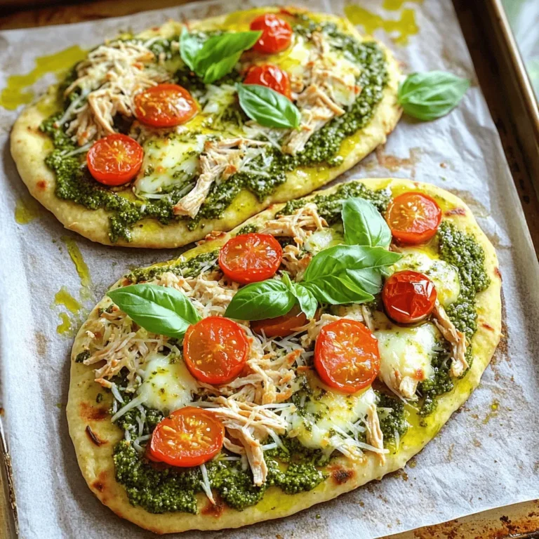 - 2 flatbreads (store-bought or homemade) - 1 cup cooked chicken, shredded into bite-sized pieces - 1/2 cup basil pesto (store-bought or homemade) The base of this dish is the flatbreads. They give a nice, crispy texture. You can use store-bought flatbreads for speed or make your own for fun. Next, we add cooked chicken. Shredded chicken is easy to distribute and adds great flavor. You can use any leftover chicken or rotisserie chicken. Finally, basil pesto brings all the taste together. It adds a rich, herbal flavor that makes your flatbread special. - 1 cup cherry tomatoes, sliced in half - 1 cup fresh mozzarella cheese, shredded - 1/4 cup parmesan cheese, finely grated - A handful of fresh basil leaves for garnish Toppings are what make this dish pop. Cherry tomatoes add sweetness and color. Fresh mozzarella melts beautifully, while parmesan gives a nice sharpness. Don’t forget fresh basil leaves! They add a lovely touch both in taste and looks. - Extra virgin olive oil for drizzling - Salt and black pepper to taste Seasoning is key to flavor. A drizzle of extra virgin olive oil enhances everything. It also helps the flatbreads crisp up nicely. Salt and black pepper add depth and balance. Adjust these to your taste for the best results. For the complete recipe, check the Full Recipe section! 1. Preheating the Oven Start by preheating your oven to 400°F (200°C). This step is key for a crispy flatbread. 2. Arranging Flatbreads on Baking Sheet Next, arrange your flatbreads on a baking sheet lined with parchment paper. This helps prevent sticking and makes cleanup easy. 1. Spreading Basil Pesto Take half a cup of basil pesto and spread it generously over each flatbread. Make sure to cover every inch for great flavor. 2. Adding Chicken and Toppings Now, add one cup of shredded chicken on top of the pesto. Make sure to spread it out evenly. Then, add sliced cherry tomatoes and sprinkle the fresh mozzarella and parmesan cheese on top. 1. Baking Time and Temperature Place the baking sheet in your preheated oven. Bake for 12-15 minutes. You want the cheese to melt and turn slightly golden. 2. Garnishing Before Serving After baking, take the flatbreads out of the oven. Let them cool for a couple of minutes. Finally, garnish with fresh basil leaves before slicing and serving. For detailed cooking steps and ingredients, check out the Full Recipe. How to Achieve the Perfect Cheese Melt To get the cheese just right, use fresh mozzarella. Shred it yourself for better meltability. Mix it with parmesan for extra creaminess. Bake the flatbreads until the cheese is bubbly and slightly golden. This usually takes about 12-15 minutes at 400°F. Keep an eye on them to avoid burning. Preventing Flatbreads from Sticking To stop your flatbreads from sticking, use parchment paper on your baking sheet. This makes cleanup a breeze too. Lightly drizzle olive oil on the flatbreads before adding toppings. This helps them slide off easily after baking. Additional Herbs and Spices Want to kick up the flavor? Add herbs like thyme or oregano. You can even sprinkle some crushed red pepper for heat. These little extras can make your flatbread pop with flavor. Using Homemade Pesto vs. Store-Bought Homemade pesto shines with fresh taste. It’s quick to make with basil, garlic, and nuts. Store-bought pesto saves time and still tastes great. Choose what fits your needs best. If you have time, I recommend making your own for the best flavor. Pairing with Salads or Sides Flatbreads pair well with fresh salads. A simple arugula salad dressed with lemon works great. You can also serve it with roasted veggies for a hearty meal. The contrast in flavors enhances your dining experience. Creative Ways to Slice and Serve For a fun presentation, slice the flatbreads into triangles. Serve them on a wooden board for a rustic look. Drizzle some extra pesto on top for a pop of color. This makes your meal look as good as it tastes! For the full recipe, check out the Delicious Pesto Chicken Flatbread Delight section. {{image_4}} You can easily change the protein in this dish. If you prefer turkey, use shredded turkey instead of chicken. Tofu works too! It absorbs flavors well and adds a nice texture. For cheese, you have options. Try feta for a tangy twist. Goat cheese is another great choice. Both add unique flavors to your flatbread. Making your flatbreads is simple and fun. You can mix flour, water, and yeast to create your base. It gives you a warm, fresh taste. If you are short on time, store-bought flatbreads are great too. You can also customize your pesto. Use spinach or kale if you want a different flavor. Mix in nuts like walnuts or cashews for extra crunch. If you need gluten-free options, look for gluten-free flatbreads at the store. They taste great and work well in this recipe. For vegan modifications, skip the chicken and cheese. You can use chickpeas for protein and nutritional yeast for a cheesy flavor. Your pesto can be made with olive oil, garlic, and nuts for a rich taste without dairy. For the full recipe, check out the Delicious Pesto Chicken Flatbread Delight section. To keep your pesto chicken flatbread fresh, use airtight containers. These containers prevent moisture from getting in. Place the flatbreads in one layer if possible. For best taste, eat leftovers within three days. To reheat your flatbread, use an oven at 350°F (175°C). This method helps keep the flavors alive. Avoid microwaving, as it can make the flatbread soggy. Bake for about 10 minutes. Check to ensure the cheese melts again. You can freeze assembled flatbreads for later. Wrap each flatbread in plastic wrap, then foil. This extra layer helps prevent freezer burn. When you're ready to eat, thaw in the fridge overnight. Reheat them in the oven for the best results. Can I use frozen flatbreads? Yes, you can use frozen flatbreads. Just thaw them first. This helps them bake evenly. If you skip thawing, the center may stay cold. How do I make homemade basil pesto? Making homemade basil pesto is simple. You need fresh basil, garlic, pine nuts, olive oil, and cheese. Blend these together until smooth. Adjust the ingredients to taste. What is the best baking temperature for flatbreads? The best baking temperature for flatbreads is 400°F (200°C). This heat melts the cheese well and crisps the bread. Preheating your oven is key to great results. How do I know when the flatbread is done? You know the flatbread is done when the cheese melts and turns slightly golden. It should look bubbly and delicious. Keep an eye on it as it cooks. Can I use different meats or veggies? Absolutely! You can use turkey, ham, or even veggies like bell peppers. Get creative with flavors. Just ensure your ingredients are cooked before adding them to the flatbread. Is there a dairy-free alternative for the cheese? Yes, you can use dairy-free cheese. Many brands offer tasty options that melt well. Nutritional yeast can also add a cheesy flavor without dairy. In this article, we explored how to make easy pesto chicken flatbread. We covered main ingredients like flatbreads, cooked chicken, and basil pesto. You also learned about toppings such as cherry tomatoes and mozzarella cheese. I provided tips on cooking and storage, plus creative variations. Try these steps and tips to enjoy a tasty meal. You can customize it to fit your taste. Whether you're cooking for yourself or friends, this dish is sure to please!