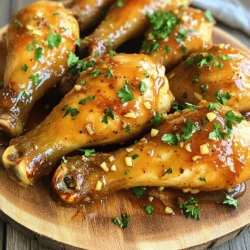 To make Baked Honey Garlic Chicken Drumsticks, gather these items: - 10 chicken drumsticks - 1/2 cup honey - 1/4 cup low-sodium soy sauce - 4 cloves garlic, finely minced - 1 tablespoon freshly grated ginger - 1 tablespoon apple cider vinegar - 1 teaspoon freshly cracked black pepper - 1 teaspoon onion powder - 1/2 teaspoon sea salt - 1/2 teaspoon red pepper flakes (optional, for a spicy kick) - Fresh parsley, finely chopped (for garnish) When measuring, accuracy matters. Here’s a simple guide: - Use a liquid measuring cup for honey and soy sauce. - Use dry measuring cups for ginger and vinegar. - A kitchen scale can help with chicken weight. - A teaspoon and tablespoon set ensures correct spice measurements. Don’t have all the ingredients? No problem! Here are some swaps: - Maple syrup can replace honey for a different sweet taste. - Coconut aminos can replace soy sauce for a soy-free option. - Garlic powder can work instead of fresh garlic if you’re in a pinch. - Use lemon juice instead of apple cider vinegar for a tangy flavor. - For added heat, try using sriracha or chili paste instead of red pepper flakes. You can find the full recipe in the link above. Enjoy cooking! First, gather your ingredients. You will need ten chicken drumsticks, honey, soy sauce, garlic, ginger, apple cider vinegar, black pepper, onion powder, sea salt, and red pepper flakes if you want some heat. Next, preheat your oven to 400°F (200°C). Line a baking sheet with aluminum foil. This makes cleanup easier. Place a wire rack on top of the foil. The rack helps the heat circulate around the drumsticks for even cooking. In a medium bowl, mix honey, soy sauce, minced garlic, grated ginger, apple cider vinegar, black pepper, onion powder, sea salt, and red pepper flakes. Whisk these ingredients until smooth. Now, put the chicken drumsticks in a large bowl or a zip-lock bag. Pour the marinade over the chicken. Make sure each drumstick gets coated well. For best flavor, let it marinate in the fridge for at least 30 minutes. If you have time, marinate for up to 4 hours. After marinating, take the drumsticks out and shake off the extra marinade. Place them on the wire rack, leaving space between each drumstick. This helps them cook evenly and get crispy. Bake the drumsticks in the oven for 35-40 minutes. Halfway through, turn them for even browning. To check if they are done, use a meat thermometer. The chicken should reach 165°F (74°C) inside, and the skin should look golden brown. For extra flavor, brush some marinade on the drumsticks during the last 5 minutes of baking. This adds a nice glaze. Once the chicken is done, take it out of the oven and let it rest for 5 minutes. Resting helps the juices settle, making the chicken tender. Before you serve, sprinkle chopped parsley on top for a fresh look. For a great presentation, serve the drumsticks on a rustic platter. Drizzle any leftover honey garlic sauce over them. Pair with roasted veggies or a fresh salad for a complete meal. For the full recipe, check out the details above. To get the best flavor, marinate the chicken well. Use a large bowl or zip-lock bag. This helps the chicken soak up the honey garlic sauce. I recommend marinating for at least 30 minutes. If you have more time, marinate for up to 4 hours. This step makes a big difference in taste. Crispy skin makes the dish even better. To achieve this, place the drumsticks on a wire rack. The rack allows hot air to flow around the chicken. This helps the skin crisp up nicely. Also, turning the drumsticks halfway through baking helps them brown evenly. You can brush on some extra marinade in the last few minutes for added flavor and crispiness. Want to boost the flavor? You can add a squeeze of fresh lemon juice to the marinade. The acidity brightens the taste. Also, try adding herbs like thyme or rosemary. They pair well with honey and garlic. If you like heat, sprinkle in some red pepper flakes. This gives a spicy kick that many enjoy. For a sweet touch, drizzle a bit of extra honey before serving. For full details, check the [Full Recipe]. {{image_4}} You can make spicy honey garlic drumsticks by adding more heat. Use more red pepper flakes. You can also add a dash of hot sauce to the marinade. This adds a nice kick to the sweet flavor of honey. Adjust to your taste for a spicy treat. You can bake the drumsticks in the oven or use an air fryer. The oven gives you a nice golden color. It takes about 35-40 minutes. The air fryer cooks faster, usually around 25-30 minutes. Both methods make crispy skin, but the air fryer may be crispier due to hot air circulation. You can switch up the sauce for different flavors. Try using teriyaki sauce for a sweet and savory taste. Barbecue sauce adds a smoky flavor. For a tangy twist, use a lemon garlic sauce. Each sauce changes the dish and brings new life to your meals. For more ideas, check the Full Recipe. After you enjoy your baked honey garlic chicken drumsticks, let them cool down. Place any leftovers in an airtight container. Store them in the fridge for up to three days. This keeps the chicken fresh and tasty. If you want to keep the drumsticks longer, freezing is a good option. First, make sure they are completely cool. Wrap each drumstick in plastic wrap. Then, place them in a freezer-safe bag. You can freeze them for up to three months. Label the bag with the date so you know when to use them. When you are ready to eat the leftovers, take them out of the fridge or freezer. If frozen, let them thaw in the fridge overnight. To reheat, preheat your oven to 350°F (175°C). Place the drumsticks on a baking sheet. Heat them for about 15-20 minutes. This way, they get warm and crispy again. You can also microwave them, but the skin may not be as crispy. Enjoy your delicious meal! To check if your drumsticks are done, use a meat thermometer. Insert it into the thickest part of the chicken. It should read at least 165°F (74°C). If you don't have a thermometer, look for clear juices when you pierce the chicken with a knife. If the juices run clear, the chicken is cooked. The skin should look golden and crispy, which is a great sign as well. Yes, you can use chicken thighs instead of drumsticks. Thighs have more meat and can stay juicy. Just adjust the cooking time. Thighs may need a few extra minutes in the oven. Make sure they also reach the same internal temperature of 165°F (74°C) for safety. Many sides go well with baked honey garlic chicken. Here are some tasty choices: - Roasted vegetables like carrots and broccoli - Steamed broccoli or green beans - Rice or quinoa to soak up the sauce - A fresh mixed salad with a light dressing These sides add color and flavor to your meal while balancing the sweetness of the chicken. For more ideas, check out the Full Recipe. To recap, this guide covered everything about baking delicious honey garlic chicken drumsticks. We explored the needed ingredients, how to prepare and bake, and helpful tips for perfecting your dish. You learned about variations and storage tips to make the most of your meal. Remember, cooking is about fun and flavor. Try new sauces and methods. Enjoy tasty bites with friends and family!