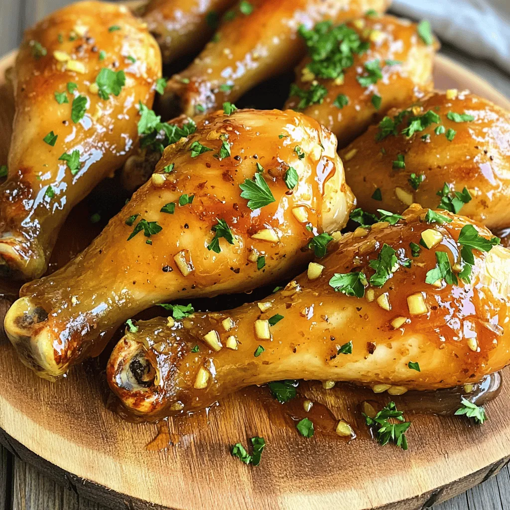 To make Baked Honey Garlic Chicken Drumsticks, gather these items: - 10 chicken drumsticks - 1/2 cup honey - 1/4 cup low-sodium soy sauce - 4 cloves garlic, finely minced - 1 tablespoon freshly grated ginger - 1 tablespoon apple cider vinegar - 1 teaspoon freshly cracked black pepper - 1 teaspoon onion powder - 1/2 teaspoon sea salt - 1/2 teaspoon red pepper flakes (optional, for a spicy kick) - Fresh parsley, finely chopped (for garnish) When measuring, accuracy matters. Here’s a simple guide: - Use a liquid measuring cup for honey and soy sauce. - Use dry measuring cups for ginger and vinegar. - A kitchen scale can help with chicken weight. - A teaspoon and tablespoon set ensures correct spice measurements. Don’t have all the ingredients? No problem! Here are some swaps: - Maple syrup can replace honey for a different sweet taste. - Coconut aminos can replace soy sauce for a soy-free option. - Garlic powder can work instead of fresh garlic if you’re in a pinch. - Use lemon juice instead of apple cider vinegar for a tangy flavor. - For added heat, try using sriracha or chili paste instead of red pepper flakes. You can find the full recipe in the link above. Enjoy cooking! First, gather your ingredients. You will need ten chicken drumsticks, honey, soy sauce, garlic, ginger, apple cider vinegar, black pepper, onion powder, sea salt, and red pepper flakes if you want some heat. Next, preheat your oven to 400°F (200°C). Line a baking sheet with aluminum foil. This makes cleanup easier. Place a wire rack on top of the foil. The rack helps the heat circulate around the drumsticks for even cooking. In a medium bowl, mix honey, soy sauce, minced garlic, grated ginger, apple cider vinegar, black pepper, onion powder, sea salt, and red pepper flakes. Whisk these ingredients until smooth. Now, put the chicken drumsticks in a large bowl or a zip-lock bag. Pour the marinade over the chicken. Make sure each drumstick gets coated well. For best flavor, let it marinate in the fridge for at least 30 minutes. If you have time, marinate for up to 4 hours. After marinating, take the drumsticks out and shake off the extra marinade. Place them on the wire rack, leaving space between each drumstick. This helps them cook evenly and get crispy. Bake the drumsticks in the oven for 35-40 minutes. Halfway through, turn them for even browning. To check if they are done, use a meat thermometer. The chicken should reach 165°F (74°C) inside, and the skin should look golden brown. For extra flavor, brush some marinade on the drumsticks during the last 5 minutes of baking. This adds a nice glaze. Once the chicken is done, take it out of the oven and let it rest for 5 minutes. Resting helps the juices settle, making the chicken tender. Before you serve, sprinkle chopped parsley on top for a fresh look. For a great presentation, serve the drumsticks on a rustic platter. Drizzle any leftover honey garlic sauce over them. Pair with roasted veggies or a fresh salad for a complete meal. For the full recipe, check out the details above. To get the best flavor, marinate the chicken well. Use a large bowl or zip-lock bag. This helps the chicken soak up the honey garlic sauce. I recommend marinating for at least 30 minutes. If you have more time, marinate for up to 4 hours. This step makes a big difference in taste. Crispy skin makes the dish even better. To achieve this, place the drumsticks on a wire rack. The rack allows hot air to flow around the chicken. This helps the skin crisp up nicely. Also, turning the drumsticks halfway through baking helps them brown evenly. You can brush on some extra marinade in the last few minutes for added flavor and crispiness. Want to boost the flavor? You can add a squeeze of fresh lemon juice to the marinade. The acidity brightens the taste. Also, try adding herbs like thyme or rosemary. They pair well with honey and garlic. If you like heat, sprinkle in some red pepper flakes. This gives a spicy kick that many enjoy. For a sweet touch, drizzle a bit of extra honey before serving. For full details, check the [Full Recipe]. {{image_4}} You can make spicy honey garlic drumsticks by adding more heat. Use more red pepper flakes. You can also add a dash of hot sauce to the marinade. This adds a nice kick to the sweet flavor of honey. Adjust to your taste for a spicy treat. You can bake the drumsticks in the oven or use an air fryer. The oven gives you a nice golden color. It takes about 35-40 minutes. The air fryer cooks faster, usually around 25-30 minutes. Both methods make crispy skin, but the air fryer may be crispier due to hot air circulation. You can switch up the sauce for different flavors. Try using teriyaki sauce for a sweet and savory taste. Barbecue sauce adds a smoky flavor. For a tangy twist, use a lemon garlic sauce. Each sauce changes the dish and brings new life to your meals. For more ideas, check the Full Recipe. After you enjoy your baked honey garlic chicken drumsticks, let them cool down. Place any leftovers in an airtight container. Store them in the fridge for up to three days. This keeps the chicken fresh and tasty. If you want to keep the drumsticks longer, freezing is a good option. First, make sure they are completely cool. Wrap each drumstick in plastic wrap. Then, place them in a freezer-safe bag. You can freeze them for up to three months. Label the bag with the date so you know when to use them. When you are ready to eat the leftovers, take them out of the fridge or freezer. If frozen, let them thaw in the fridge overnight. To reheat, preheat your oven to 350°F (175°C). Place the drumsticks on a baking sheet. Heat them for about 15-20 minutes. This way, they get warm and crispy again. You can also microwave them, but the skin may not be as crispy. Enjoy your delicious meal! To check if your drumsticks are done, use a meat thermometer. Insert it into the thickest part of the chicken. It should read at least 165°F (74°C). If you don't have a thermometer, look for clear juices when you pierce the chicken with a knife. If the juices run clear, the chicken is cooked. The skin should look golden and crispy, which is a great sign as well. Yes, you can use chicken thighs instead of drumsticks. Thighs have more meat and can stay juicy. Just adjust the cooking time. Thighs may need a few extra minutes in the oven. Make sure they also reach the same internal temperature of 165°F (74°C) for safety. Many sides go well with baked honey garlic chicken. Here are some tasty choices: - Roasted vegetables like carrots and broccoli - Steamed broccoli or green beans - Rice or quinoa to soak up the sauce - A fresh mixed salad with a light dressing These sides add color and flavor to your meal while balancing the sweetness of the chicken. For more ideas, check out the Full Recipe. To recap, this guide covered everything about baking delicious honey garlic chicken drumsticks. We explored the needed ingredients, how to prepare and bake, and helpful tips for perfecting your dish. You learned about variations and storage tips to make the most of your meal. Remember, cooking is about fun and flavor. Try new sauces and methods. Enjoy tasty bites with friends and family!