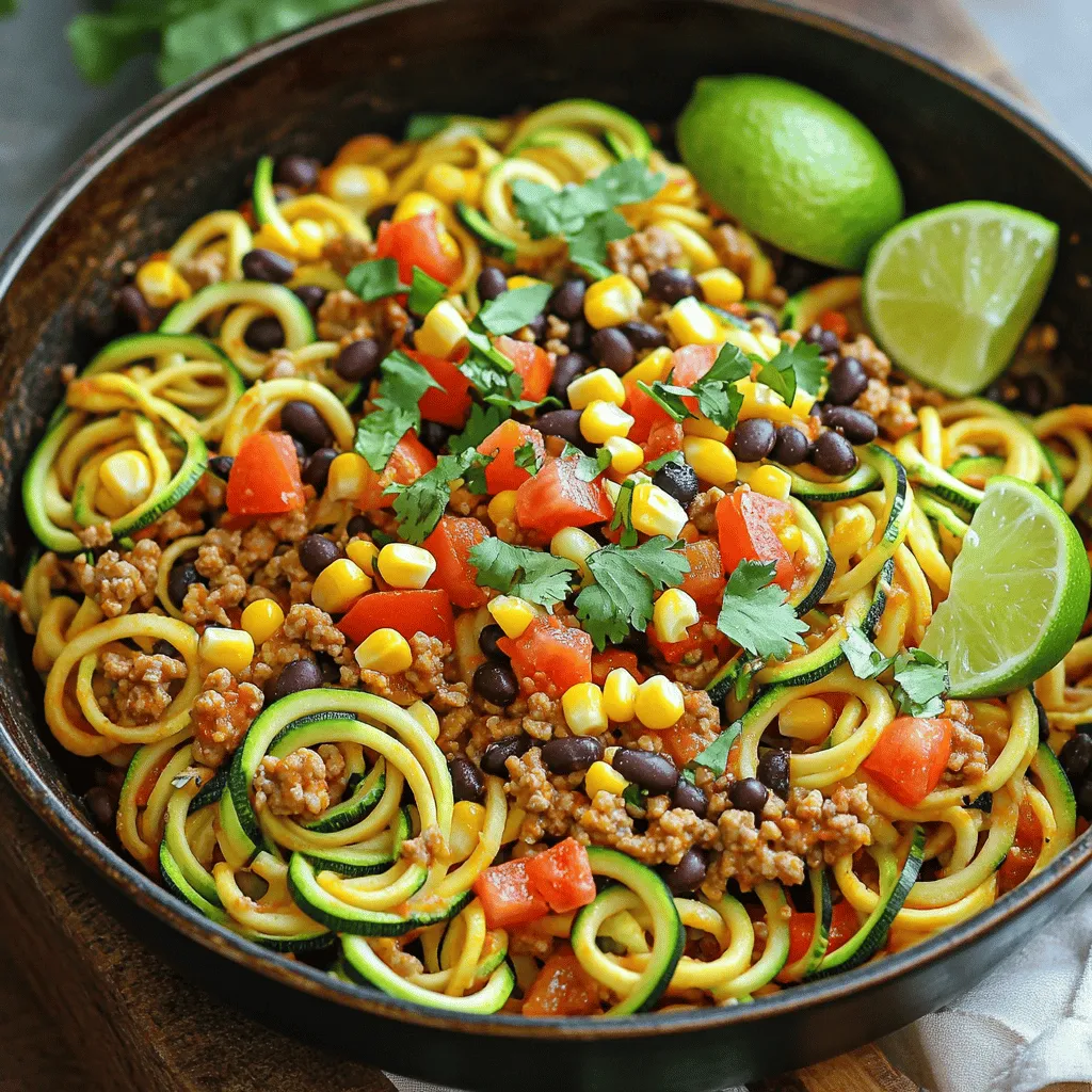 To make the Taco Zoodle Skillet, you need: - 3 medium zucchinis, spiralized into zoodles - 1 lb ground turkey or beef (your choice) - 1 small red onion, finely diced - 2 cloves garlic, minced - 1 bell pepper (your choice of color), diced - 1 can (15 oz) black beans, rinsed and drained - 1 cup corn kernels (fresh or frozen) - 2 tablespoons taco seasoning (store-bought or homemade) - 1 cup diced tomatoes (fresh or canned) For cooking, you will need: - Olive oil (for cooking) - Salt and black pepper to taste To make your dish pop, consider: - Fresh cilantro, chopped (for garnish) - Lime wedges (for serving) These ingredients create a fun and flavorful meal. You can mix and match based on what you have or like. For example, try different proteins or beans. The zoodles add a nice crunch and are a great way to enjoy veggies! For the full recipe, check out the detailed instructions above. Start by gathering all your ingredients. This makes cooking smooth and quick. Wash the zucchinis well, then spiralize them into zoodles. Next, finely dice the red onion and bell pepper. Mince the garlic cloves. Rinse and drain the black beans. If you have fresh corn, cut it off the cob. If frozen, just measure out a cup. Heat a large skillet over medium heat. Add a good splash of olive oil. Wait until the oil shimmers, then add the diced red onion and bell pepper. Sauté for about 3-4 minutes until they soften. Stir in the minced garlic and let it cook for another minute. This brings out its great flavor. Now, add the ground turkey or beef. Break it apart with a spatula as it cooks. This should take about 5-7 minutes until the meat is brown. If there’s extra fat, drain it off. Next, sprinkle taco seasoning over the meat. Mix in the diced tomatoes, black beans, and corn. Stir everything well and let it simmer for about 5 minutes. This allows all the flavors to blend. Carefully fold the zoodles into the mix. Cook for another 2-3 minutes. You want the zoodles to be tender but still have a bit of crunch. Add salt and black pepper to taste. Once everything is cooked, take the skillet off the heat. Serve the dish hot. Garnish with freshly chopped cilantro. Don’t forget lime wedges on the side for a zesty kick. For a fun touch, serve in colorful bowls. You can drizzle a bit more lime juice over the top right before serving. For an extra creamy note, add some avocado slices. This makes your Taco Zoodle Skillet even more special. You can find the full recipe above for more details! When picking zucchini, look for firm ones with a shiny skin. Choose medium-sized zucchinis for the best flavor. Avoid ones with soft spots or blemishes. Fresh zucchini tastes better and holds its shape well when cooked. Zoodles can be watery if not handled right. To reduce moisture, sprinkle salt on the spiralized zucchini. Let it sit for 10-15 minutes. Then, pat it dry with a clean towel. This helps keep your dish from getting soggy. Fresh herbs can boost the taste of your Taco Zoodle Skillet. Consider using cilantro, parsley, or even basil. Add them at the end of cooking, so their flavor stays bright. A squeeze of fresh lime juice also adds a nice zing. For the full experience, check out the Full Recipe. {{image_4}} You can switch out the ground turkey or beef for other proteins. Try using chicken, pork, or even shrimp. Each choice brings a new taste. If you want a leaner option, ground chicken works well. You can also use tofu for a plant-based meal. Just make sure to season it well to enhance the flavor. For a vegetarian option, skip the meat and add more beans or lentils. Black beans are great, but you can use kidney beans too. For a vegan twist, use lentils instead of meat and add extra veggies. Bell peppers, mushrooms, and spinach all work well. This way, you keep it hearty and full of nutrients. If you enjoy heat, add jalapeños or chili flakes to your skillet. They blend nicely with the other flavors. You can also use spicy taco seasoning for an extra kick. For those who love it hot, try adding a splash of hot sauce right before serving. This adds depth and makes each bite exciting. You can store leftovers in an airtight container. Place the cooled Taco Zoodle Skillet in the fridge. It stays fresh for up to three days. Make sure to let it cool before sealing it. This keeps the zoodles from getting soggy. When you’re ready to eat, you can enjoy it cold or warm. For longer storage, freeze your Taco Zoodle Skillet. Use a freezer-safe container or bag. It can last for about two months in the freezer. To freeze, let it cool completely. Then, portion it out for easy meals later. When you’re ready to eat, just thaw it in the fridge overnight. Reheat your Taco Zoodle Skillet on the stove for best results. Use a medium heat and stir often. This helps keep the zoodles crisp. You can also use a microwave. Heat in short bursts of one minute, stirring in between. Add a splash of water to keep it moist. Enjoy your meal warm and tasty! Yes, you can use other types of noodles if you'd like. Spaghetti or rice noodles work well. You can also try whole grain or gluten-free options. Just cook them according to package directions. If you want to keep it low-carb, stick to zoodles. They add great flavor and texture. Taco Zoodle Skillet goes well with many sides. Here are some great ideas: - Fresh salsa or pico de gallo - Guacamole or sliced avocado - Tortilla chips for crunch - A side salad with lime vinaigrette - Mexican rice or cauliflower rice for extra heartiness These sides add bright flavors and textures to your meal. To make Taco Zoodle Skillet more filling, try these tips: - Add more protein, like beans or cheese. - Include more veggies like spinach or mushrooms. - Serve with a side of rice, quinoa, or corn tortillas. - Top with avocado for healthy fats and creaminess. Each option boosts nutrition and keeps everyone satisfied. For the full recipe, check the details above. This post explored the ingredients, steps, and tips for making a Taco Zoodle Skillet. We shared ingredient choices, cooking methods, and storage tips. I hope you feel ready to try the recipe and make it your own. Remember, you can swap proteins, use herbs, and add spices to boost flavor. Enjoy your cooking adventure and make a tasty meal for yourself or friends.