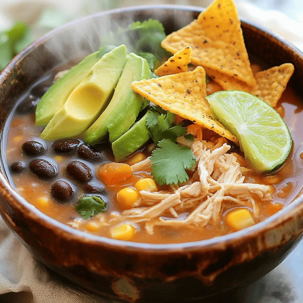 To make this easy chicken tortilla soup, gather these key ingredients: - 2 tablespoons olive oil - 1 medium onion, finely chopped - 2 cloves garlic, minced - 1 bell pepper (any color), diced - 4 cups chicken broth (low sodium recommended) - 1 can (14.5 oz) diced tomatoes with juice - 1 can (15 oz) black beans, drained and rinsed - 1 teaspoon ground cumin - 1 teaspoon chili powder - ½ teaspoon smoked paprika - 2 cups cooked chicken, shredded (rotisserie chicken works well) - 1 cup corn (frozen or canned, drained if canned) - Salt and freshly ground black pepper to taste - Tortilla chips, for serving These ingredients create a hearty and tasty soup that warms you up. You can make your soup even better with these toppings: - Sliced avocado - Fresh cilantro leaves - Lime wedges - Shredded cheese These toppings add freshness and flavor. They make the soup more fun to eat! If you don't have an ingredient, don't worry! Here are some swaps: - Use vegetable broth instead of chicken broth for a vegetarian option. - Swap black beans for kidney beans or pinto beans. - If you don't like corn, you can skip it or add diced zucchini instead. These substitutions keep the soup tasty while fitting your needs or pantry items. Check out the full recipe for more details! To start, grab a large pot and pour in 2 tablespoons of olive oil. Heat it over medium heat. Once the oil is hot, add 1 medium onion, finely chopped. Stir it for about 3 minutes. You want the onion to be soft and fragrant. Then, add 2 cloves of minced garlic and 1 diced bell pepper. Keep stirring for another 2-3 minutes. The bell pepper should start to soften. Next, pour in 4 cups of chicken broth and 1 can of diced tomatoes, juice included. Stir everything together. Now, add 1 can of black beans that you drained and rinsed, 1 teaspoon of ground cumin, 1 teaspoon of chili powder, and ½ teaspoon of smoked paprika. Toss in 2 cups of cooked, shredded chicken and 1 cup of corn. Mix well. Bring the soup to a gentle boil. Once it boils, lower the heat and let it simmer for 15-20 minutes. This helps all the flavors blend perfectly. Season with salt and freshly ground black pepper as you go. When the soup is ready, ladle it into bowls. Top each bowl with crushed tortilla chips for crunch. You can also add sliced avocado, fresh cilantro leaves, lime wedges, and shredded cheese. These toppings make the soup even better. For an attractive look, serve it in colorful bowls. Arrange the toppings on a platter, so everyone can customize their soup. Enjoy your easy chicken tortilla soup! For the full recipe, refer to the details above. Many new cooks make simple mistakes when making chicken tortilla soup. One common mistake is not sautéing the onion and garlic long enough. This step adds depth to the soup. Another mistake is using low-quality broth. Opt for low-sodium chicken broth for better flavor. Additionally, avoid overcooking the vegetables. They should stay tender and crisp. To boost flavor, consider adding fresh herbs like cilantro or parsley. A squeeze of lime juice brightens the dish. You can also experiment with spices. Adding a pinch of cayenne can give your soup a nice kick. For a smoky flavor, use extra smoked paprika. Don’t forget to adjust salt and pepper to your taste as you cook. Make your soup visually appealing by serving it in colorful bowls. Arrange the toppings on a platter for guests to choose from. This allows everyone to customize their bowls. Garnish with fresh cilantro for a pop of color. Serve tortilla chips on the side for crunch. These small touches make a big difference in how your soup looks and feels. {{image_4}} To make a vegetarian version, skip the chicken. Use more beans instead. Try adding chickpeas or kidney beans. You can also add mushrooms for extra texture. Replace chicken broth with vegetable broth for the best flavor. This keeps the soup rich and hearty without meat. If you love heat, add jalapeños or serrano peppers. You can add them fresh or diced in the pot. Another way to boost the spice is with a splash of hot sauce. Try using chipotle peppers in adobo for a smoky kick. This will give your soup an exciting twist. For a low-carb option, use cauliflower rice instead of corn. This keeps the soup filling but cuts carbs. You can also skip the tortilla chips or use baked ones. For a creamy texture, blend some avocado into the soup. This adds richness without extra carbs. Feel free to explore these variations! Each one gives a new twist to the classic chicken tortilla soup. For the full recipe, check the section above. To store your leftover soup, let it cool first. Then, pour it into an airtight container. Seal it tightly to keep air out. This method prevents spoilage and keeps it fresh. You can keep the soup in the fridge for up to three days. If you want it to last longer, freezing is a great option. When reheating, use a pot on low heat. Stir the soup often to prevent burning. You can also microwave it in short intervals. Add a splash of chicken broth if it seems thick. This helps regain its creamy texture. Always check the temperature to ensure it’s hot throughout. Freezing is perfect for future meals! First, let the soup cool completely. Use freezer-safe containers or bags, removing as much air as possible. Label the bags with the date. In the freezer, it lasts up to three months. When ready to eat, thaw in the fridge overnight before reheating. Enjoy this easy chicken tortilla soup later with all its great flavors. For the full recipe, check the main article. Yes, you can use frozen chicken for this recipe. Just make sure to thaw it first. You can quickly thaw it in cold water or in the microwave. Once thawed, cook it until it's safe to eat. Then, shred the chicken and add it to the soup. This method is great for a last-minute meal. If you don’t have black beans, you can use pinto beans or kidney beans. Both will work well in this soup. You can also try chickpeas for a different texture and flavor. Just make sure to drain and rinse them before adding to the soup. Chicken Tortilla Soup lasts about 3 to 4 days in the fridge. Store it in an airtight container for the best results. If you want to keep it longer, consider freezing it. Just let it cool completely before freezing. For the best taste, eat it within 3 months of freezing. For the full recipe, you can refer to the Zesty Chicken Tortilla Soup Delight section. You now have all the tools to make a tasty chicken tortilla soup. From the key ingredients to step-by-step instructions, you can create a dish that pleases everyone. Remember to explore variations, like vegetarian or spicy options, to fit your taste. Use the tips to avoid common mistakes and enhance flavors. Don’t forget proper storage for leftovers. Enjoy your cooking journey, and share this delicious soup with friends or family!