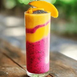 - 1 ripe mango, peeled and diced - 1 cup frozen dragonfruit (pitaya) cubes - 1 ripe banana, sliced - 1 cup coconut milk (or almond milk) - 1 tablespoon honey or agave syrup (optional) - 1 tablespoon chia seeds - Handful of fresh spinach (optional) - Ice cubes (as needed) The mango dragonfruit smoothie is a treat packed with flavor and nutrition. Each ingredient plays a role in making this drink both tasty and healthy. A serving of this smoothie has around 300 calories. Here’s a breakdown of its main nutrients: - Carbohydrates: 45 grams - Fats: 10 grams - Proteins: 5 grams This smoothie is rich in vitamins A and C, calcium, and iron. You get these from the mango, banana, and spinach. The mango and spinach provide a boost of vitamins. They help your immune system and support healthy skin. Dragonfruit is full of antioxidants. This helps your body fight free radicals. Chia seeds add fiber and omega-3 fatty acids. These nutrients can aid digestion and keep your heart healthy. Enjoy this smoothie for a tasty way to get a wealth of nutrients! If you want to try making it, check out the Full Recipe for step-by-step directions. How to peel and dice the mango Start by washing the mango. Hold it upright and slice down along the pit. Cut both sides off. Use a knife to score the flesh in a grid pattern. Then, scoop out the mango cubes with a spoon. Freezing fresh dragonfruit (if applicable) If you have fresh dragonfruit, you can freeze it. Cut it in half and scoop out the flesh. Dice it into cubes. Spread the cubes on a tray and freeze for 1-2 hours. This way, you can add a chill to your smoothie. Slicing the banana Peel the banana, then cut it into thin rounds. Aim for slices about a half-inch thick. This helps the banana blend smoothly. Order of ingredients in the blender Add the mango first, then the frozen dragonfruit cubes. Next, add the sliced banana. Pour in the coconut milk or almond milk last. This order helps blend everything evenly. Importance of blending on high speed Blending on high speed makes the smoothie creamy. It breaks down the fruit well. This way, you avoid chunks and get a smooth drink. Tips for achieving desired consistency If your smoothie is too thick, add more milk. If it’s too thin, toss in some ice cubes. Blend again until you reach the thickness you like. Adjusting sweetness after blending After blending, taste your smoothie. If you want it sweeter, add honey or agave syrup. Blend it briefly to mix. Presentation suggestions for serving Pour your smoothie into tall glasses. For a fun touch, add a slice of fresh mango or dragonfruit on the rim. A sprinkle of chia seeds on top adds a nice look and texture. Enjoy your Mango Dragonfruit Smoothie! To get a thick and creamy smoothie, use frozen fruit. Frozen dragonfruit works great here. If you want your smoothie thicker, add more ice cubes while blending. This will help create a cool and refreshing drink. If your smoothie is too thick, simply add a little more coconut milk or almond milk. Start with a small amount and blend again to reach your desired texture. You can switch up the milk in this recipe. Almond milk gives a nutty flavor, while coconut milk adds creaminess. If you prefer non-dairy, try oat milk or soy milk as well. You can also mix in different fruits. Pineapple adds sweetness, and berries bring extra nutrients. Feel free to add a handful of greens like spinach or kale for a health boost without changing the taste. Want to spice things up? Try adding a pinch of ginger or cinnamon. Both spices add warmth and depth to your drink. If you're looking to boost protein, toss in a scoop of your favorite protein powder. This simple addition makes your smoothie more filling and nutritious. You can also add a tablespoon of nut butter for a rich flavor and extra creaminess. For the full recipe, check out the detailed instructions above. Enjoy experimenting with these tips! {{image_4}} You can add a fun twist to your mango dragonfruit smoothie by including pineapple or coconut flakes. Pineapple brings a bright sweetness that blends well with mango. Coconut flakes add a nice crunch and tropical flair. Just toss in half a cup of fresh or frozen pineapple chunks to your blender. For coconut flakes, sprinkle in a couple of tablespoons. This makes the smoothie feel like a vacation in a glass! Want to boost the health benefits of your smoothie? Mix in some berries! Raspberries, blueberries, or strawberries work great. Berries are rich in antioxidants and add a delicious tartness. Start with about one cup of mixed berries. Just toss them in with the other fruits. This berry blend not only enhances flavor but also adds vibrant color to your drink. To make your smoothie even healthier, consider adding leafy greens. Kale or spinach fits perfectly into this recipe. Just a handful will give you tons of nutrients without changing the taste much. Greens are packed with vitamins and minerals, making your smoothie a true powerhouse. Toss in a small handful of kale or spinach before blending. This small change can make a big difference! For the full recipe, check out the detailed instructions above. To store leftover mango dragonfruit smoothie, place it in an airtight container. This will keep it fresh in the fridge for up to 24 hours. After that, the smoothie may separate or lose its flavor. Always give it a good shake before drinking. If you notice any change in color or smell, it's best to toss it. If you want to prep smoothies ahead of time, freezing is a great option. Pour the smoothie into ice cube trays or freezer-safe bags. These options let you make individual servings. Smoothies can last in the freezer for about one month. When you're ready to enjoy one, thaw it in the fridge overnight or blend it straight from the freezer. This helps keep the texture nice and smooth. For parties, serve the smoothie in clear cups to show off its vibrant colors. You can add fun straws or garnish with fruit slices on top. If you want a snack, pair it with light foods like granola bars or fresh fruit. This smoothie also makes a great breakfast when served with whole-grain toast or yogurt. Check out the Full Recipe for more ideas and tips! A Mango Dragonfruit Smoothie is a bright, tasty drink that combines mango and dragonfruit. This smoothie is popular for its vibrant color and refreshing taste. It feels like a tropical vacation in a glass! The smooth texture and sweet flavor make it a favorite among many. Yes, you can easily make this smoothie vegan! Simply swap the honey for agave syrup or maple syrup. Use coconut milk instead of regular milk. With these changes, you will have a delicious vegan treat. To boost the health benefits, add more greens. A handful of spinach packs in vitamins without changing the taste. You can also add chia seeds for fiber and omega-3s. Using fresh fruit instead of juice adds more nutrients too. Yes, fresh dragonfruit works well in this smoothie. However, frozen fruit helps make the smoothie cold and creamy. If you use fresh dragonfruit, consider adding ice to keep the texture smooth and refreshing. This recipe makes two servings. You can easily double it for a party or a gathering. Each serving is perfect for sharing or enjoying alone. You can find dragonfruit in many grocery stores. Look in the produce section, often near exotic fruits. If you can't find it, check local markets or specialty stores. Dragonfruit is usually available year-round, but peak season is summer. This blog post explains how to make a delicious mango dragonfruit smoothie. We covered ingredients, step-by-step instructions, and tips for the best texture. The health benefits from the fruits and chia seeds add to its appeal. You can adapt the recipe with different fruits or milk for your taste. Enjoy storing and serving, and remember to try these fun variations. With this guide, you can make a tasty, healthy drink anytime. Now, grab your blender and start creating your own smoothie masterpiece!