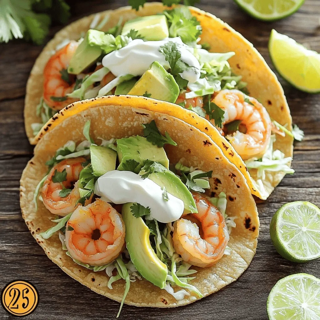 - 1 lb shrimp, peeled and deveined - 2 tablespoons olive oil - 3 tablespoons fresh lime juice - Zest of 1 lime - 1/4 cup fresh cilantro, chopped - 1 teaspoon ground cumin - 1 teaspoon chili powder - Salt and pepper to taste I love the bold flavors in cilantro lime shrimp tacos. They start with fresh, juicy shrimp. You can use any shrimp you like, but I prefer large ones for a nice bite. The marinade is key. I mix olive oil, lime juice, lime zest, cilantro, cumin, chili powder, salt, and pepper. This blend gives the shrimp a zesty kick. You must let the shrimp soak in this mix for a bit. Just 15 to 20 minutes works great. It helps the shrimp absorb all those bright flavors. - 8 corn tortillas - 1 cup cabbage, finely shredded - 1 avocado, sliced - 1/2 cup sour cream or Greek yogurt - Lime wedges for serving Once the shrimp is ready, we move on to the tacos. I warm up corn tortillas in a skillet. They should be soft and just a bit toasty. Then, I pile on the shrimp. Next, I add some finely shredded cabbage for crunch. A slice of creamy avocado adds richness. To finish, I drizzle sour cream or Greek yogurt on top. And don’t forget the lime wedges! They add a fresh burst of flavor when you squeeze them over the tacos. For more details, check the Full Recipe for the perfect meal. First, gather your shrimp and marinade ingredients. In a mixing bowl, combine the shrimp with: - 1 lb shrimp, peeled and deveined - 2 tablespoons olive oil - 3 tablespoons fresh lime juice - Zest of 1 lime - 1/4 cup fresh cilantro, chopped - 1 teaspoon ground cumin - 1 teaspoon chili powder - Salt and pepper to taste Stir the mixture well to coat all the shrimp evenly. This step is key for flavor. Cover the bowl with plastic wrap and place it in the fridge. Allow the shrimp to marinate for 15-20 minutes. This time helps the shrimp absorb all the tasty flavors. While the shrimp marinates, preheat your skillet over medium-high heat. Once hot, add the marinated shrimp to the pan. Cook the shrimp for 2-3 minutes per side. They will turn pink and firm up when done. A slight char will add a nice touch. Next, warm your corn tortillas. You can do this in a separate pan. Place each tortilla in the pan for about 30 seconds on each side. This makes them soft and easy to fold. Now, it’s time to assemble the tacos. Take a warm tortilla and place a few cooked shrimp in the center. Top with: - Shredded cabbage - A slice of creamy avocado - A drizzle of sour cream or Greek yogurt Serve the tacos with lime wedges on the side. Guests can squeeze fresh lime juice over their tacos for an extra zesty kick. You can find the full recipe for this delicious meal in the previous section. Enjoy your flavorful and fresh cilantro lime shrimp tacos! To make your cilantro lime shrimp tacos pop, try new spices. You can add garlic powder or smoked paprika for depth. Fresh herbs like parsley or oregano can also enhance the flavor. Tasting as you go helps you find your perfect blend. For perfect shrimp, look for a bright pink color. The texture should be firm yet tender. Cooking shrimp on a skillet gives a nice sear. A grill adds a smoky taste. Both methods work well; choose what you prefer. Cook shrimp for about 2-3 minutes on each side. Don't overcrowd the pan or grill, as it can lead to steaming instead of searing. To arrange your tacos, stack them neatly on a bright platter. This adds a fun touch to your meal. You can sprinkle extra cilantro on top for a fresh look. Use lime wedges around the tacos for color and zest. A contrast of textures will make your dish more appealing. A colorful serving platter makes the tacos shine. {{image_4}} You can make these tacos vegetarian by swapping shrimp for grilled veggies or tofu. Grilled bell peppers, zucchini, and corn give great taste and texture. Tofu absorbs flavors well, so marinate it just like the shrimp. This choice keeps the dish light and fresh. Want to jazz up your tacos? Try adding fresh salsa or chunky guacamole. You could also use pico de gallo for a zesty kick. If you like heat, drizzle on a spicy sauce like sriracha or chipotle mayo. These toppings will enhance the flavor and make each bite exciting. Feel free to switch up your tortillas! Use flour tortillas for a soft bite or try lettuce wraps for a low-carb choice. Corn tortillas add a nice crunch, but flour tortillas are great if you prefer a chewy texture. Each option gives a unique twist to your tacos. For the full recipe, refer back to the recipe section. To store leftover tacos, first separate the shrimp and toppings. Place the shrimp in an airtight container. Keep the cabbage, avocado, and sour cream in separate containers. This helps keep each ingredient fresh. Store them in the fridge for up to three days. To reheat the shrimp, use a skillet over medium heat. Heat them for about two minutes until warm. For the tortillas, warm them in a dry pan for thirty seconds on each side. This keeps them soft and tasty. Use glass or plastic containers with tight lids for storage. Avoid stacking too many items together. This helps maintain freshness and flavor. Store cooked shrimp and toppings for no more than three days in the fridge. For the best taste, eat them sooner rather than later. You can find the [Full Recipe] for cilantro lime shrimp tacos to enjoy this delicious dish! To check if shrimp is done, look for a few signs. First, cooked shrimp turns pink and opaque. The shrimp should also curl into a C shape. If shrimp stays gray, it needs more time. Cook shrimp for 2-3 minutes on each side. Use a thermometer if needed; the internal temperature should reach 120°F. Yes, you can prepare shrimp ahead of time. Marinate the shrimp and store it in the fridge. Keep the shrimp covered with plastic wrap or in an airtight container. You can marinate it for up to 30 minutes for the best flavor. This saves time on busy nights. These tacos pair well with many sides. Consider serving them with: - Black beans for protein - Mexican rice for a hearty dish - Grilled corn on the cob for sweetness - A fresh salad for crunch These sides balance the flavors and create a complete meal. Freezing marinated shrimp is possible, but do it right. Place the shrimp in a freezer-safe bag. Remove as much air as possible to avoid freezer burn. Label the bag with the date. Use frozen shrimp within 2 months for the best taste. Thaw in the fridge overnight before cooking. In this article, we explored how to make mouthwatering cilantro lime shrimp tacos. We looked at the essential ingredients, like shrimp and fresh lime juice, along with simple cooking tips. Remember to marinate the shrimp to bring out the best flavors. You can even personalize your tacos with various toppings or adapt them to vegetarian versions. Whether you serve them fresh or store leftovers, these tacos are a hit. Enjoy your cooking adventure and impress your family with this tasty dish!