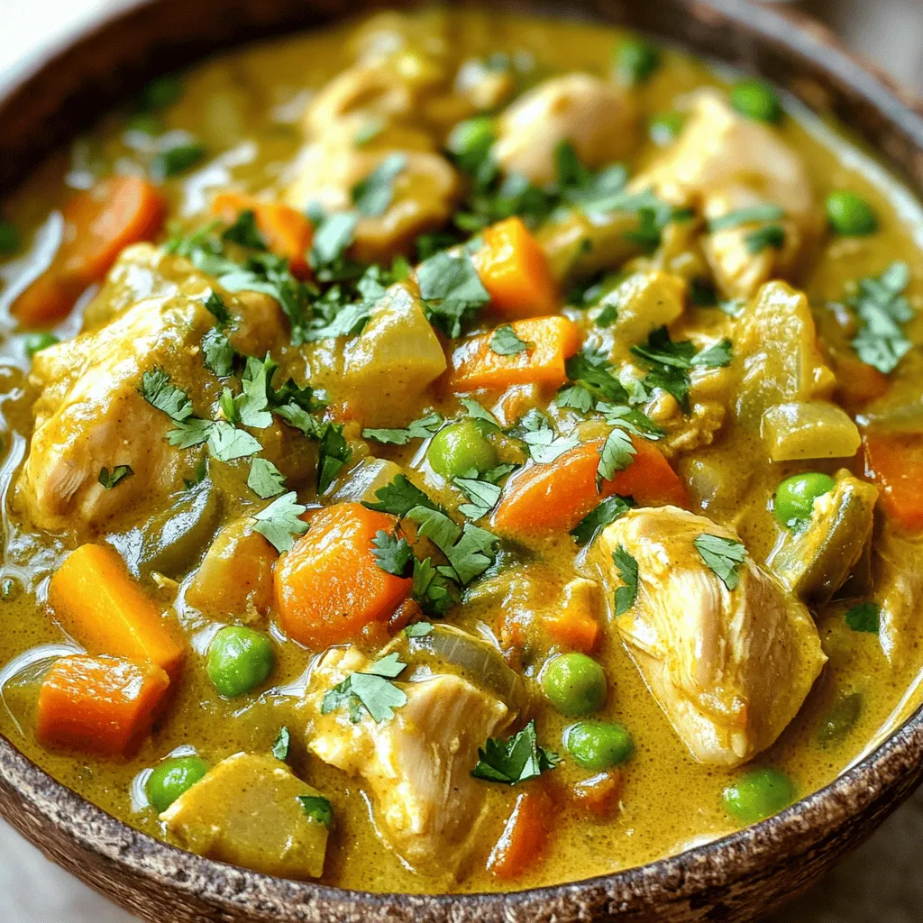 - 500g boneless chicken thighs, cut into bite-sized chunks - 2 cups mixed vegetables (such as carrots, peas, and bell peppers) - 1 large onion, finely chopped - 3 cloves garlic, minced - 1 inch fresh ginger, grated - 2 tablespoons curry powder - 1 teaspoon ground turmeric - 1 teaspoon cumin seeds - 400ml creamy coconut milk - 2 tablespoons vegetable oil - Salt and pepper, to taste - Fresh cilantro, chopped (for garnishing) The chicken thighs give this dish a rich flavor and tender texture. They hold moisture well, making them perfect for curry. Mixed vegetables like carrots and peas add color and nutrition. They also provide crunch and sweetness. Onions, garlic, and ginger form the aromatic base for this dish. Curry powder and turmeric add warmth and depth. Coconut milk creates a creamy sauce that balances spices beautifully. Cumin seeds provide a nutty flavor as they toast in oil. If you want a lighter dish, use chicken breast instead of thighs. You can swap the mixed vegetables for whatever you have on hand, like zucchini or green beans. If you’re short on coconut milk, try using yogurt or vegetable broth for a different flavor. For a vegan option, replace chicken with chickpeas or tofu and use coconut cream. Always adjust seasonings to match your taste. This way, you keep the dish flavorful and fun! For the complete recipe, check out the [Full Recipe]. To make this chicken and vegetable curry, start by gathering all your ingredients. You will need chicken, mixed vegetables, onion, garlic, ginger, spices, and coconut milk. Measure each item to ensure you have enough. This step saves time and keeps things organized. 1. Heat 2 tablespoons of vegetable oil in a large pot over medium heat. 2. Add 1 teaspoon of cumin seeds. Let them sizzle for about 30 seconds. This step brings out their flavor. 3. Toss in 1 large, finely chopped onion. Sauté for about 5 minutes until soft. 4. Next, add 3 minced garlic cloves and 1 inch of grated ginger. Cook for 1 minute. This combination adds depth. 5. Add 500g of chicken thighs cut into chunks. Cook for 5-7 minutes until they are browned. 6. Sprinkle 2 tablespoons of curry powder and 1 teaspoon of ground turmeric over the chicken. Mix well to coat. 7. Pour in 400ml of creamy coconut milk. Stir to combine. Bring to a gentle simmer. 8. Add 2 cups of mixed vegetables. Season with salt and pepper to taste. Stir gently to mix. 9. Cover the pot and reduce the heat to low. Let it simmer for 20-25 minutes. Stir occasionally. 10. Check that the chicken is cooked and the vegetables are tender. Once your curry is ready, remove it from the heat. Garnish with fresh, chopped cilantro for a burst of flavor. Serve this dish hot over steamed rice or with warm naan. You can also add yogurt or raita for a refreshing touch. For the full recipe, check the earlier section. Enjoy your delicious meal! When making chicken and vegetable curry, avoid overcooking the chicken. It can turn tough. Make sure to brown it just right before adding spices. Also, don't skip the sautéing step for the onions. This builds a strong base flavor. Overcrowding the pot with too many vegetables can lead to uneven cooking. Keep them balanced for the best taste. To boost flavors, use fresh spices instead of old ones. Fresh ginger and garlic are game-changers. Consider adding a squeeze of lime juice before serving. This brightens the dish. Fresh herbs like cilantro add a burst of freshness. You can also mix in a touch of soy sauce for a savory twist. Experiment with adding a pinch of cinnamon for warmth. Adjust spice levels to suit your taste. Start with mild curry powder. You can always add more later. If you love heat, try adding fresh chili peppers or red pepper flakes. For a milder version, use less curry powder. Mixing yogurt into the curry can also help tone down the spice. Remember, you can always find your perfect balance. For the full recipe, check out the [Full Recipe]. {{image_4}} You can make this dish vegetarian by swapping chicken for tofu or chickpeas. Tofu soaks up flavors well. Choose firm tofu for the best texture. Chickpeas add protein and a nice bite. Just sauté them like you would the chicken. Use the same spices to keep the taste rich. If you want to switch proteins, turkey or shrimp works great. Turkey has a mild flavor and cooks fast. Shrimp cooks quickly, so add it near the end. This keeps the shrimp tender. You can also try fish like salmon. Just make sure to adjust the cook time. Feel free to add more veggies to boost nutrition. Sweet potatoes add sweetness and heartiness. Spinach adds color and nutrients. Broccoli or cauliflower can give a nice crunch. Just chop them into bite-sized pieces. Add them when you add the mixed vegetables. More veggies mean more taste! For the full recipe, check out the link. To keep your chicken and vegetable curry fresh, store it in an airtight container. Allow the curry to cool down to room temperature before sealing. This helps avoid steam buildup, which can make it soggy. You can store it in the fridge for up to three days. If you want to keep it longer, consider freezing it. When you’re ready to enjoy leftovers, reheat the curry on the stove. Place it in a pot over low heat. Stir it often to heat evenly. You can add a splash of coconut milk or water if it seems too thick. Heat it until it's warm all the way through. This usually takes about 10 to 15 minutes. You can also use a microwave, but stir every minute to ensure even heating. If you want to freeze chicken and vegetable curry, use freezer-safe containers. Divide it into portions for easy meals later. It can last about three months in the freezer. When ready to eat, thaw it in the fridge overnight. Reheat it as mentioned above. This method keeps the flavors intact and makes meal prep easy. Check out the Full Recipe for tips on cooking a fresh batch whenever you need it! You can change the spice level easily. Add more curry powder for heat. If you want it milder, use less. You can also add yogurt or coconut milk to tone down the spice. For a kick, try fresh chili peppers or red pepper flakes. Start small and taste as you go. This way, you can find your perfect flavor. Yes, you can use frozen vegetables. They work well in this curry. Just add them in the last 10 minutes of cooking. This keeps them tender and bright. Frozen peas, carrots, or bell peppers are great choices. They save time and still taste good. Just remember to let them thaw a bit before adding. This curry pairs well with many sides. Serve it over fluffy rice or with warm naan. Both options soak up the sauce nicely. For a cool contrast, add a side of yogurt or raita. A fresh salad can also brighten your meal. These sides make your dinner balanced and tasty. For the full recipe, check out the details above. In this post, we covered key ingredients, step-by-step instructions, and helpful tips for your chicken curry. Keep in mind substitutes and flavor tweaks to make the dish your own. Don't forget to store leftovers properly and explore variations like vegetarian options. With these insights, you can create a tasty curry that suits your taste. Enjoy experimenting and sharing your delicious results!
