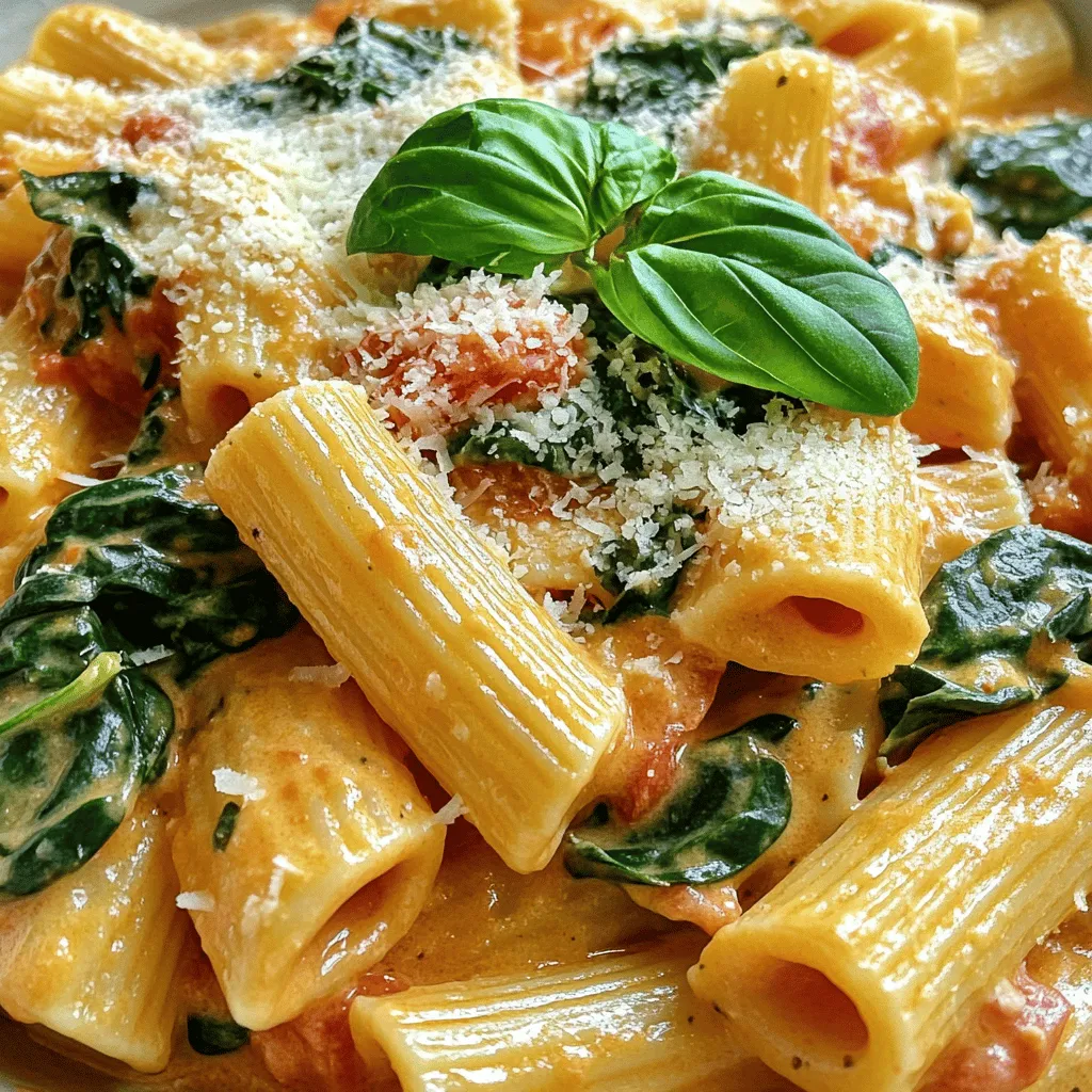 To make creamy tomato and spinach pasta, gather these key ingredients: - 8 oz (225 g) pasta of your choice (penne or fettuccine recommended) - 2 tablespoons olive oil - 3 cloves garlic, minced - 1 can (15 oz) crushed tomatoes - 1 cup heavy cream - 2 cups fresh spinach, roughly chopped - 1 teaspoon dried basil - 1 teaspoon dried oregano - Salt and pepper to taste - Grated Parmesan cheese, for serving - Fresh basil leaves, for garnish These ingredients blend to create a rich, comforting dish. The crushed tomatoes bring a vibrant flavor. The heavy cream adds a luxurious touch, making the sauce creamy and smooth. Fresh spinach not only brightens the dish but also packs a nutrient punch. You can choose different types of pasta for this recipe. Here are some options: - Penne - Fettuccine - Fusilli - Farfalle Penne and fettuccine are my favorites. They hold the sauce well and provide a great bite. Fusilli and farfalle can also work, adding fun shapes to your plate. Garnishes take your dish to the next level. Here are a few ideas: - Extra grated Parmesan cheese - Chopped fresh basil - Crushed red pepper flakes - A drizzle of olive oil These toppings can add more flavor and visual appeal. They make your creamy tomato and spinach pasta look and taste even better. For the full recipe, check the complete cooking instructions. Start by boiling water in a big pot. Make sure to add salt to the water. When the water is at a rolling boil, add your pasta. I like penne or fettuccine for this dish. Cook it according to the package instructions until it is al dente. Before you drain the pasta, save 1 cup of the water. Drain the pasta and keep it warm. In a large skillet, heat 2 tablespoons of olive oil over medium heat. Once the oil is hot, add 3 cloves of minced garlic. Sauté the garlic for about 1 minute. Keep stirring to prevent burning. You want the garlic to smell good but not turn brown. Next, pour in a 15 oz can of crushed tomatoes into the skillet. Stir it well to mix with the garlic. Bring this mixture to a gentle simmer. Add 1 teaspoon each of dried basil and oregano. Season with salt and pepper. Let it simmer for about 5 minutes. This helps all the flavors blend together nicely. Now, it’s time to add 2 cups of roughly chopped fresh spinach. Stir the mixture well. Cook for about 2 to 3 minutes. You want the spinach to wilt and mix well with the sauce. This adds color and nutrients to your dish. Finally, add your cooked pasta into the skillet. Toss everything together to coat the pasta with the creamy sauce. If the sauce is too thick, add some of the reserved pasta water gradually. Mix until you achieve your desired creaminess. This method ensures every bite is packed with flavor. For the complete recipe, check the Full Recipe section. Enjoy your meal! To change the creaminess, you can use less cream. Start with half a cup. If you want it richer, add more cream. You can also use whole milk for a lighter sauce. Another fun tip is to add some of the pasta water. This water helps to make the sauce smoother. Just add a little at a time until it feels right. The right spices can make your dish pop! I love using dried basil and oregano. They bring depth to the sauce. You can also add a pinch of red pepper flakes for heat. Try adding garlic powder for extra flavor. Taste as you go to find the right balance. Don’t forget to adjust salt and pepper. This step is key for a well-seasoned dish. Fresh ingredients shine in this dish. Add spinach near the end of cooking. This keeps it bright and tender. If you use fresh herbs, add them just before serving. They bring vibrant flavor and color. For tomatoes, canned is great, but fresh ones add a nice touch. Choose ripe, juicy tomatoes for the best taste. Follow these tips for a fantastic flavor experience. For the full recipe, check out the details above. {{image_4}} You can add protein to your creamy tomato and spinach pasta for a heartier meal. Cooked chicken, shrimp, or even sausage all work well. Just sauté the protein in the skillet before adding the tomatoes. This way, the flavors blend nicely. If you want a vegetarian option, try chickpeas or lentils. They add protein and fiber while keeping the dish filling. If you need a dairy-free version, switch the heavy cream for coconut milk or a cashew cream. These alternatives keep the pasta creamy and delicious. For cheese, use nutritional yeast or a dairy-free Parmesan. They provide that cheesy flavor without the dairy. Just remember to adjust the seasoning, as these substitutes can change the taste a bit. Using seasonal veggies can uplift your pasta dish. In spring, try adding asparagus or peas. In summer, add zucchini or bell peppers for freshness. Fall brings great options like butternut squash or mushrooms, which add depth. You can sauté these vegetables before mixing them into the creamy sauce. This way, you create a vibrant and colorful dish that celebrates the season. For the complete recipe, check out the Full Recipe section. After you enjoy your creamy tomato and spinach pasta, save any leftovers. Place them in an airtight container. Make sure to cool the pasta to room temperature first. Store it in the fridge for up to three days. When you're ready to eat, you can enjoy it again. If you want to save some for later, freezing works great. Allow the pasta to cool completely. Then, pack it in a freezer-safe container. You can also use freezer bags. Be sure to remove as much air as possible. This way, it stays fresh. It can last in the freezer for up to three months. To reheat your creamy tomato and spinach pasta, you have a few options. The best way is on the stove. Add a bit of water or cream to the skillet. Heat it over low heat, stirring gently. This keeps the pasta creamy. If you use a microwave, place it in a bowl. Add a splash of water, cover it, and heat in short bursts. Stir between each burst until warm. For a tasty touch, top with more Parmesan cheese before serving. Enjoy your meal! You can use any pasta you like. I recommend penne or fettuccine. They hold the sauce well and create a great bite. Other shapes like rigatoni or spaghetti also work. Choose what you enjoy most! Yes, you can prepare the sauce ahead. Cook the pasta fresh when ready to serve. This keeps the pasta from getting mushy. Store the sauce in the fridge for up to three days. Just reheat it on the stove before adding pasta. To make this dish gluten-free, use gluten-free pasta. For lactose-free, swap heavy cream with a plant-based cream. You can also skip the cheese or use vegan cheese. These swaps help you enjoy the meal without worry. A fresh salad is a great choice. You might try a simple green salad with lemon vinaigrette. Garlic bread also pairs well, adding a nice crunch. Roasted vegetables can round out this meal beautifully too. To make this creamy tomato and spinach pasta vegan, use plant-based cream instead of heavy cream. Skip the cheese or use a vegan alternative. This way, everyone can enjoy the flavors without any dairy. Check the [Full Recipe] for more details. This blog post detailed how to make creamy tomato and spinach pasta. We covered essential ingredients, pasta types, and garnishes. I shared step-by-step cooking instructions tailored for perfect results. I also included helpful tips, variations, and storage advice for leftovers. With this recipe, you can create a tasty meal at home. Explore different ingredients and flavors to make it your own. Enjoy your cooking journey!