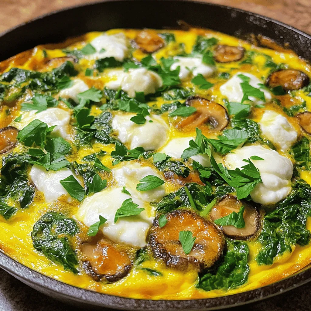 To make a tasty spinach and mushroom frittata, gather these ingredients: - 6 large eggs - 1 cup fresh spinach, chopped - 1 cup mushrooms, sliced (cremini or button for best flavor) - 1 small onion, finely diced - 1 clove garlic, minced - ½ cup grated mozzarella cheese - ¼ cup milk - 2 tablespoons olive oil - Salt and pepper to taste - Fresh parsley for garnish (optional) Getting the right amounts of each ingredient helps the frittata shine. For the eggs, six large ones create a perfect base. If you want fewer eggs, you can use four and add two extra tablespoons of milk. For cheese, mozzarella melts nicely, but feel free to swap it with cheddar or feta. If you don’t have fresh spinach, use frozen spinach. Just make sure to squeeze out the excess water before mixing it in. Fresh ingredients give a vibrant taste and texture to your frittata. Fresh spinach and mushrooms bring out the best flavor. However, frozen ingredients are handy and can save time. They are also great when fresh options aren’t available. Frozen spinach is fine, but always thaw and drain it first. If you use frozen mushrooms, sauté them until the extra moisture is gone. This way, your frittata stays firm and delicious. Start by preheating your oven to 375°F (190°C). This helps the frittata bake evenly. Next, grab a large oven-safe skillet. Pour in 2 tablespoons of olive oil and heat it over medium heat. Once the oil is warm, add 1 small onion, finely diced. Sauté it for about 3-4 minutes until it turns translucent. This adds a sweet flavor to your frittata. Then, add 1 cup of sliced mushrooms, either cremini or button. Cook these for about 5 minutes. Stir them often. You want them to caramelize and soften. After that, mix in 1 clove of minced garlic and 1 cup of chopped fresh spinach. Stir for 1-2 minutes until the spinach wilts and brightens. This step boosts the color and nutrients. In a mixing bowl, crack 6 large eggs and pour in ¼ cup of milk. Add salt and pepper to taste. Whisk this mixture until it’s smooth and fully blended. This will create a creamy texture for your frittata. Once the egg mixture is ready, pour it over the sautéed vegetables in the skillet. Use a spatula to spread it evenly. Finally, sprinkle ½ cup of grated mozzarella cheese on top for a melty finish. Cook the frittata on the stovetop for about 3-4 minutes. This allows the edges to set. You will see the sides firm up. Then, transfer your skillet to the preheated oven. Bake it for 15-20 minutes. The frittata should puff up and turn golden brown in the center. It will feel firm but a bit soft when done. Once baked, take it out of the oven and let it cool for a few minutes. Slice into wedges and serve. You can find the full recipe with all the steps listed clearly. Enjoy your delicious spinach and mushroom frittata! To make a fluffy frittata, you need to whisk the eggs well. Mix the eggs until they look smooth and frothy. This traps air in the mix, which helps it puff up. Use fresh eggs for the best results. The fresher the eggs, the fluffier the frittata. When cooking, start on the stove. Let the edges set before moving it to the oven. One mistake is overcooking the frittata. This can make it dry and rubbery. Cook it just until the center is slightly soft. Another pitfall is not using enough fat. Olive oil helps the frittata not stick and adds flavor. Also, be careful with the heat. Too high a heat can burn the bottom while leaving the top undercooked. To boost the flavor of your frittata, add herbs. Fresh herbs like parsley or basil can make a big difference. You can also use spices like paprika or black pepper for a kick. Cheese adds richness, so don’t skip it! Try different types of cheese to find your favorite. Lastly, sautéing the vegetables well brings out their natural sweetness. This will make your frittata taste even better. For the full recipe, check out the details above. {{image_4}} You can add many other veggies to your frittata. Bell peppers bring a sweet crunch. They add color and flavor. Zucchini offers a mild taste and helps keep it moist. Just chop them small and sauté them with the onions and mushrooms. Feel free to mix and match your favorites! Cheese can change the whole dish! You can swap mozzarella for feta for a tangy twist. Feta pairs well with spinach and adds a salty kick. Cheddar cheese gives a rich, creamy texture. You can even use a dairy-free cheese if needed. Try what you like best! Want a vegan option? You can still enjoy a frittata! Use chickpea flour mixed with water as the base. Blend it until smooth and pour it over your veggies. Add turmeric for color and seasoning. Bake as usual, and you’ll have a tasty vegan frittata that everyone will love! For the complete recipe, check out the Full Recipe section. After you enjoy your spinach and mushroom frittata, store any leftovers in the fridge. Place the frittata in an airtight container. It will last for about three to four days. Make sure it cools down first before sealing it. This helps keep the flavors fresh. To reheat your frittata, you can use the oven or microwave. For the oven, preheat it to 350°F (175°C). Place the frittata on a baking sheet and cover it with foil. Heat for about 10-15 minutes. If using a microwave, cut a slice and warm it for 30 seconds to 1 minute. Check that it’s hot in the middle. You can also freeze the frittata for later use. Cut it into portions and wrap each slice tightly in plastic wrap. Then place the wrapped slices in a freezer-safe bag. It will last for up to two months. When you're ready to eat, thaw it in the fridge overnight before reheating. Enjoy your meal anytime with ease! For the full recipe, check out the Spinach & Mushroom Frittata section above. The best temperature for baking a frittata is 375°F (190°C). This heat cooks the eggs evenly and helps them rise. Higher temperatures may cause the edges to burn before the center sets. Lower temperatures may lead to a soggy texture. Always preheat your oven for the best results. You can tell your frittata is done when it is puffed and golden brown in the center. The edges should look firm, but the center may still seem a bit soft. A toothpick inserted in the middle should come out clean. If it jiggles too much, it needs more time. Yes, you can make a frittata ahead of time! It stores well in the fridge for about three days. Just cool it down, cover it tightly, and place it in the fridge. You can reheat it in the oven or microwave before serving. For longer storage, freeze it for up to three months. Just slice it into portions for easy reheating later. For the full recipe, check out the Spinach & Mushroom Frittata section above. In this blog, I covered how to make a tasty spinach and mushroom frittata. You learned about the key ingredients, how to prepare and cook it, and tips for fluffiness. I also shared variations to suit your taste. Plus, I included storage options to save leftovers. Remember, a frittata is flexible and easy to adapt. Enjoy experimenting with flavors and textures as you cook. This dish is perfect for any meal, and it gets better each time you make it!