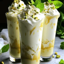 To make a delightful Pistachio White Chocolate Shake, gather these tasty ingredients: - 2 cups creamy vanilla ice cream - 1 cup milk (choose between whole or almond milk) - 1/2 cup white chocolate chips - 1/4 cup shelled pistachios, plus additional for garnish - 1 teaspoon pure vanilla extract - Whipped cream, for a luscious topping - Fresh mint leaves, for an aromatic garnish Each ingredient plays a key role in creating the perfect shake. The creamy vanilla ice cream gives it a smooth base. The milk adds richness and can be adjusted to your taste. White chocolate chips bring sweetness and a lovely flavor. Shelled pistachios add a nice crunch and nutty taste. Pure vanilla extract enhances the shake's overall flavor. Finally, whipped cream and mint leaves make it look beautiful and appealing. For the full recipe, follow the steps to blend these ingredients into a rich and creamy treat. To start, you need to melt the white chocolate. Take a microwave-safe bowl and add the white chocolate chips. Set your microwave to medium power. Heat the chocolate in 20-second intervals. Stir the chocolate well between each interval. Keep heating until it is fully melted and smooth. Let it cool slightly before using it in your shake. This cooling step is important. It helps keep your shake creamy and thick. Next, it’s time to blend the shake. In your blender, combine the creamy vanilla ice cream, your choice of milk, the melted white chocolate, pure vanilla extract, and the shelled pistachios. Blend on high speed. You want the mixture to be smooth and creamy with no lumps. After blending, taste the shake. If you want it thinner, add a splash more milk. Blend briefly to mix it in. Now, let’s serve your delicious shake. Carefully pour it into tall glasses. Fill each glass about three-quarters full. This leaves space for the whipped cream. Generously dollop whipped cream on top of each shake. It adds a nice touch and makes it look fancy! Sprinkle extra crushed pistachios on top for crunch. Finally, add a fresh mint leaf on each shake. This gives a burst of color and a nice aroma. Enjoy your Pistachio White Chocolate Shake! For the full recipe, check the details above. To make your shake sweeter, add a bit more white chocolate. Taste it as you mix. You can also try flavored milk. Almond milk adds a nice nutty taste. Or use coconut milk for extra creaminess. Each change brings a new twist to the shake. For a smooth shake, blend on high speed. Make sure there are no lumps left. If you want a thicker shake, use frozen ingredients. Frozen pistachios or ice cream work great. They make the shake cold and creamy. You can also chill your glasses. This keeps your shake frosty longer. For the full recipe, check out the [Full Recipe]. {{image_4}} You can change up this shake by using different ice cream flavors. For example, try mint chocolate chip for a fresh twist. Chocolate chip cookie dough also adds a rich taste to your shake. You can also swap out the pistachios. Try almonds, walnuts, or even hazelnuts for unique flavors. Adding toppings can elevate the shake too. Consider mini chocolate chips, crushed cookies, or caramel drizzle for extra sweetness. Using seasonal ingredients can make your shake special. In spring, add fresh strawberries or cherries for a fruity flavor. In fall, pumpkin spice can create a warm, cozy feel. You might even use fresh berries in summer for a refreshing twist. Incorporating seasonal flavors keeps your shake fun and exciting. Try new ideas to surprise your friends and family! To keep your shake fresh, store leftovers in a sealed container. Place it in the fridge. It stays good for up to two days. If you want to keep it longer, freeze it. Pour the shake into ice cube trays for easy portions. This way, you can enjoy it later without waste. To refresh leftover shakes, you need to re-blend them. First, pour the shake into your blender. Add a splash of milk to make it creamy again. Blend on high until smooth. If it's too thick, add more milk. This will bring back the rich, creamy texture. Enjoy your shake just like the first time! Yes, you can make this shake without ice cream. Try using frozen bananas or frozen yogurt as a base. Both options add creaminess and sweetness. For a dairy-free version, use coconut yogurt or cashew cream. These alternatives keep your shake rich while fitting various diets. To make this shake healthier, reduce the sugar. You can use fewer white chocolate chips or try a sugar-free version. Swap regular milk for unsweetened almond or oat milk to cut calories. You could also add spinach or protein powder for extra nutrients without changing flavor. If you want to replace pistachios, try using almonds or cashews. They both add a nice crunch and flavor. For a nut-free option, sunflower seeds or pumpkin seeds work well too. These alternatives keep the shake tasty while changing up the flavor profile. For the full recipe, check out the Pistachio Bliss White Chocolate Shake above! This shake combines creamy vanilla ice cream, milk, and tasty nuts. You learned how to melt white chocolate, blend your ingredients, and serve it nicely. I shared tips to enhance flavors and make it smoother. You also discovered various spins on the shake and how to store leftovers. Try different ideas to suit your taste. Enjoy crafting your unique shake and share it with friends or family. Be creative, and have fun!