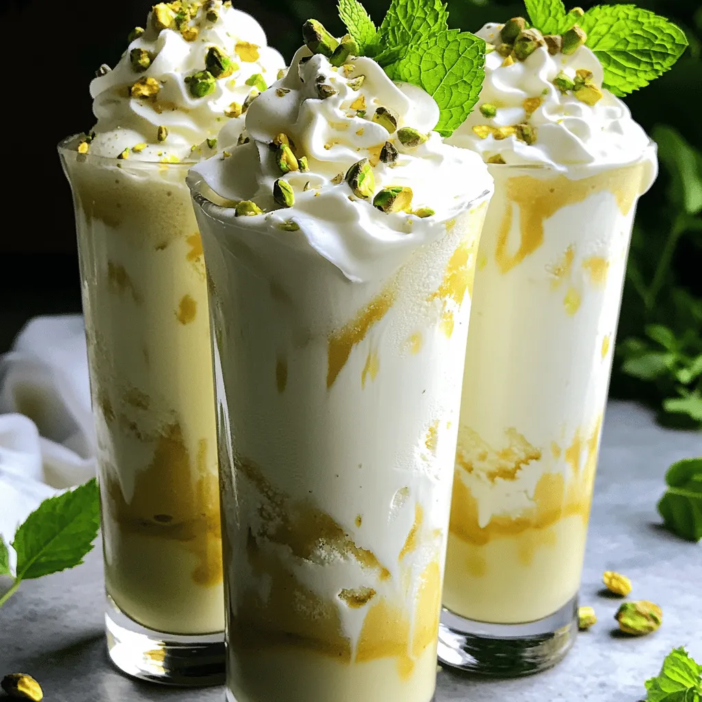 To make a delightful Pistachio White Chocolate Shake, gather these tasty ingredients: - 2 cups creamy vanilla ice cream - 1 cup milk (choose between whole or almond milk) - 1/2 cup white chocolate chips - 1/4 cup shelled pistachios, plus additional for garnish - 1 teaspoon pure vanilla extract - Whipped cream, for a luscious topping - Fresh mint leaves, for an aromatic garnish Each ingredient plays a key role in creating the perfect shake. The creamy vanilla ice cream gives it a smooth base. The milk adds richness and can be adjusted to your taste. White chocolate chips bring sweetness and a lovely flavor. Shelled pistachios add a nice crunch and nutty taste. Pure vanilla extract enhances the shake's overall flavor. Finally, whipped cream and mint leaves make it look beautiful and appealing. For the full recipe, follow the steps to blend these ingredients into a rich and creamy treat. To start, you need to melt the white chocolate. Take a microwave-safe bowl and add the white chocolate chips. Set your microwave to medium power. Heat the chocolate in 20-second intervals. Stir the chocolate well between each interval. Keep heating until it is fully melted and smooth. Let it cool slightly before using it in your shake. This cooling step is important. It helps keep your shake creamy and thick. Next, it’s time to blend the shake. In your blender, combine the creamy vanilla ice cream, your choice of milk, the melted white chocolate, pure vanilla extract, and the shelled pistachios. Blend on high speed. You want the mixture to be smooth and creamy with no lumps. After blending, taste the shake. If you want it thinner, add a splash more milk. Blend briefly to mix it in. Now, let’s serve your delicious shake. Carefully pour it into tall glasses. Fill each glass about three-quarters full. This leaves space for the whipped cream. Generously dollop whipped cream on top of each shake. It adds a nice touch and makes it look fancy! Sprinkle extra crushed pistachios on top for crunch. Finally, add a fresh mint leaf on each shake. This gives a burst of color and a nice aroma. Enjoy your Pistachio White Chocolate Shake! For the full recipe, check the details above. To make your shake sweeter, add a bit more white chocolate. Taste it as you mix. You can also try flavored milk. Almond milk adds a nice nutty taste. Or use coconut milk for extra creaminess. Each change brings a new twist to the shake. For a smooth shake, blend on high speed. Make sure there are no lumps left. If you want a thicker shake, use frozen ingredients. Frozen pistachios or ice cream work great. They make the shake cold and creamy. You can also chill your glasses. This keeps your shake frosty longer. For the full recipe, check out the [Full Recipe]. {{image_4}} You can change up this shake by using different ice cream flavors. For example, try mint chocolate chip for a fresh twist. Chocolate chip cookie dough also adds a rich taste to your shake. You can also swap out the pistachios. Try almonds, walnuts, or even hazelnuts for unique flavors. Adding toppings can elevate the shake too. Consider mini chocolate chips, crushed cookies, or caramel drizzle for extra sweetness. Using seasonal ingredients can make your shake special. In spring, add fresh strawberries or cherries for a fruity flavor. In fall, pumpkin spice can create a warm, cozy feel. You might even use fresh berries in summer for a refreshing twist. Incorporating seasonal flavors keeps your shake fun and exciting. Try new ideas to surprise your friends and family! To keep your shake fresh, store leftovers in a sealed container. Place it in the fridge. It stays good for up to two days. If you want to keep it longer, freeze it. Pour the shake into ice cube trays for easy portions. This way, you can enjoy it later without waste. To refresh leftover shakes, you need to re-blend them. First, pour the shake into your blender. Add a splash of milk to make it creamy again. Blend on high until smooth. If it's too thick, add more milk. This will bring back the rich, creamy texture. Enjoy your shake just like the first time! Yes, you can make this shake without ice cream. Try using frozen bananas or frozen yogurt as a base. Both options add creaminess and sweetness. For a dairy-free version, use coconut yogurt or cashew cream. These alternatives keep your shake rich while fitting various diets. To make this shake healthier, reduce the sugar. You can use fewer white chocolate chips or try a sugar-free version. Swap regular milk for unsweetened almond or oat milk to cut calories. You could also add spinach or protein powder for extra nutrients without changing flavor. If you want to replace pistachios, try using almonds or cashews. They both add a nice crunch and flavor. For a nut-free option, sunflower seeds or pumpkin seeds work well too. These alternatives keep the shake tasty while changing up the flavor profile. For the full recipe, check out the Pistachio Bliss White Chocolate Shake above! This shake combines creamy vanilla ice cream, milk, and tasty nuts. You learned how to melt white chocolate, blend your ingredients, and serve it nicely. I shared tips to enhance flavors and make it smoother. You also discovered various spins on the shake and how to store leftovers. Try different ideas to suit your taste. Enjoy crafting your unique shake and share it with friends or family. Be creative, and have fun!