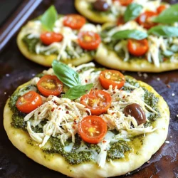 - 2 flatbreads (store-bought or homemade) - 1 cup cooked chicken breast, shredded - 1/2 cup pesto sauce (store-bought or homemade) - 1 cup fresh mozzarella cheese, shredded - 1/2 cup cherry tomatoes, halved - 1/4 cup Kalamata olives, pitted and sliced - 1/4 teaspoon crushed red pepper flakes (optional) - Fresh basil leaves, for garnish - Extra virgin olive oil, for drizzling - Salt and freshly cracked black pepper, to taste When making pesto chicken flatbread, you can adjust the amounts based on your taste. For the chicken, you can use rotisserie chicken to save time. If you prefer a vegetarian option, swap the chicken for grilled veggies like zucchini or bell peppers. For the cheese, mozzarella is great, but feel free to try goat cheese or feta for a twist. I often make my own pesto. It’s fresh and full of flavor. To make homemade pesto, blend fresh basil, garlic, pine nuts, Parmesan cheese, and olive oil. Store-bought pesto can also taste great when you’re short on time. Just check for quality ingredients and avoid options with too many additives. Both options work well in this flatbread recipe. Start by preheating your oven to 400°F (200°C). This step is key for crisp flatbreads. Next, take your flatbreads and lay them out on a baking sheet. I like to line the sheet with parchment paper. This helps with easy clean-up and keeps the flatbreads from sticking. Make sure there’s enough space between them. This allows the edges to crisp up nicely. Now it's time to build your flatbreads. Take a spatula and spread the pesto sauce evenly over each flatbread. Leave a little border around the edges; this gives you that perfect crispy crust. Next, sprinkle the shredded chicken over the pesto. Use enough chicken so every bite is tasty. Then, add the shredded mozzarella cheese on top. This makes it gooey and delicious! After the cheese, scatter halved cherry tomatoes and sliced Kalamata olives. Season with a pinch of salt and some cracked black pepper. If you like spice, add crushed red pepper flakes for a kick. Carefully slide the baking sheet into your preheated oven. Bake for about 12-15 minutes. You want the cheese to melt and bubble. The edges of the flatbread should turn a lovely golden brown. Once it’s done, take it out and let it cool for a moment. Drizzle some extra virgin olive oil on top and add fresh basil leaves for a burst of flavor. Finally, slice the flatbreads into wedges. Serve them warm for the best taste. Enjoy every bite of your tasty creation! For the full recipe, check out the details above. To bake your pesto chicken flatbread perfectly, focus on your oven. Preheat it to 400°F (200°C) for even cooking. Use a baking sheet lined with parchment paper. This helps avoid sticking and makes cleanup easy. Place the flatbreads with space in between. This allows the heat to circulate. Bake for 12-15 minutes until the cheese is bubbly and the edges are golden. Keep an eye on them to prevent burning. Choosing the right ingredients makes all the difference. Use fresh mozzarella cheese for that gooey texture. If possible, opt for homemade pesto. It adds more flavor than store-bought options. For chicken, use shredded cooked breast, as it stays juicy. Select ripe cherry tomatoes for sweetness. Kalamata olives bring a nice briny taste. Always check for freshness, as good ingredients enhance the dish. Balancing flavors is key to a great flatbread. The pesto brings a rich, herbal taste. Pair this with the mild mozzarella for contrast. Add cherry tomatoes for a juicy burst. The olives add saltiness, while crushed red pepper flakes can give a spicy kick. Be careful with salt; the olives and pesto may already have enough. Drizzle some olive oil on top for a hint of richness. Enjoy the harmony of these flavors in every bite. For the full recipe, visit the provided link. {{image_4}} You can make a tasty vegetarian flatbread. Instead of chicken, use roasted vegetables. Bell peppers, zucchini, and mushrooms work well. Add extra pesto for more flavor. Swap out mozzarella for goat cheese or a dairy-free option. This keeps it creamy and rich. You’ll enjoy every bite without meat! If you need a gluten-free option, choose gluten-free flatbreads. Many stores sell these now. You can also use cauliflower crusts for a healthy twist. Just make sure to check the labels. Some gluten-free options can be high in calories. Adjust the toppings to keep it light and fresh. You can get creative with toppings! Try adding artichoke hearts for a tangy flavor. Spinach gives a nice color and nutrition boost. Feta cheese adds a salty kick. You can even sprinkle some nuts like pine nuts for crunch. Remember to balance flavors so each bite is delicious. Check out the Full Recipe for more ideas! To store leftover flatbread, let it cool first. Place it in an airtight container. You can also wrap it tightly in plastic wrap. Store the container in the fridge. It will stay fresh for up to three days. If you use plastic wrap, make sure it is sealed well to avoid drying out. When you reheat your pesto chicken flatbread, aim for the oven. Preheat your oven to 350°F (175°C). Place the flatbread on a baking sheet and cover it with foil. This keeps it moist. Heat for about 10 minutes. If you want it extra crispy, remove the foil for the last few minutes. You can also use a skillet over medium heat. This method warms it without making it soggy. For long-term storage, you can freeze flatbread. Wrap each piece tightly in plastic wrap. Then, place them in a freezer bag. Remove as much air as possible. This helps prevent freezer burn. You can freeze the flatbread for up to three months. When ready to eat, thaw it in the fridge overnight. Reheat it in the oven for the best taste. For the full recipe, check out the details earlier in this article! Yes, you can use different cheeses. Try cheddar, feta, or goat cheese. Each cheese adds its own flavor. Cheddar gives a sharp taste, while feta adds a tangy kick. Goat cheese is creamy and rich. Mix and match to find your favorite! To make homemade pesto, blend fresh basil, garlic, pine nuts, and Parmesan cheese. Add olive oil slowly until smooth. Season with salt and pepper to taste. You can also use walnuts or almonds instead of pine nuts. Homemade pesto tastes fresh and bright, perfect for this recipe. The flatbread is done when the cheese is melted and bubbly. The edges should be golden brown. If you see a slight crisp, that’s a good sign! Keep an eye on it in the oven. It’s easy to overbake, so check it closely. Enjoy your delicious creation right out of the oven! This guide covered how to make delicious pesto chicken flatbread. We discussed the ingredients needed, including measurements and possible swaps. You learned about prepping the oven and assembling your flatbread. I shared tips for perfect baking and balancing flavors. We also explored tasty vegetarian and gluten-free options. Lastly, I gave storage tips to keep leftovers fresh. Making flatbread is fun and simple. Enjoy creating your tasty version!