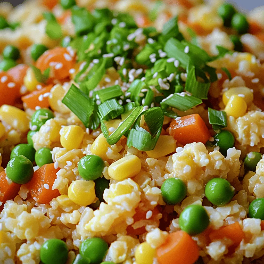 - Cauliflower - Eggs - Mixed Vegetables - Aromatics (Garlic, Ginger) Cauliflower is the star of this dish. It gives you that rice texture but with fewer carbs. You can use one medium head of cauliflower, about 2 to 3 cups when riced. To rice, simply chop it into florets and pulse it in a food processor until it looks like rice. Eggs add protein and richness. I use two large eggs, lightly beaten. They cook quickly, so make sure to keep an eye on them. Mixed vegetables bring color and nutrition. You can use carrots, peas, and corn. One cup is enough to make this dish vibrant and tasty. Aromatics like garlic and ginger boost flavor. I use three cloves of minced garlic and optional grated ginger for a fresh kick. - Soy Sauce - Sesame Oil - Salt and Pepper Soy sauce gives umami flavor that makes this dish shine. I recommend using two tablespoons of low-sodium soy sauce for a balanced taste. Sesame oil adds a nutty aroma. Just one tablespoon will enhance the overall flavor. Salt and pepper are simple but important. Use them to taste. They help bring all the flavors together nicely. You can find the full recipe with all the details [here](#). To rice cauliflower, start by removing the leaves and stem from the head. Chop the cauliflower into smaller florets. Then, use a food processor to pulse the florets until they look like rice. If you don’t have a food processor, you can simply grate the florets using a box grater. After ricing, set the cauliflower aside. Next, heat 1 tablespoon of vegetable oil in a large skillet over medium heat. Add the mixed vegetables and sauté them for about 3-4 minutes. You want them to be tender and colorful. Now, push the veggies to one side of the skillet. Pour the remaining tablespoon of oil into the empty space and add the beaten eggs. Let them cook for a moment without stirring. Once they begin to set, scramble the eggs gently until they are fully cooked. Mix the eggs back in with the sautéed vegetables. Add the riced cauliflower to the skillet. Pour in the soy sauce and stir everything together. Cook for about 5-7 minutes, stirring often. You want the cauliflower to be tender but not mushy. To check for doneness, taste a small bit of cauliflower. It should have a slight crunch but be cooked through. Finally, drizzle the sesame oil over the mix and season with salt and pepper. Toss in the chopped green onions, saving some for garnish. Your savory cauliflower fried rice is ready to enjoy! For the full recipe, refer to the earlier section. To get the best texture for your cauliflower fried rice, start by ricing the cauliflower well. You want it to look like real rice. If the pieces are too big, it won't cook evenly. Make sure to pulse the florets until they are finely riced. You can also use a box grater if you don't have a food processor. To avoid mushy cauliflower rice, keep an eye on the cooking time. Cook the riced cauliflower for just 5 to 7 minutes. Stir it often to prevent it from steaming. You want it tender but still a bit firm. This gives your dish the right bite and keeps it light. If you're looking for low-carb add-ins, consider adding zucchini noodles or chopped bell peppers. These options keep the dish fresh and healthy. You can also add more veggies like broccoli or peas for a colorful plate. For vegetarian and vegan options, replace the eggs with firm tofu. Scramble the tofu in the same way you would with eggs. It adds protein and keeps the dish filling without using eggs. Make sure to adjust the soy sauce to keep the flavors balanced. For the full recipe, check out the savory cauliflower fried rice section above. Enjoy experimenting with these tips! {{image_4}} You can easily add proteins to your cauliflower fried rice. Chicken, shrimp, and tofu work great. Cook the protein first, then add it back in with the cauliflower. It adds flavor and makes the meal more filling. Spices can change the taste too. Try chili flakes for heat or curry powder for warmth. Just a pinch can make a big difference. Experiment with flavors until you find what you love. Adding more vegetables makes this dish colorful and healthy. You can use broccoli, bell peppers, or peas. Each veggie brings a unique taste and texture. Seasonal vegetables are a fun way to mix it up. Use what’s fresh in your area. This keeps the recipe exciting and helps you eat more greens. For the full recipe, check out the section above. After enjoying your easy cauliflower fried rice, store any leftovers in a sealed container. This keeps the flavors fresh. Place the container in your fridge. It will last for about 3 to 5 days. Always allow it to cool before sealing it. This avoids condensation and keeps the rice from getting soggy. To freeze cauliflower fried rice, let it cool completely first. Then, scoop it into freezer-safe bags. Make sure to remove as much air as possible. This helps prevent freezer burn. Your fried rice can stay good in the freezer for up to 3 months. When you want to eat it, take it out and thaw it overnight in the fridge. If you're in a hurry, you can thaw it in the microwave. For reheating, you can use a skillet over medium heat. Add a splash of water or oil to keep it moist. Stir until it's heated through. Enjoy your meal just like the first time! For the complete recipe, check out the Full Recipe section. Can I use frozen cauliflower rice? Yes, you can use frozen cauliflower rice. It saves time and is easy to find. Just thaw it first and squeeze out excess water. This helps keep your dish from becoming soggy. Is cauliflower fried rice healthy? Absolutely! Cauliflower fried rice is low in carbs and high in nutrients. It has fiber and vitamins. This dish is a great option if you want to eat light but still feel full. How do I make it more flavorful? To boost flavor, add extra garlic or ginger. You could also try different sauces. For example, hoisin sauce or chili paste can give it a kick. Fresh herbs like cilantro can also add brightness. Can I use a microwave for this recipe? You can use a microwave to cook the vegetables. Just place them in a bowl with a little water. Cover it and microwave for a few minutes until tender. Then, add the riced cauliflower and sauce afterward. How to adjust the recipe for larger servings? To make more servings, simply double or triple the ingredients. Keep the same cooking times. Just ensure your skillet has enough room to stir everything well. What should I serve with cauliflower fried rice? Cauliflower fried rice pairs well with proteins like chicken, shrimp, or tofu. You can also serve it with a side of spring rolls or a light salad for a complete meal. Can I meal prep this dish? Yes, meal prepping is a great idea! Cook a large batch and store it in the fridge. It stays fresh for up to four days. You can easily reheat it in a skillet or microwave. Check the [Full Recipe] for tips! In this blog post, we explored how to make cauliflower fried rice. We covered the essential ingredients, step-by-step instructions, and helpful tips to get the best results. Remember, using fresh cauliflower and the right seasonings makes a big difference. Storing leftovers correctly keeps your meals fresh for longer. Don't hesitate to try different flavors and ingredients to find what you love. With this guide, you can create a tasty, healthy dish that fits your needs. Enjoy your culinary adventure!