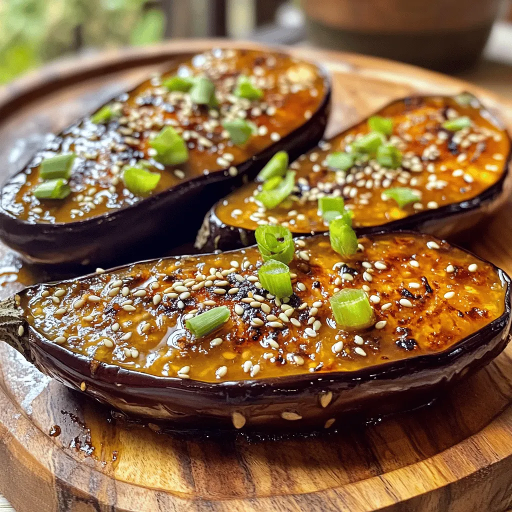 - 2 medium-sized eggplants - 3 tablespoons white miso paste - 2 tablespoons maple syrup - 1 tablespoon soy sauce - 1 teaspoon sesame oil - 1 tablespoon rice vinegar - 1 tablespoon freshly grated ginger - 2 cloves garlic, minced - 2 tablespoons sesame seeds - 2 green onions, finely chopped - Olive oil for drizzling - Salt and pepper, to taste Miso glazed eggplant uses simple ingredients that pack a punch. The eggplant is the star here, and its soft texture pairs well with the rich miso glaze. White miso paste gives a sweet and salty taste, while maple syrup adds depth. Soy sauce brings umami, and sesame oil gives a nutty note. Rice vinegar adds brightness. Fresh ginger and garlic boost the flavor even more. - Calories per serving: About 150 - Protein: 4g - Fat: 6g - Carbs: 22g This dish is rich in vitamins and minerals. Eggplants are high in fiber and low in calories. They provide important nutrients like potassium and vitamin C. Miso is a fermented food, which means it’s good for gut health. You also get healthy fats from sesame oil. For the full recipe, check out the detailed instructions. 1. Preheat your oven to 400°F (200°C). Line a baking sheet with parchment paper. 2. Slice each eggplant in half lengthwise. Score the flesh in a diamond pattern. This helps the glaze soak in. 1. In a bowl, combine white miso paste, maple syrup, soy sauce, sesame oil, rice vinegar, grated ginger, and minced garlic. 2. Whisk the mixture until smooth and well blended. 1. Place the scored eggplant halves on the baking sheet with the cut sides up. 2. Drizzle the eggplants with olive oil and season with salt and pepper. 3. Brush the miso glaze on the cut sides of the eggplants. Make sure they are well covered. 4. Roast the eggplants for about 25-30 minutes. They should be tender and caramelized. Brush with more glaze halfway through. 5. After roasting, remove the eggplants from the oven. Sprinkle sesame seeds and chopped green onions on top for garnish. For the complete guide, check the Full Recipe. To make the miso glaze just right, start by adjusting the sweetness. I often add maple syrup for a nice touch. A little sweetness balances the salty miso. You can taste as you mix to find your perfect balance. Next, ensure even coating when applying the glaze. Using a brush helps cover all surfaces. Be generous with the glaze, especially in the scored areas. This way, the eggplant soaks up all the flavors. Broiling is a great way to enhance the caramelization of your eggplant. After roasting, turn on the broiler for a few minutes. This step adds a delightful crunch while keeping the inside soft. Consider scoring patterns on the eggplant skin. Scoring helps the glaze penetrate deeper. You can create fun patterns or stick to simple diamonds. The choice is yours! For plating, serve the miso glazed eggplant on a large, colorful platter. This makes it eye-catching. Drizzle some extra sesame oil on top for shine. Garnish with sesame seeds and chopped green onions. This adds a pop of color and flavor. Pair your dish with steamed rice or a light salad for a complete meal. Enjoy your beautiful creation! For the full recipe, refer to the section above. {{image_4}} You can use different types of miso for this dish. Switching to red or brown miso adds a deeper flavor. Red miso has a stronger, saltier taste. It pairs well with the sweetness of the glaze. Brown miso offers a rich, earthy flavor. Each miso type changes the taste, so feel free to experiment! To make this dish even better, try adding lemon juice. A splash of lemon brightens the flavor. You can also include other vegetables. Bell peppers or zucchini work well in this mix. This creates a colorful medley that adds more nutrition. If you need a gluten-free option, switch the soy sauce for tamari. This keeps the flavor while making it safe for gluten-free diets. For a vegan option, use maple syrup instead of honey. You can also reduce the sugar by using less maple syrup or a sugar-free sweetener. These changes keep the dish tasty and healthy. For the full recipe, visit [Full Recipe]. To keep your leftover miso glazed eggplant fresh, store it in an airtight container. This helps prevent drying out and keeps the flavors intact. Place it in the fridge right after it cools. If stored properly, it lasts about 3-4 days. You can reheat miso glazed eggplant in the oven or microwave. For the oven, preheat to 350°F (175°C). Place the eggplant on a baking sheet and cover it with foil to keep it moist. Heat for about 10-15 minutes. If using the microwave, place the eggplant on a microwave-safe plate. Heat in short bursts of 1-2 minutes. Check often to avoid overcooking. To freeze, let the eggplant cool completely. Then, wrap each piece tightly in plastic wrap. Place the wrapped pieces in a freezer bag, removing as much air as possible. Label the bag with the date. For best results, use it within 2-3 months. To thaw, move the eggplant to the fridge for several hours or overnight. Reheat it as described earlier for the best texture. You can serve Miso Glazed Eggplant with many side dishes. Here are some ideas: - Steamed rice - Quinoa - Noodles - Stir-fried vegetables - A simple salad These sides match the rich miso flavor well. You can also pair it with Asian dishes like sushi or dumplings. The sweet and salty glaze enhances many meals. Yes, you can make this recipe ahead of time. You can prepare the eggplants and glaze. Store them separately in the fridge for up to two days. When ready to eat, just roast the eggplants. They will taste fresh and delicious. Yes, Miso Glazed Eggplant is great for meal prep. Cut the eggplants and mix the glaze in advance. Portion them into containers for easy meals. This dish reheats well, making it a smart choice for quick lunches or dinners. To add spice, mix in chili paste or red pepper flakes. Start with a small amount and taste. You can balance the heat with a bit more maple syrup. This adds sweetness while keeping the dish tasty. This blog post provided you with a tasty miso glazed eggplant recipe. You learned about the key ingredients, nutritional information, and easy instructions. I shared tips to perfect the glaze and enhance cooking techniques. You also discovered ideas for variations, storage, and answers to common questions. Now you can enjoy this flavorful dish while making it your own. I hope you feel inspired to create and share this delicious recipe with others. Happy cooking!
