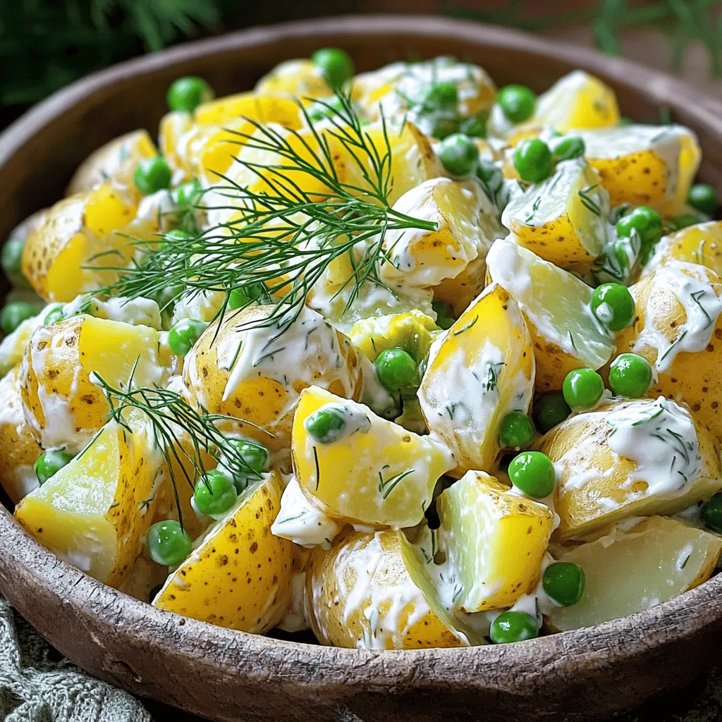 For a classic potato salad, we need fresh and tasty ingredients. Here’s what you will use: - 2 pounds of Yukon Gold potatoes - 1 cup green peas (fresh or frozen) - ½ cup sweet pickle relish - ½ cup creamy mayonnaise - ¼ cup thick Greek yogurt - 1 tablespoon smooth Dijon mustard - 1 tablespoon apple cider vinegar - 1 small red onion - 3 stalks of celery - ½ teaspoon garlic powder - Salt and pepper, to taste - Fresh dill sprigs for garnish These ingredients come together to create a dish that is both creamy and crunchy. Yukon Gold potatoes give a buttery texture. Green peas add a pop of color and sweetness. Sweet pickle relish brings a tangy kick. The mix of creamy mayonnaise and Greek yogurt makes it rich without being too heavy. Using fresh dill as a garnish not only looks nice but also adds a fresh flavor. You can find all these items at your local store. Check for the freshest produce to get the best taste. For the full recipe, check out the complete guide. To start, you need to boil the potatoes. Fill a large pot with enough water to cover the potatoes. Bring the water to a rapid boil. Once boiling, add a generous pinch of salt. This step enhances the flavor of the potatoes. Now, add the potato cubes to the boiling water. Cook the potatoes for about 10 to 15 minutes. You want them fork-tender but not mushy. Check them with a fork; they should break apart easily but still hold their shape. If you are using fresh green peas, add them to the pot in the last 2 to 3 minutes of cooking. If you prefer frozen peas, just thaw them ahead of time. There’s no need to cook them. After cooking, drain the potatoes and peas in a colander. Let them cool in a large mixing bowl. This will help remove any excess moisture. Next, prepare the dressing. In a separate bowl, mix together the creamy mayonnaise, Greek yogurt, Dijon mustard, apple cider vinegar, and garlic powder. Whisk until smooth, then season with a pinch of salt and pepper. Once the potatoes and peas are cool, gently fold them into the dressing. Make sure all the veggies get coated well. Then, add in the finely chopped red onion and diced celery. Mix them in carefully to ensure even distribution. Now, taste the salad. Adjust the seasoning with more salt or pepper if you need to. After that, cover the bowl with plastic wrap or a lid. Chill the salad in the fridge for at least 1 hour. This helps the flavors blend together nicely. For the full recipe, check out the Garden Fresh Classic Potato Salad. To get the best potato salad, start with the right potatoes. Yukon Gold potatoes are my favorite. They have a rich flavor and creamy texture. When boiling them, cook until they are fork-tender. This usually takes about 10 to 15 minutes. Be careful not to overcook them. You want them soft but not mushy. Next, let’s talk about the dressing. It’s key to making a great potato salad. Start with a mix of mayonnaise and Greek yogurt. The yogurt adds a nice tang and creaminess. Add Dijon mustard and apple cider vinegar for extra flavor. Mix this all well until it’s smooth. Tasting as you go is vital. Adjust salt and pepper for your liking. Potato salad is great with many dishes. It pairs well with grilled meats, like burgers or chicken. You can also serve it with sandwiches or as part of a picnic spread. For presentation, choose a large bowl. Arrange the potato salad neatly. Garnish with fresh dill sprigs on top. This adds color and a nice aroma. If you want to make it even more special, add sliced hard-boiled eggs on top. This makes it look inviting. For the full recipe, you can check the details provided earlier. {{image_4}} For a healthier twist, you can swap out some ingredients. Use low-fat mayo or Greek yogurt for a lighter dressing. This keeps the taste but cuts down on calories. You can also try adding more veggies. Chopped bell peppers or carrots add crunch and color. Adding proteins can make your potato salad heartier. Consider diced hard-boiled eggs, cooked bacon bits, or even shredded chicken. Each adds a unique taste and makes the dish more filling. Herbs and spices can take your potato salad to the next level. Fresh dill adds a bright taste. Chopped chives bring a mild onion flavor. You might also try adding a pinch of smoked paprika for a hint of warmth. Around the world, potato salad varies greatly. In Germany, they often use vinegar and bacon. Southern U.S. styles might include sweet pickle relish and mustard. Each version has its own charm and flavor. You can mix and match based on your preferences. Explore the [Full Recipe] for a classic take on this dish! Store leftover potato salad in a sealed container. This helps keep it fresh. I like to use glass containers for easy viewing. The fridge is the best place for storage. Properly stored, potato salad lasts about 3 to 5 days. Always check for any off smells or changes in texture before using it again. Can you freeze potato salad? It’s not ideal, but you can freeze it. The texture changes after thawing, so keep that in mind. If you must freeze it, place it in an airtight container. Remove as much air as possible to avoid freezer burn. When thawing, move the salad to the fridge overnight. This helps maintain some texture. After thawing, stir the salad well. You might need to add a dash of mayo or yogurt to revive its creaminess. Serve it cold for the best taste. Enjoy your classic potato salad at summer gatherings with ease! For the full recipe, check out the section above. To make potato salad creamy, start with the right mix of ingredients. Use creamy mayonnaise and thick Greek yogurt. These two ingredients blend well and create a rich texture. Make sure to mix them well until smooth. You can also add a splash of apple cider vinegar for tanginess. This helps cut through the creaminess and adds flavor. Yes, you can use different types of potatoes. Yukon Gold potatoes work great because they are creamy and hold shape well. However, you can try red potatoes or even fingerling potatoes. Just keep in mind that some types may break down more easily. Always choose potatoes that you enjoy and that fit your taste. Adding ingredients can really boost the flavor of your potato salad. Consider mixing in fresh herbs like dill or parsley. You can also add crispy bacon bits for a smoky kick. Chopped pickles or olives add tanginess. For a bit of crunch, try diced celery or bell peppers. These extras make your salad pop with flavor. Potato salad should not sit out for more than two hours. If it’s hot outside, limit it to one hour. This is important for food safety. After serving, store any leftovers in the fridge right away. Proper storage keeps your salad fresh and safe to eat later. In this post, we covered how to make a tasty potato salad. We looked at the key ingredients like Yukon Gold potatoes and fresh peas. I shared step-by-step instructions for preparing and combining everything. We also discussed tips for perfect texture and flavor, plus ways to add variety. Lastly, I talked about storing leftovers safely. Try making this potato salad for your next meal. It’s sure to impress!