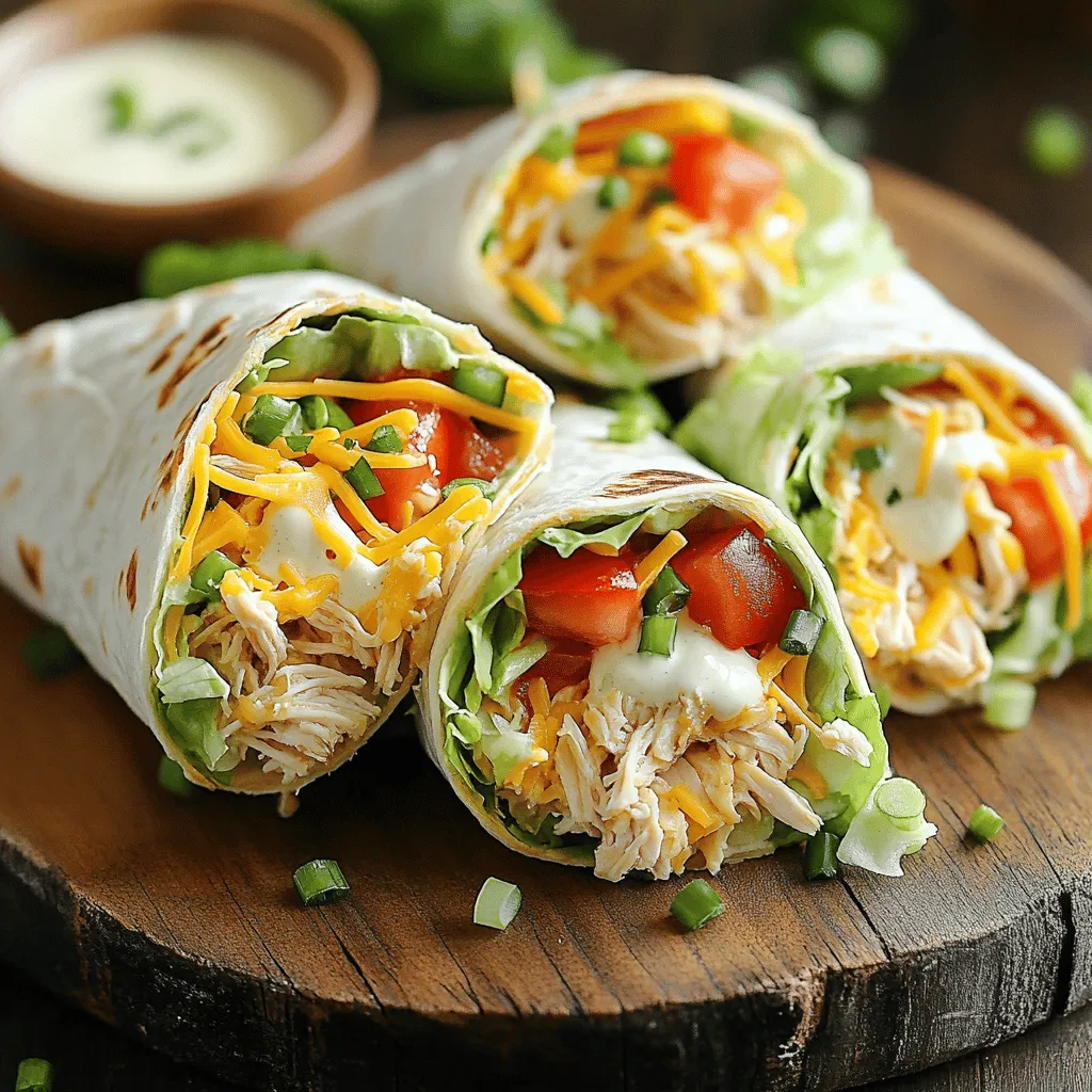To make easy chicken ranch wraps, you need simple ingredients. Here’s what you will need: - 2 cups cooked chicken breast, shredded - 1/2 cup ranch dressing - 1 cup shredded lettuce - 1 cup ripe tomatoes, diced - 1/2 cup shredded cheese (cheddar or your preferred variety) - 4 large tortillas (flour or whole grain) - 1/4 cup fresh green onions, finely chopped - Salt and pepper to taste You can add or swap ingredients based on your taste. Here are some ideas: - Avocado slices for creaminess - Bell peppers for crunch - Cilantro for freshness - Spicy ranch dressing for heat - Black beans for extra protein Feel free to mix and match these options! They can change the flavor and texture of your wraps. You can find the full recipe above! 1. Start by shredding your cooked chicken breast. Make sure it is warm for better mixing. 2. In a medium bowl, add the shredded chicken and ranch dressing. Mix well until the chicken is fully coated. This ensures each bite is packed with flavor. 3. Set up a clean, flat surface for assembly. Lay out your tortillas. This helps keep everything organized. 4. Spread the chicken mixture evenly in the center of each tortilla. Leave about an inch of space around the edges. This space is crucial for rolling. 5. Layer your toppings. Add shredded lettuce, diced tomatoes, and shredded cheese. Finish with chopped green onions. A light sprinkle of salt and pepper will boost the taste. 6. Now, start rolling! Begin at one edge of the tortilla. Tightly roll it away from you while folding in the sides. This keeps the filling from spilling out. 7. After rolling, slice each wrap in half diagonally. This makes it easier to eat. You can use toothpicks to secure them if needed. 8. For a crispy finish, grill the wraps in a medium skillet for 2-3 minutes per side. They should be golden brown and crunchy. - Use a flat surface to assemble your wraps. This helps keep your filling from falling out. - Be sure to roll tightly. If you roll too loosely, your wraps may come apart. - Try to keep your fillings centered. This makes for a cleaner wrap. - Experiment with the order of ingredients. Some people prefer lettuce first, while others like chicken on top. Find what works best for you! For a full recipe, check out the complete list of ingredients and instructions. To save time, you can prepare the ingredients in advance. Shred the chicken and mix it with the ranch dressing. Store this chicken mixture in the fridge for up to three days. This way, when you’re ready to eat, you can whip up the wraps in no time. When you store the chicken mixture, use an airtight container. This keeps it fresh and flavorful. You can also chop the vegetables early. Keep them in separate containers to maintain their crunch. This makes it easy to assemble your wraps quickly. Want to kick up the taste? Try adding spices like garlic powder or paprika to the chicken mixture. Fresh herbs like cilantro or parsley can bring a burst of flavor too. Just a little sprinkle can make a big difference! Choosing the right tortillas is also key. Flour tortillas are soft and easy to roll. If you want a healthier option, go for whole grain. This adds fiber and a nutty taste to your wraps. You can even try spinach or tomato tortillas for a fun twist. For the full recipe, check out the full recipe section above! {{image_4}} You can easily change the protein in your chicken ranch wraps. Try turkey for a leaner option. Ground beef also works well if you want a different flavor. For a plant-based twist, use chickpeas or tofu. These swaps keep the dish tasty and fun. Each protein brings a new taste and texture. Feel free to mix and match for your family's favorites. If you need gluten-free wraps, use corn tortillas instead of flour. This keeps the meal safe for those with gluten issues. For a dairy-free version, skip the cheese or use a dairy-free alternative. Many brands offer great options that melt well. If you want a vegetarian wrap, skip the meat and add more veggies. Sliced bell peppers, cucumbers, or even avocado give a fresh crunch. These changes make the wraps fit for everyone. Enjoy the flavors while meeting your dietary needs. Store any leftover chicken ranch wraps in an airtight container. This keeps them fresh and tasty. Place the wraps in the fridge right after serving. They will stay good for about 3 days. However, for the best taste, eat them within 1-2 days. If you see any signs of spoilage, toss them out. To freeze the wraps, wrap each one in plastic wrap. Then, place them in a freezer-safe bag or container. This helps keep them from getting freezer burn. You can freeze them for up to 3 months. When you’re ready to eat, thaw them in the fridge overnight. Reheat the wraps in the oven or on a skillet. This makes them warm and crispy again. Avoid using the microwave, as it can make them soggy. For best results, use a baking dish covered with foil. This method helps keep the wraps moist while warming. Choosing the right container for freezing is key. Use freezer-safe bags or hard containers. They should seal well to prevent air exposure. This keeps your chicken ranch wraps ready for a quick meal later. What can I serve with chicken ranch wraps? You can serve chicken ranch wraps with a side of chips or veggies. A fresh salad pairs well too. Try adding fruit for a sweet touch. These sides brighten up the meal and add variety. How do I make it spicier? To spice up your wraps, add jalapeños or hot sauce. You can also mix in cayenne pepper or red pepper flakes with the dressing. These simple changes boost flavor and heat without changing the wrap's structure. Can I use different dressings? Yes, feel free to swap ranch for other dressings. Try blue cheese, Caesar, or a spicy chipotle dressing. Each option adds a unique twist to your wraps, keeping things fresh and exciting. How to adjust for different serving sizes To adjust the recipe, simply increase or decrease the ingredient amounts. For more wraps, double the chicken and dressing. For fewer wraps, cut the amounts in half. Use the same ratios for all ingredients. Conversion tips for smaller or larger gatherings For small gatherings, stick with the original recipe. For larger groups, consider using a rotisserie chicken for quick prep. This saves time and still gives you great flavor. Always use a large bowl for mixing to avoid spills. You learned how to make tasty chicken ranch wraps. We covered every detail, from ingredients to storage. Use the tips for prepping ahead and customizing flavors. You can swap proteins or alter diets to fit your needs. If you store them right, they will stay fresh longer. Now, you’re ready to create wraps everyone will enjoy. Explore your options and have fun with your cooking!