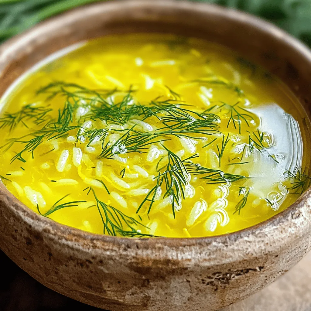 - 1 cup long-grain rice - 6 cups vegetable or chicken broth - 1 medium onion, finely chopped - 2 cloves garlic, minced - Zest and juice of 2 large lemons - 3 large eggs - 2 tablespoons olive oil - Salt and black pepper to taste - Fresh dill or parsley for garnish Choosing the right broth Pick a high-quality broth. If you choose chicken broth, go for low-sodium. This choice keeps the soup from becoming too salty. Fresh vegetable broth adds a bright taste to the soup too. Importance of fresh lemons Use fresh lemons for the best flavor. The zest adds a punch, while the juice brings brightness. You can tell a fresh lemon by its firm feel and bright color. Avoid lemons with soft spots or dull skin. Fresh lemons will make your soup sing! First, heat 2 tablespoons of olive oil in a large pot over medium heat. Add 1 finely chopped onion and sauté it for about 5 minutes. You want the onion to be soft and translucent. Stir it occasionally to avoid browning. Next, add 2 minced garlic cloves to the pot. Cook for another minute. The garlic will add a nice aroma. Make sure to stir it well, so it doesn’t burn. Now, it’s time to add the rice. Pour in 1 cup of long-grain rice and stir for 2 minutes. This toasting step brings out the rice's flavor and makes it more aromatic. Slowly pour in 6 cups of vegetable or chicken broth, stirring to mix everything well. Bring the pot to a full boil. Once it boils, lower the heat and let it simmer, uncovered, for 15 to 20 minutes. This will cook the rice until it absorbs most of the liquid. Make sure to check the rice for tenderness. It should be soft but still hold its shape. While your soup simmers, let’s work on the egg-lemon mix. In a bowl, whisk together 3 large eggs, the juice, and zest of 2 large lemons. Mix until it’s smooth and well combined. To temper the eggs, carefully ladle about 1 cup of the hot soup broth into the egg mixture. Whisk quickly to keep the eggs from scrambling. This step is key for a creamy texture. Now, slowly pour the tempered egg mixture back into the pot. Stir gently and continuously to mix it evenly. This will give the soup a lovely creaminess. Let the soup warm for another 2 to 3 minutes. Avoid boiling, as that can curdle the eggs. Season the soup with salt and black pepper to taste. You can adjust the seasoning to your liking. Serve the soup warm. Garnish with fresh dill or parsley for a pop of color. This not only looks nice but also enhances the fresh flavors. For the complete recipe, check out the Full Recipe section. - Overcooking the rice: This can make the rice mushy. Cook it just until tender. Stir the rice often while it simmers. This helps it cook evenly. - Scrambling the eggs in the soup: This is a big no-no! Always temper your eggs. Slowly mix hot broth into the egg mixture. This keeps the eggs creamy. - Additional herbs and spices to consider: Try adding fresh thyme or oregano. Both add depth to the soup. You can also sprinkle in some cumin for a unique twist. - Serving suggestions for extra taste: Serve your soup with crusty bread. A side salad can also add a fresh touch. Drizzle a bit of olive oil on top for richness. - Creative garnishing options: Use thin lemon slices for a bright look. Chopped herbs like parsley or dill add color and freshness. - Serving in traditional Greek ways: Use bowls made of clay or ceramic. This keeps the soup warm longer and adds a rustic charm. Enjoy your meal with a side of feta cheese for a true Greek experience. For the full recipe of Greek Lemon Rice Soup, check the detailed instructions above! {{image_4}} You can easily switch up the ingredients in Greek lemon rice soup. If you want to make it vegetarian, use vegetable broth instead of chicken broth. This keeps the fresh taste while making it meat-free. For extra flavor and nutrients, try adding vegetables like carrots, spinach, or peas. You can also include proteins like chickpeas or lentils for a heartier dish. Greek lemon rice soup can take different forms. If you like a thicker soup, add more rice. This gives it a nice, filling texture. On warm days, you might enjoy this soup chilled. Just cool it in the fridge after cooking and serve it cold. It still tastes great and offers a refreshing twist. Greece has many ways to make this soup. Each region adds its own twist. Some use orzo pasta instead of rice, while others add more herbs. These differences come from local tastes and traditions. The soup's history is rich, influenced by the Mediterranean climate and local ingredients. Each bowl tells a story of culture and community. Check out the Full Recipe for all the details! To keep your Greek Lemon Rice Soup fresh, first, let it cool. Once cool, transfer the soup to an airtight container. This helps prevent any unwanted odors from mixing in. You can refrigerate the soup for up to four days. If you want to store it longer, you can freeze it. Use a freezer-safe container or bag. Make sure to leave some space at the top for expansion. In the fridge, your soup stays fresh for about four days. After that, it might lose flavor and texture. Look out for changes in color or smell. If it smells sour or looks discolored, it’s best to toss it. Food safety is key! When reheating, do it gently. The best method is on the stove over low heat. Stir often to keep it smooth. If you use a microwave, heat in short bursts. Stir in between to avoid hot spots. To keep the soup creamy, you can add a splash of broth or water while reheating. This helps restore its texture and flavor. For the full recipe, check out the details above. It’s a comforting dish you’ll love! To make this soup vegetarian, use vegetable broth instead of chicken broth. This change keeps the soup rich and tasty. You can also add fresh vegetables like carrots or spinach for more flavor and nutrition. Cook them with the onion and garlic for a perfect blend. Herbs like thyme or oregano can also enhance the taste. Yes, you can use brown rice, but it changes the soup's texture. Brown rice takes longer to cook, about 30-40 minutes. The grains are chewier and nuttier than long-grain rice. If you choose brown rice, make sure to adjust the cooking time. I recommend pre-cooking the rice to save time. If you want to skip the eggs, try silken tofu or a vegan egg replacer. Silken tofu gives a creamy texture, similar to eggs. Blend it until smooth and mix it with the lemon juice. This keeps the soup creamy and delicious without eggs. Yes, this soup is quite healthy! It has many benefits: - Rice provides energy. - Lemons are full of vitamin C. - Olive oil adds healthy fats. - The broth is hydrating and flavorful. This soup can be a great part of a balanced meal. This blog post shared a simple recipe for Greek Lemon Rice Soup. You learned about key ingredients, including fresh lemon and the best broth. I walked you through each step to cook the soup perfectly. Common mistakes were highlighted to help you avoid errors. In closing, enjoy making this comforting dish. Feel free to personalize it with your favorite ingredients. This soup brings warmth and flavor and is perfect for any meal.
