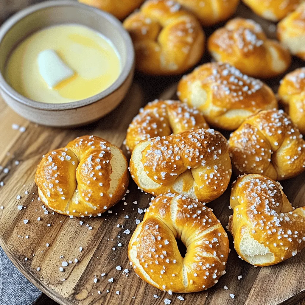 To make delicious air fryer pretzel bites, gather these key items: - 1 ½ cups warm water (between 110°F to 115°F) - 1 packet (2 ¼ teaspoons) active dry yeast - 1 tablespoon granulated sugar - 4 cups all-purpose flour - 2 teaspoons salt - ½ cup baking soda - 1 large egg, beaten (for egg wash) - Coarse sea salt for topping These ingredients form the base of your pretzel bites. The warm water activates the yeast, making your dough rise. You can add these for extra taste: - Melted butter for brushing on top Brushing melted butter on the warm bites adds richness and a lovely shine. Pretzel bites are perfect with dips. Here are a few ideas: - Tangy mustard - Creamy cheese dip - Spicy ranch dressing These dips elevate the flavor and make for a fun snack experience. You can find the Full Recipe at the end to guide you through each step of making these tasty treats! Start by gathering your ingredients. In a large bowl, mix warm water, active dry yeast, and sugar. Stir gently and let it sit for about 5 minutes. You want it to become frothy with bubbles. This shows the yeast is active and ready to work. Next, add the flour and salt to the frothy yeast mix. Use a wooden spoon or spatula to stir until a dough forms. Transfer the dough to a floured surface. Knead it for about 5 minutes until it feels smooth and elastic. This step helps develop the pretzel’s texture. Now, grease a clean bowl lightly with oil. Place the kneaded dough in the bowl and cover it with a kitchen towel. Let it rise in a warm place for about 1 hour. Your dough should double in size. This rising time is crucial for fluffy pretzel bites. Once the dough rises, you're ready to shape your pretzel bites! Check out the Full Recipe to guide you through the rest of the process. When making air fryer pretzel bites, avoid these common mistakes: - Not activating the yeast: Always let the yeast mixture get frothy. - Skipping the baking soda bath: This step gives your bites their classic flavor and texture. - Overcrowding the air fryer basket: Cook in batches for even cooking. - Not brushing with egg wash: This gives the bites a nice golden color. To get the best texture for your pretzel bites: - Knead the dough well: This builds gluten, making the bites soft yet chewy. - Let the dough rise properly: Aim for double in size for light bites. - Use the right temperature: Preheat your air fryer to 375°F. This ensures even cooking. Follow these tips for air frying pretzel bites: - Arrange in a single layer: This helps them cook evenly and become crispy. - Check halfway through: Flip or shake the basket to ensure even browning. - Brush with butter immediately: This adds flavor and keeps them moist. Follow these tips to make your air fryer pretzel bites a hit! For the full recipe, check out the section above. {{image_4}} You can get creative with flavoring your pretzel bites. Try adding garlic powder or onion powder to the dough for a savory twist. You might also mix in some grated cheese like cheddar or Parmesan. For a sweet treat, sprinkle cinnamon sugar over the top before baking. The options are endless, so have fun exploring different tastes! While pretzel bites are fun, you can also shape the dough into different forms. Make long pretzel sticks for easy dipping, or twist the dough into traditional pretzel shapes. You can even cut the dough into fun animal shapes for kids. Just remember to adjust the cooking time based on the size and shape you choose. If you need a gluten-free option, swap the all-purpose flour for a gluten-free blend. Make sure the baking soda and yeast are gluten-free too. For a vegan version, replace the egg wash with a plant-based milk like almond or soy milk. You can also skip the butter after cooking, or use a vegan butter alternative. Enjoy your tasty snack without worry! For the full recipe, check out the detailed instructions on how to create these delightful bites. To keep your pretzel bites fresh, store them in an airtight container. Place a paper towel inside to absorb any moisture. This helps prevent sogginess. Store them at room temperature for up to two days. If you need more time, consider refrigerating them. They will last for about a week in the fridge. When it's time to enjoy your leftover pretzel bites, reheating is key. I recommend using the air fryer for the best results. Simply preheat it to 350°F (175°C). Place the pretzel bites in the basket for about 3-4 minutes. This method keeps them crisp. You can also use an oven. Bake them at 350°F (175°C) for about 5-7 minutes. If you want to save some pretzel bites for later, freezing is a great option. Allow them to cool completely first. Then, arrange them in a single layer on a baking sheet. Freeze them for about an hour. Once frozen, transfer them to a freezer bag. They will stay fresh for up to three months. When ready to eat, just reheat from frozen using the air fryer or oven. Try this method for a quick snack anytime! You can find the Full Recipe for Air Fryer Pretzel Bites above. To make air fryer pretzel bites, start by mixing warm water, yeast, and sugar. Let it sit for five minutes until it bubbles. Then, add flour and salt. Knead the dough for five minutes until smooth. Let it rise for an hour. Cut the dough into bite-sized pieces. Boil them in water with baking soda for thirty seconds. Brush with egg wash and sprinkle with salt, then air fry for seven to eight minutes until golden. Yes, you can! Store-bought dough makes this recipe quicker. Look for pizza or bread dough at the store. Roll it out and cut it into bite-sized pieces. Then, follow the same boiling and air frying steps. This option saves time while still giving you tasty pretzel bites. Pretzel bites pair well with various dips. Here are a few favorites: - Classic mustard - Cheddar cheese dip - Honey mustard - Ranch dressing - Spicy sriracha mayo These dips add great flavors to your warm pretzel bites. Your pretzel bites are done when they turn golden brown. You can also check if they puff up a bit. If they look light and crispy, they are ready. Use a fork to lift one out and check the color. The Full Recipe for Air Fryer Pretzel Bites includes clear steps for making the dough, boiling, and air frying. It starts with mixing the yeast, then progresses to kneading the dough, letting it rise, and shaping the bites. The final steps involve boiling and air frying, which make them crisp and delicious. Each part is easy to follow, ensuring great results. You now have the tools to make air fryer pretzel bites at home. We covered essential and optional ingredients, step-by-step instructions, and tips for success. I shared fun flavor variations and how to store leftovers well. Use your favorite dips for a tasty treat. Enjoy the process and let your creativity shine. Whether you stick to classic shapes or try something new, these pretzel bites will impress. Happy cooking!