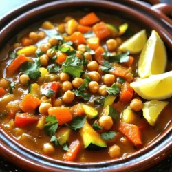 To make a tasty Moroccan chickpea tagine, gather these key ingredients: - 2 tablespoons olive oil - 1 large onion, finely chopped - 3 cloves garlic, minced - 1-inch piece of fresh ginger, grated - 1 teaspoon ground cumin - 1 teaspoon ground coriander - 1 teaspoon ground cinnamon - 1 teaspoon smoked paprika - 1 can (15 oz) chickpeas, thoroughly drained and rinsed - 1 large carrot, diced into small cubes - 1 red bell pepper, chopped into bite-sized pieces - 1 zucchini, chopped into half-moon slices - 1 can (14 oz) diced tomatoes with liquid - 1 cup vegetable broth - 1/2 cup dried apricots, chopped into small bits - Salt and freshly ground black pepper to taste - Fresh cilantro or parsley leaves for garnish - Lemon wedges for brightening the dish Each ingredient plays a role in creating a rich and hearty flavor. Olive oil gives a smooth base for the dish. The onion, garlic, and ginger add depth. The spices—cumin, coriander, cinnamon, and smoked paprika—bring warmth and aroma. Chickpeas provide protein, while the vegetables add texture and color. Diced tomatoes and vegetable broth create a savory sauce. Dried apricots add a touch of sweetness. Use salt and pepper as needed to enhance the flavors. Fresh herbs like cilantro or parsley add a lovely finish. Lemon wedges brighten every bite. For the full recipe, check out the [Full Recipe]. Start by warming 2 tablespoons of olive oil in a large tagine or Dutch oven over medium heat. When the oil is hot, add the finely chopped onion. Sauté the onion for about 5 minutes. It should become soft and translucent. Next, stir in 3 cloves of minced garlic and a 1-inch piece of grated ginger. Cook this mix for another minute. You want the garlic to release its sweet aroma. Now, it’s time for the spices! Sprinkle in 1 teaspoon each of ground cumin, ground coriander, ground cinnamon, and smoked paprika. Stir well. This will coat the onions and intensify the flavors. Add the main ingredients: 1 can of rinsed chickpeas, 1 diced carrot, 1 chopped red bell pepper, and 1 chopped zucchini. Mix everything together. The colors should be vibrant and enticing. Pour in 1 can of diced tomatoes and 1 cup of vegetable broth. Stir to combine all the ingredients. Bring the mixture to a gentle simmer over medium heat. Add 1/2 cup of chopped dried apricots, then cover the pot with a lid. Lower the heat and let it simmer. Cook for about 25-30 minutes. This allows the vegetables to become tender and the flavors to meld beautifully. Before serving, taste the tagine. Season with salt and freshly ground black pepper to your liking. Garnish with fresh cilantro or parsley leaves for a nice touch. Serve hot with lemon wedges on the side. This will add a burst of fresh flavor to your dish. For the full recipe, check out the detailed instructions above. Enjoy your delicious Moroccan Chickpea Tagine! - Heating oil and proper sautéing techniques: Start by warming the olive oil over medium heat. This helps to bring out the rich flavors of your onion and spices. Make sure not to let it smoke. Add the onion first and sauté until it is soft. This step builds a tasty base for your dish. - Adjusting seasoning for personal taste: Taste as you go. The spices in this tagine are strong. You may want more salt or pepper. Adding a pinch at a time lets you control the flavor. You can also add more spices if you prefer a bolder taste. - Ensuring even vegetable tenderness: Cut your vegetables into similar sizes. This helps them cook evenly. Stir the mix often to prevent burning. If you notice some veggies cooking faster, lower the heat a bit. - Traditional serving style: For an authentic touch, serve the tagine in the cooking pot. This adds a rustic feel to your meal. It also keeps the dish warm longer. - Pairing with sides like couscous or bread: Fluffy couscous makes a great side. It soaks up the sauce well. Crusty bread is also a good choice for dipping and enjoying every bit of flavor. Garnish your dish with fresh herbs for color and a pop of freshness. You can find the Full Recipe [here](#). {{image_4}} You can switch out vegetables to change the taste of your Moroccan chickpea tagine. Use sweet potatoes for a richer flavor. You might like adding spinach or kale for extra greens. If you want to switch the legumes, try lentils or black beans. They also absorb the spices well and add great texture. For a heartier dish, think about adding proteins. Chicken or lamb can make it more filling. Tofu is a great choice for a plant-based option. To adjust the heat, add chili powder or fresh chilies. Start with a little and taste as you go. You can also add fresh herbs like cilantro or parsley at the end. They brighten the dish and add a pop of flavor. Consider using mint for a unique twist. For more details on creating this dish, check the Full Recipe. To keep your Moroccan chickpea tagine fresh, follow these easy tips: - Refrigeration Tips for Leftovers: Place any leftover tagine in an airtight container. It will stay fresh for up to 4 days in the fridge. Make sure to let it cool down before sealing it. This helps to prevent condensation, which can make your tagine watery. - Freezing for Extended Storage: If you want to keep it longer, freeze the tagine. Use a freezer-safe container or a heavy-duty freezer bag. It can last for up to 3 months in the freezer. When ready to eat, thaw it overnight in the fridge. To enjoy your tagine again, reheating is key. Here are some simple methods: - Techniques to Retain Flavor and Texture: When reheating, add a splash of vegetable broth or water. This keeps the tagine moist and flavorful. Stir gently while reheating to prevent sticking. - Tips for Microwave Versus Stovetop Reheating: For the microwave, use a microwave-safe bowl. Cover it loosely with a lid to allow steam to escape. Heat in short bursts, stirring in between. If using the stovetop, heat on low in a pan. Stir often until it's heated through. This way, you keep the delicious texture. Enjoy your Moroccan chickpea tagine just as much as the first time! For the full recipe, check out the recipe link. What is the origin of chickpea tagine? Chickpea tagine comes from Morocco. It is a staple dish in Moroccan kitchens. This dish reflects the rich spices and flavors of North African cuisine. You can find it in homes and restaurants across Morocco. How long does chickpea tagine last in the fridge? Chickpea tagine can last up to five days in your fridge. Store it in an airtight container. Always let it cool to room temperature before placing it in the fridge. Can I make this dish vegan? Yes! Chickpea tagine is naturally vegan. It contains no meat or dairy. This makes it a great option for plant-based diets. What can I serve with Moroccan Chickpea Tagine? You can serve this tagine with fluffy couscous or warm bread. It pairs well with a fresh salad, too. For extra flavor, try adding a side of yogurt or tahini sauce. How can I enhance the flavor of my tagine? To boost flavor, try adding fresh herbs like cilantro or mint. A squeeze of lemon juice brightens the dish. You can also add more spices, like cayenne or turmeric, for extra warmth. Nutritional information and benefits Chickpea tagine is full of fiber and protein. This makes it filling and good for your health. The spices also contain antioxidants, which can help fight inflammation. Suggestions for homemade variations You can change the vegetables based on your taste. Try adding sweet potatoes, spinach, or eggplant. For added protein, include tofu or tempeh. [Full Recipe](#) for detailed instructions. Moroccan Chickpea Tagine combines rich flavors and healthy ingredients. It’s made with chickpeas, veggies, and spices, creating a delightful meal. With simple steps, you can prepare this dish easily. Remember to adjust seasoning to fit your taste. Store leftovers properly for the best flavor, and feel free to experiment with variations. This dish offers warmth and nourishment, perfect for any meal. Try it out, and enjoy the taste of Morocco right at home.