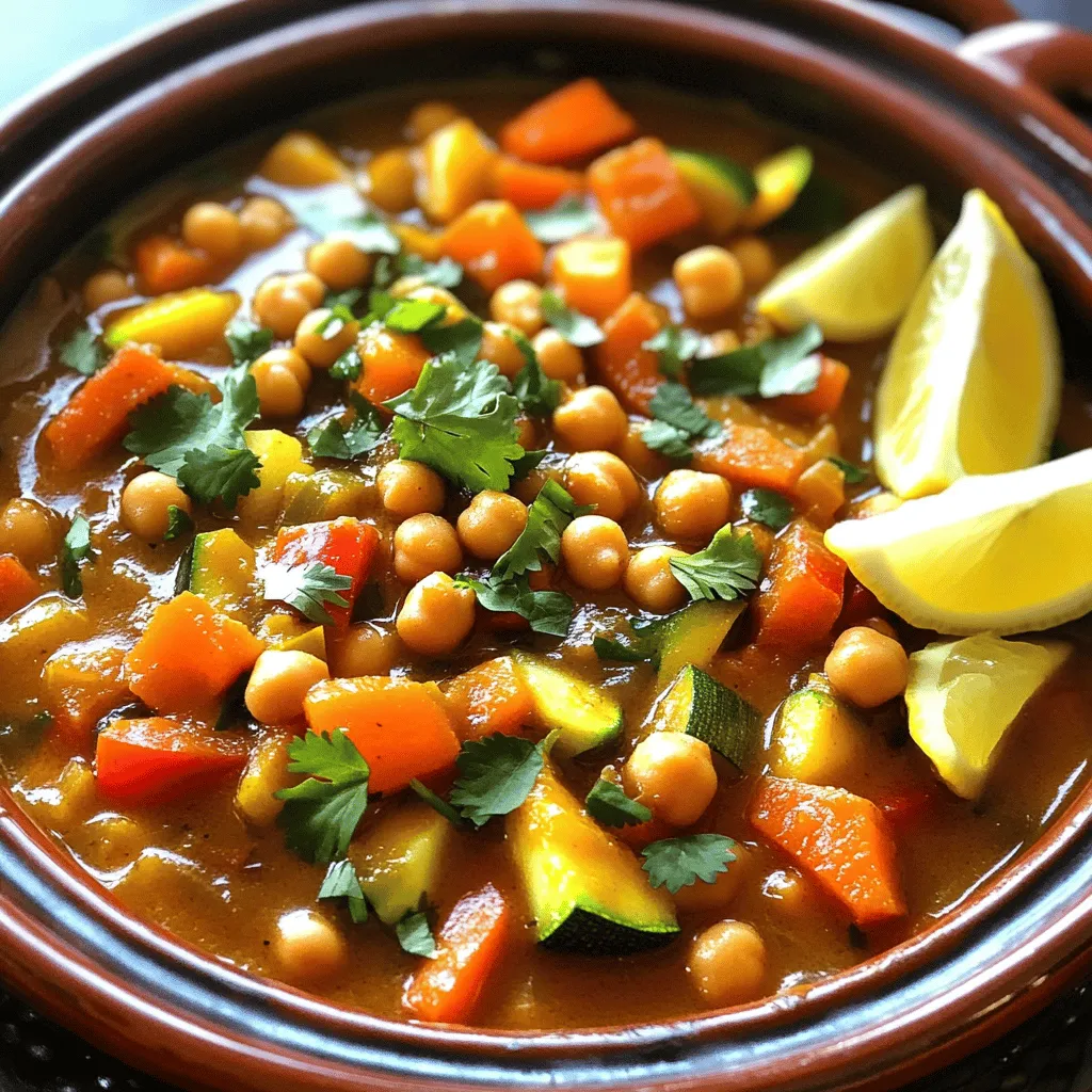 To make a tasty Moroccan chickpea tagine, gather these key ingredients: - 2 tablespoons olive oil - 1 large onion, finely chopped - 3 cloves garlic, minced - 1-inch piece of fresh ginger, grated - 1 teaspoon ground cumin - 1 teaspoon ground coriander - 1 teaspoon ground cinnamon - 1 teaspoon smoked paprika - 1 can (15 oz) chickpeas, thoroughly drained and rinsed - 1 large carrot, diced into small cubes - 1 red bell pepper, chopped into bite-sized pieces - 1 zucchini, chopped into half-moon slices - 1 can (14 oz) diced tomatoes with liquid - 1 cup vegetable broth - 1/2 cup dried apricots, chopped into small bits - Salt and freshly ground black pepper to taste - Fresh cilantro or parsley leaves for garnish - Lemon wedges for brightening the dish Each ingredient plays a role in creating a rich and hearty flavor. Olive oil gives a smooth base for the dish. The onion, garlic, and ginger add depth. The spices—cumin, coriander, cinnamon, and smoked paprika—bring warmth and aroma. Chickpeas provide protein, while the vegetables add texture and color. Diced tomatoes and vegetable broth create a savory sauce. Dried apricots add a touch of sweetness. Use salt and pepper as needed to enhance the flavors. Fresh herbs like cilantro or parsley add a lovely finish. Lemon wedges brighten every bite. For the full recipe, check out the [Full Recipe]. Start by warming 2 tablespoons of olive oil in a large tagine or Dutch oven over medium heat. When the oil is hot, add the finely chopped onion. Sauté the onion for about 5 minutes. It should become soft and translucent. Next, stir in 3 cloves of minced garlic and a 1-inch piece of grated ginger. Cook this mix for another minute. You want the garlic to release its sweet aroma. Now, it’s time for the spices! Sprinkle in 1 teaspoon each of ground cumin, ground coriander, ground cinnamon, and smoked paprika. Stir well. This will coat the onions and intensify the flavors. Add the main ingredients: 1 can of rinsed chickpeas, 1 diced carrot, 1 chopped red bell pepper, and 1 chopped zucchini. Mix everything together. The colors should be vibrant and enticing. Pour in 1 can of diced tomatoes and 1 cup of vegetable broth. Stir to combine all the ingredients. Bring the mixture to a gentle simmer over medium heat. Add 1/2 cup of chopped dried apricots, then cover the pot with a lid. Lower the heat and let it simmer. Cook for about 25-30 minutes. This allows the vegetables to become tender and the flavors to meld beautifully. Before serving, taste the tagine. Season with salt and freshly ground black pepper to your liking. Garnish with fresh cilantro or parsley leaves for a nice touch. Serve hot with lemon wedges on the side. This will add a burst of fresh flavor to your dish. For the full recipe, check out the detailed instructions above. Enjoy your delicious Moroccan Chickpea Tagine! - Heating oil and proper sautéing techniques: Start by warming the olive oil over medium heat. This helps to bring out the rich flavors of your onion and spices. Make sure not to let it smoke. Add the onion first and sauté until it is soft. This step builds a tasty base for your dish. - Adjusting seasoning for personal taste: Taste as you go. The spices in this tagine are strong. You may want more salt or pepper. Adding a pinch at a time lets you control the flavor. You can also add more spices if you prefer a bolder taste. - Ensuring even vegetable tenderness: Cut your vegetables into similar sizes. This helps them cook evenly. Stir the mix often to prevent burning. If you notice some veggies cooking faster, lower the heat a bit. - Traditional serving style: For an authentic touch, serve the tagine in the cooking pot. This adds a rustic feel to your meal. It also keeps the dish warm longer. - Pairing with sides like couscous or bread: Fluffy couscous makes a great side. It soaks up the sauce well. Crusty bread is also a good choice for dipping and enjoying every bit of flavor. Garnish your dish with fresh herbs for color and a pop of freshness. You can find the Full Recipe [here](#). {{image_4}} You can switch out vegetables to change the taste of your Moroccan chickpea tagine. Use sweet potatoes for a richer flavor. You might like adding spinach or kale for extra greens. If you want to switch the legumes, try lentils or black beans. They also absorb the spices well and add great texture. For a heartier dish, think about adding proteins. Chicken or lamb can make it more filling. Tofu is a great choice for a plant-based option. To adjust the heat, add chili powder or fresh chilies. Start with a little and taste as you go. You can also add fresh herbs like cilantro or parsley at the end. They brighten the dish and add a pop of flavor. Consider using mint for a unique twist. For more details on creating this dish, check the Full Recipe. To keep your Moroccan chickpea tagine fresh, follow these easy tips: - Refrigeration Tips for Leftovers: Place any leftover tagine in an airtight container. It will stay fresh for up to 4 days in the fridge. Make sure to let it cool down before sealing it. This helps to prevent condensation, which can make your tagine watery. - Freezing for Extended Storage: If you want to keep it longer, freeze the tagine. Use a freezer-safe container or a heavy-duty freezer bag. It can last for up to 3 months in the freezer. When ready to eat, thaw it overnight in the fridge. To enjoy your tagine again, reheating is key. Here are some simple methods: - Techniques to Retain Flavor and Texture: When reheating, add a splash of vegetable broth or water. This keeps the tagine moist and flavorful. Stir gently while reheating to prevent sticking. - Tips for Microwave Versus Stovetop Reheating: For the microwave, use a microwave-safe bowl. Cover it loosely with a lid to allow steam to escape. Heat in short bursts, stirring in between. If using the stovetop, heat on low in a pan. Stir often until it's heated through. This way, you keep the delicious texture. Enjoy your Moroccan chickpea tagine just as much as the first time! For the full recipe, check out the recipe link. What is the origin of chickpea tagine? Chickpea tagine comes from Morocco. It is a staple dish in Moroccan kitchens. This dish reflects the rich spices and flavors of North African cuisine. You can find it in homes and restaurants across Morocco. How long does chickpea tagine last in the fridge? Chickpea tagine can last up to five days in your fridge. Store it in an airtight container. Always let it cool to room temperature before placing it in the fridge. Can I make this dish vegan? Yes! Chickpea tagine is naturally vegan. It contains no meat or dairy. This makes it a great option for plant-based diets. What can I serve with Moroccan Chickpea Tagine? You can serve this tagine with fluffy couscous or warm bread. It pairs well with a fresh salad, too. For extra flavor, try adding a side of yogurt or tahini sauce. How can I enhance the flavor of my tagine? To boost flavor, try adding fresh herbs like cilantro or mint. A squeeze of lemon juice brightens the dish. You can also add more spices, like cayenne or turmeric, for extra warmth. Nutritional information and benefits Chickpea tagine is full of fiber and protein. This makes it filling and good for your health. The spices also contain antioxidants, which can help fight inflammation. Suggestions for homemade variations You can change the vegetables based on your taste. Try adding sweet potatoes, spinach, or eggplant. For added protein, include tofu or tempeh. [Full Recipe](#) for detailed instructions. Moroccan Chickpea Tagine combines rich flavors and healthy ingredients. It’s made with chickpeas, veggies, and spices, creating a delightful meal. With simple steps, you can prepare this dish easily. Remember to adjust seasoning to fit your taste. Store leftovers properly for the best flavor, and feel free to experiment with variations. This dish offers warmth and nourishment, perfect for any meal. Try it out, and enjoy the taste of Morocco right at home.