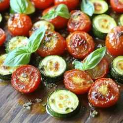 - 2 medium zucchinis, cut into half-moon slices - 1 pint cherry tomatoes, halved - 3 cloves of garlic, finely minced - 3 tablespoons extra-virgin olive oil - 1 teaspoon dried oregano - Sea salt and freshly cracked black pepper, to taste The essential ingredients are simple yet packed with flavor. Zucchini adds a light texture, while cherry tomatoes bring sweetness. Garlic gives a nice kick. Olive oil helps everything roast beautifully. Oregano adds a touch of earthiness, and salt and pepper enhance all those tastes. - 1 teaspoon balsamic vinegar - Fresh herbs, like basil or parsley While the essential ingredients shine on their own, you might want to add balsamic vinegar for a tangy twist. Fresh herbs like basil or parsley can also brighten the dish. They add color and flavor, making your meal more vibrant. - Baking sheet - Mixing bowl - Spatula You need just a few tools for this recipe. A baking sheet is key for roasting the veggies. A mixing bowl helps you combine everything easily. A spatula is perfect for tossing the ingredients and spreading them out on the sheet. These tools make cooking fun and straightforward. For the full recipe, check out the details above. 1. Preheat the oven: Start by setting your oven to 425°F (220°C). This high heat helps the veggies get nicely roasted. 2. Wash and cut vegetables: Rinse the zucchinis and cherry tomatoes under cool water. Cut the zucchinis into half-moon slices. Halve the cherry tomatoes for even cooking. 1. Combine zucchinis and tomatoes: In a large mixing bowl, toss the sliced zucchinis and halved tomatoes together. 2. Add seasonings and mix: Now, add the minced garlic, olive oil, dried oregano, balsamic vinegar, salt, and pepper to the bowl. Mix well with your hands or a spatula. Make sure every piece is coated. 1. Spread mixture on baking sheet: Pour the vegetable mixture onto a baking sheet, spreading it out in a single layer. This helps all the pieces cook evenly. 2. Roasting time and temperature: Place the baking sheet in your preheated oven. Roast for 20-25 minutes. Look for tender zucchini and slightly blistered tomatoes. For the full recipe, check the earlier sections of this article. Enjoy the delicious flavors of your roasted zucchini and tomatoes! For great roasted zucchini and tomatoes, even layering is key. Spread your veggies in a single layer on the baking sheet. This helps them cook evenly. If they are piled up, some will steam instead of roast. Set your oven to 425°F (220°C). This is the ideal temperature for roasting. It ensures that the edges get crispy while the centers stay tender. To boost flavor, consider extra seasonings. You can add red pepper flakes for heat or lemon zest for a fresh taste. Herbs like thyme or rosemary also work well. For garnishing, torn fresh basil leaves add color and a burst of flavor. Drizzle a bit of balsamic vinegar on top before serving. This adds a nice tang. One big mistake is overcrowding the baking sheet. If you fill it too much, the veggies will not roast right. Instead, they will steam and turn mushy. Another mistake is not using enough oil. A good amount of olive oil helps the veggies brown and adds flavor. Aim for about three tablespoons, as in the Full Recipe. {{image_4}} You can easily change this recipe based on the season. Adding different vegetables is a great way to switch things up. Try bell peppers, asparagus, or squash. Each veggie brings its own taste and texture, making every dish unique. Using seasonal herbs can also boost flavor. In summer, fresh basil shines. In fall, try sage or thyme. These herbs add fresh notes and enhance the dish. This dish works well for many diets. For vegan options, skip the cheese and focus on the veggies. You can also add nuts for crunch. This keeps it hearty without dairy. If you need a gluten-free meal, you're in luck! This recipe is naturally gluten-free. Just make sure any added ingredients are also gluten-free. This way, everyone can enjoy the meal without worry. Want to change the flavor? Incorporating spices can help. Try red pepper flakes for heat or smoked paprika for depth. Each spice gives the dish a new twist. Using different vinegars can also change the taste. Swap balsamic for red wine vinegar or apple cider vinegar. Each option adds its unique zing, making your roasted veggies even more exciting. For the full recipe, check out the details above. To store leftovers, let the roasted zucchini and tomatoes cool first. Place them in an airtight container. They will stay fresh in the fridge for up to three days. If you want to keep them longer, consider freezing. For long-term storage, freezing is a great option. First, make sure the vegetables are fully cooled. Next, spread them on a baking sheet in a single layer. Freeze until solid, about one to two hours. After that, transfer them to a freezer-safe bag or container. They will last for up to three months in the freezer. To reheat, use the oven for the best results. Preheat it to 350°F (175°C). Spread the vegetables on a baking sheet. Heat for about 10 to 15 minutes, or until warm. You can also use the microwave, but it may make them a bit soggy. For crispness, stick to the oven. Enjoy your delicious roasted zucchini and tomatoes again! If you need more details on making this dish, check out the Full Recipe. How long does it take to roast zucchini and tomatoes? Roasting zucchini and tomatoes takes about 20-25 minutes. You want them tender and slightly caramelized. Preheat your oven to 425°F (220°C) to get the best results. Can I use other vegetables in this recipe? Yes, you can add veggies like bell peppers, eggplant, or onions. Each vegetable will add its own flavor. Just cut them into similar sizes for even cooking. What can I substitute for olive oil? You can use canola oil or avocado oil instead of olive oil. These oils work well and have a neutral taste. They also help the veggies roast nicely. Can I use canned tomatoes instead of fresh? Yes, you can use canned tomatoes. Drain them well to avoid excess moisture. However, fresh tomatoes give a better texture and flavor in this dish. What can I serve with roasted zucchini and tomatoes? Roasted zucchini and tomatoes pair well with grilled chicken or fish. You can also serve them over a bed of quinoa or pasta. How to incorporate leftovers into other meals? Use leftovers in salads, wraps, or omelets. They add great flavor to any dish. Just warm them up gently before adding to your meal. This blog post covered a simple and tasty way to roast zucchini and tomatoes. We discussed key ingredients, necessary tools, and easy steps. Remember to layer evenly for the best results. Don’t be afraid to mix in your favorite spices or herbs. Storage tips help keep your dish fresh, and the FAQs answer common questions. Enjoy this healthy dish while trying out your own variations. Cooking shouldn't be hard, and with these tips, it can be fun and flavorful. Happy roasting!