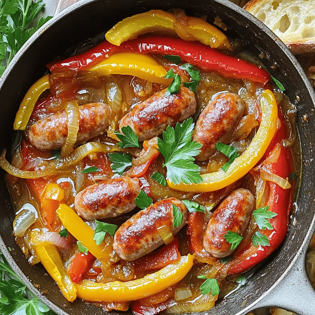 For this tasty one-pan sausage and peppers dish, gather the following items: - 4 links Italian sausages (mild or spicy) - 2 tablespoons extra virgin olive oil - 1 large onion, thinly sliced - 2 bell peppers (one red and one yellow), thinly sliced - 2 cloves fresh garlic, finely minced - 1 teaspoon dried oregano - 1 teaspoon smoked paprika - Salt and freshly cracked black pepper to taste - Fresh parsley, roughly chopped (for garnish) - Crusty bread (for serving, optional) You can swap ingredients based on what you have. Here are some ideas: - Use chicken or turkey sausage instead of Italian sausages for a lighter option. - For a sweeter flavor, replace yellow bell pepper with orange or green. - If you don’t have fresh garlic, use garlic powder (1/4 teaspoon equals one clove). - Substitute fresh parsley with basil or cilantro for a different taste. Quality makes a big difference in taste. Here’s how to select the best: - Look for sausages with natural casings. They should feel firm and have a nice color. - Choose fresh vegetables. They should feel crisp and vibrant with no soft spots. - Opt for extra virgin olive oil for the best flavor. It should smell fruity and fresh. - Use fresh herbs whenever possible. They add bright flavors that dry herbs can’t match. This dish is simple yet packed with flavor. You can find the full recipe above to start cooking! Gather your ingredients first. This makes cooking easier. You need: - 4 links Italian sausages - 2 tablespoons extra virgin olive oil - 1 large onion - 2 bell peppers (1 red, 1 yellow) - 2 cloves fresh garlic - 1 teaspoon dried oregano - 1 teaspoon smoked paprika - Salt and black pepper - Fresh parsley (for garnish) Slice the onion and bell peppers thinly. Mince the garlic. Set everything aside. Heat the olive oil in a large skillet over medium heat. Wait until it shines. Add the sausages carefully. Cook them for about 5-7 minutes. Turn them often. You want them browned on all sides. Once done, move them to a plate. Use the same skillet for the vegetables. Add the sliced onion and bell peppers. Sauté for 5-6 minutes. Stir them so they cook evenly. They should soften and become tender. After that, add the minced garlic. Sprinkle in the oregano, smoked paprika, salt, and pepper. Cook for 1-2 minutes. This will fill your kitchen with a lovely aroma. Now it's time to bring it all together. Slice the browned sausages into thick pieces. Add them back to the skillet. Stir everything gently. Cover the skillet and let it simmer for 10-12 minutes. This helps the sausages cook through. The flavors will mix beautifully. Taste it and adjust the salt and pepper if needed. At the end, sprinkle fresh parsley on top. This adds color and freshness. Serve your dish warm. Enjoy the full recipe for more details! To cook sausages well, choose quality ones. Look for fresh, well-seasoned Italian sausages. Heat your skillet on medium to avoid burning. Brown the sausages for 5-7 minutes. This gives them a nice crust. After browning, remove them from the skillet. Slice them into thick pieces before returning them to the pan. This allows the flavors to mix well. Sautéing vegetables correctly brings out their best flavors. Start with hot oil in the pan. Use enough oil so the veggies don’t stick. Add your sliced onions first. They take longer to soften. Stir them for 2-3 minutes before adding bell peppers. Cook for about 5-6 minutes. The veggies should be tender but still bright in color. Always add garlic last. It cooks quickly and can burn. Seasonings make your dish pop. Use fresh herbs when possible. They add great taste and aroma. For this recipe, dried oregano and smoked paprika are key. These spices add depth to the dish. Don’t forget salt and pepper. Taste as you cook. Adjust the seasoning to your liking. A touch of fresh parsley at the end adds color and freshness. For more options, check the Full Recipe for different ideas. {{image_4}} You can change the taste by using different sausages. Try chicken, turkey, or pork. Each type brings a unique flavor. If you like spice, go for chorizo. For a milder dish, use sweet Italian sausage. Experimenting with these options keeps the meal exciting. You don’t have to stick with just bell peppers and onions. Use zucchini, mushrooms, or even eggplant. For a touch of sweetness, try adding cherry tomatoes. These swaps make the dish colorful and tasty. You can also add leafy greens like spinach for extra nutrition. Serve your dish with crusty bread for soaking up juices. A side salad adds freshness and crunch. Pair it with rice or pasta for a heartier meal. For drinks, a light white wine or sparkling water complements the flavors. These ideas will make your meal more enjoyable. For the full recipe, check out the Sizzling One-Pan Sausage and Peppers Extravaganza. After you make One Pan Sausage and Peppers, let it cool down. Store it in an airtight container. It stays fresh for 3 to 4 days in the fridge. Keeping it sealed helps prevent moisture loss and keeps flavors intact. You can freeze this dish for longer storage. Place cooled sausage and peppers in freezer-safe bags. Make sure to remove as much air as possible. This dish can last in the freezer for up to 3 months. To eat, just thaw it in the fridge overnight. To reheat, use the stovetop for the best taste. Heat a skillet over medium heat. Add a splash of water or broth to prevent sticking. Stir until warm, about 5 to 10 minutes. You can also use the microwave, but it may not taste as fresh. Heat in short bursts, stirring in between, until warm. Enjoy your flavorful meal again! Cooking sausage and peppers takes about 30 minutes. You will spend 10 minutes prepping the ingredients. Then, cook the sausages for 5-7 minutes until browned. After that, sauté the vegetables for about 5-6 minutes. Finally, simmer the dish for 10-12 minutes. This timing gives you a tasty meal without much fuss. Yes, you can make this dish ahead of time. Cook it as directed, then let it cool. Store it in an airtight container in the fridge. It will stay fresh for up to three days. When ready to eat, just reheat it on the stove or in the microwave. The flavors will still be great! You can serve one-pan sausage and peppers with many sides. Here are a few ideas: - Crusty bread to soak up the juices - A simple green salad for freshness - Garlic bread for extra flavor - Pasta or rice for a heartier meal These sides will make your meal even more enjoyable! For the complete dish, check out the Full Recipe. This guide covered key elements for making one-pan sausage and peppers. We reviewed ingredients, cooking steps, and useful tips. Remember to choose quality ingredients for the best taste. Variations let you customize the dish, while smart storage keeps leftovers fresh. With these insights, you can enjoy a delicious meal with ease. I hope you feel ready to cook and explore new flavors. Happy cooking!